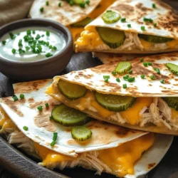 - 2 cups cooked chicken, shredded - 1 cup dill pickle slices, chopped - 1 cup shredded cheddar cheese - 1 cup ranch dressing - 6 large flour tortillas - 2 tablespoons olive oil - 1 teaspoon garlic powder - 1 teaspoon onion powder - Salt and pepper to taste - Fresh chives, finely chopped For this recipe, I love using cooked chicken. Shredded chicken is perfect for mixing with the other flavors. I often use rotisserie chicken for ease. It saves time and adds great taste. Dill pickle slices bring a nice crunch and tang. You can chop them into smaller pieces for easier bites. The cheese is vital for that melty goodness. I like sharp cheddar for its bold flavor, but you can choose your favorite. Ranch dressing binds the ingredients together and adds creaminess. I recommend using a good quality ranch for the best flavor. The tortillas are the base of the quesadilla. Choose large flour tortillas for a perfect fold. They hold the filling well and crisp up nicely. Olive oil helps to get that golden crust. Garlic and onion powder add extra depth to the quesadilla. Add salt and pepper to taste. This simple step enhances all the flavors. Finally, fresh chives on top give a pop of color and freshness. The combination of these ingredients makes the Pickle Ranch Chicken Quesadillas a hit at any meal. For the full recipe, refer to the recipe section. To make the filling, start by mixing the shredded chicken, chopped pickles, and ranch dressing in a large bowl. Stir well until everything is coated in the dressing. Next, add garlic powder, onion powder, salt, and pepper to taste. This mix gives the quesadillas a savory and tangy flavor that you will love. Heat two tablespoons of olive oil in a skillet over medium heat. Make sure the oil is hot but not smoking. Place one tortilla in the skillet and sprinkle 1/4 cup of shredded cheddar cheese on half of it. Spoon a good amount of the chicken and pickle mixture onto the cheesy half. Fold the tortilla in half, pressing gently to seal it. Cook for about 3-4 minutes until the bottom is golden brown. Flip the quesadilla carefully and cook for another 3-4 minutes until the other side is also golden and the cheese has melted. Repeat this with the remaining tortillas and filling. Once cooked, take the quesadillas out of the skillet and place them on a cutting board. Cut each quesadilla into wedges. Arrange them on a colorful platter for a nice presentation. Garnish with finely chopped fresh chives for a pop of color. Serve with a small bowl of ranch dressing for dipping. For the full recipe, check the details above. - Ensure oil is hot but not smoking. This helps your quesadillas crisp up nicely. - Don’t overfill the tortillas. Filling too much makes them hard to fold and cook properly. - Serve with additional ranch dressing for dipping. It adds a creamy touch to each bite. - Use a colorful platter for presentation. A great look can make your meal more fun. - To reheat quesadillas, place them in a skillet over low heat. This keeps them crispy. - Possible fillings for leftover chicken include beans, cheese, or even veggies. Mix and match for new flavors! For the full recipe, check out the Pickle Ranch Chicken Quesadillas section above. {{image_4}} You can switch up the cheese in your quesadillas. Try using mozzarella for a mild flavor. Pepper jack cheese adds a little kick. Mix and match to find your favorite! For a tasty vegetarian option, skip the chicken. Use mushrooms or bell peppers instead. Sauté them first to bring out their flavor. This version is still full of taste! Want some heat? Add jalapeños or a splash of hot sauce to the filling. This will give your quesadillas a spicy kick that many enjoy. Spice it up to match your taste! To keep your quesadillas fresh, put them in an airtight container. Make sure the quesadillas cool down before covering them. This step prevents moisture buildup. You can also wrap them in plastic wrap. This helps to maintain their flavor and texture. To save quesadillas for later, freeze them. First, let them cool completely. Then, wrap each one in foil. Place the wrapped quesadillas in a freezer bag. Make sure to remove as much air as possible. For reheating, take them out of the freezer the night before. Let them thaw in the fridge. You can reheat them in a skillet or microwave. If using a skillet, warm over low heat until heated through. In the fridge, quesadillas stay fresh for up to three days. For best taste, eat them within two days. If you freeze them, they are good for up to three months. Always check for changes in smell or texture before eating. If anything seems off, it’s best to throw them away. If you need a ranch substitute, try these options: - Greek yogurt mixed with herbs - Sour cream with dill - Caesar dressing for a twist - Homemade avocado dressing Each choice gives a tasty flavor. You can even mix ranch with hot sauce for a spicy kick. Yes, you can prepare these quesadillas in advance. - Assemble the quesadillas and keep them in the fridge. - Use parchment paper between each one to avoid sticking. - Cook them when you’re ready, for fresh and warm bites. This method saves time on busy nights and keeps your meal quick. To make gluten-free quesadillas, swap regular tortillas for gluten-free ones. - Look for brands made from rice or corn. - Check labels to ensure they meet your needs. This way, everyone can enjoy tasty quesadillas! For the full recipe, check out the earlier section. This blog outlined how to make Pickle Ranch Chicken Quesadillas. We covered ingredients, step-by-step cooking, and storage tips. You learned variations for different tastes, plus ways to use leftovers. These quesadillas are tasty, easy, and fun. You can impress friends or enjoy them solo. Try out these ideas, and make them your own. Happy cooking!