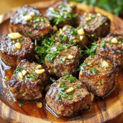 - 1 pound sirloin steak, cut into 1-inch cubes - 4 tablespoons unsalted butter, divided - 4 cloves garlic, minced - 1 teaspoon fresh thyme leaves (or ½ teaspoon dried thyme) - 1 teaspoon fresh rosemary, chopped (or ½ teaspoon dried rosemary) - Salt and pepper, to taste - 2 tablespoons olive oil - Optional: Fresh parsley, chopped for garnish When picking sirloin steak, choose bright red meat with good marbling. Good marbling means small white streaks of fat within the meat. This adds flavor and keeps the steak juicy. Avoid any steak that looks brown or has a lot of liquid in the package. You can swap thyme and rosemary for other herbs like oregano or basil. For butter, if you want a twist, try using garlic-infused olive oil instead. That will give a nice flavor to the dish, too. The Full Recipe makes it easy to create this dish at home. Enjoy cooking! How do I cut and season steak? Start with 1 pound of sirloin steak. Cut it into 1-inch cubes. Make sure your knife is sharp for clean cuts. Next, pat the cubes dry with paper towels. This step is key for a nice sear. Season the cubes with salt and pepper on all sides. This enhances the flavor and makes them more tasty. Why is drying steak cubes important? Drying the steak cubes helps them brown well. If they are wet, they will steam instead of sear. A good sear locks in juices and gives a crispy outside. This makes the steak bites tender and full of flavor. What are tips for achieving the perfect sear? Use a large skillet and heat it over medium-high heat. Add 2 tablespoons of olive oil when it's hot. Make sure to add the steak cubes in a single layer. Don’t overcrowd the pan. This ensures each piece gets a nice, brown crust. Sear each side for 2-3 minutes. For medium-rare, aim for an internal temp of around 130°F. How long should I cook the steak for different doneness? - Rare: 120°F (about 2-3 minutes per side) - Medium-rare: 130°F (about 3-4 minutes per side) - Medium: 140°F (about 4-5 minutes per side) - Medium-well: 150°F (about 5-6 minutes per side) - Well done: 160°F and above (about 6-7 minutes per side) How do I make the garlic butter sauce? After searing the steak, lower the heat to medium. Add the remaining 2 tablespoons of butter to the same skillet. Let it melt. Then, add 4 cloves of minced garlic, 1 teaspoon of thyme, and 1 teaspoon of rosemary. Cook for about 30 seconds. This mixture should smell amazing. Be careful not to burn the garlic. How do I combine flavors? Return the steak bites to the skillet. Toss them in the garlic butter sauce. Cook for an additional 1-2 minutes. This allows the flavors to mix well. The garlic butter will coat each bite, making them extra tasty. How can I plate the dish? Serve the steak bites on a large platter. You can also divide them onto individual plates. This makes for a great presentation. Drizzle any leftover garlic butter sauce over the top. It adds a nice shine and flavor. What are good garnishing ideas? Sprinkle freshly chopped parsley on top for color. You can also add other herbs like thyme or rosemary. This enhances the look and taste of the dish. What are the best serving suggestions? Pair these steak bites with creamy mashed potatoes or a fresh salad. The creamy texture balances the steak's richness. Enjoy this dish with friends and family for a great meal. For the full experience, check out the Full Recipe. - Overcrowding the skillet: This mistake leads to steaming. Always cook in batches. - Searing temperature considerations: A hot skillet is key. It gives that nice crust. - Seasoning errors: Don't skip salt and pepper. They boost the steak's natural flavor. - Adding more herbs or spices: Try more thyme or rosemary. You can also add paprika for a kick. - Incorporating vegetables into the dish: Mushrooms or bell peppers work well. They add color and taste. - Alternative cooking methods: You can grill or roast the steak bites. Each method gives a unique flavor. Experiment with the Full Recipe to make it your own. Enjoy the journey of flavor! {{image_4}} You can switch steak for chicken or shrimp in this recipe. Both options cook well and taste great with garlic butter. - For chicken, use boneless, skinless breasts. Cut them into 1-inch pieces. Cook them for 4-5 minutes on each side. You want them to reach an internal temperature of 165°F. - If you choose shrimp, use large, peeled shrimp. Cook them for 2-3 minutes per side until they turn pink and opaque. - Adjust the garlic butter sauce by adding lemon juice for a fresh twist, or keep it simple with just garlic and butter. You can enjoy this dish while meeting dietary needs. Here are some easy swaps. - For gluten-free, use gluten-free soy sauce instead of regular soy sauce if you want to add flavor. - To make it dairy-free, swap butter for a plant-based alternative like olive oil or vegan butter. - If you want a vegetarian version, use mushrooms or tofu. Cut them into bite-sized pieces and follow the same cooking steps for steak. These options keep the dish tasty and fun, letting everyone enjoy garlic butter steak bites! After cooking, let your garlic butter steak bites cool down. This step helps keep them fresh. Place them in an airtight container. Store the container in the fridge. They stay good for up to three days. When you're ready to enjoy them again, just reheat in a pan over low heat. This keeps the steak bites tender and juicy. To freeze garlic butter steak bites, first, let them cool completely. Then, place them in a freezer-safe bag or container. Remove as much air as possible to prevent freezer burn. They can stay frozen for up to three months. When you want to eat them, take the steak bites out of the freezer. Thaw them overnight in the fridge. For reheating, warm them in a skillet over medium heat, stirring gently. This method keeps them flavorful and soft. Enjoy these savory bites even after freezing! For more details and a full recipe, check the full recipe section above. To check if your steak is done, use a meat thermometer. Here are the internal temperatures for different doneness levels: - Rare: 120°F - Medium-rare: 130°F - Medium: 140°F - Medium-well: 150°F - Well done: 160°F You can also look for visual cues. For medium-rare, the steak should feel firm but have some give when pressed. The color should be mostly pink in the center. Yes, you can use frozen steak, but it needs to be thawed safely. The best way is to put it in the fridge overnight. If you need it faster, seal it in a bag and submerge it in cold water for about an hour. Using frozen steak may change its texture. It might be less tender than fresh steak. The flavor can also be affected, so it's best to use fresh steak when you can. For a balanced meal, consider these sides: - Creamy mashed potatoes - Grilled asparagus - Roasted Brussels sprouts - Fresh garden salad These sides blend well with the rich flavors of garlic butter. They add nice textures and colors to the plate. This blog post guides you through cooking garlic butter steak bites. You learned about ingredients, preparation, cooking, and presentation. I shared tips on avoiding common mistakes and enhancing flavor. Variations showed you how to adapt for different proteins or dietary needs. Lastly, I covered storage options to keep your dish fresh. With these tips in hand, you can create a delicious meal that impresses everyone. Enjoy the process and have fun experimenting in the kitchen. You’re now ready to cook like a pro!