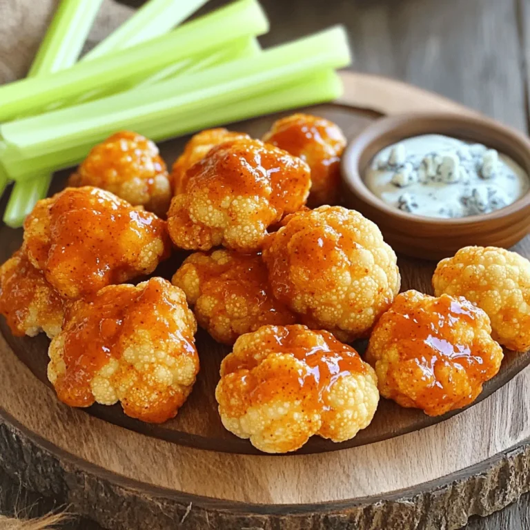- 1 large head of cauliflower - 1 cup all-purpose flour (or gluten-free) - 1 cup water - 1 teaspoon garlic powder - 1 teaspoon onion powder - 1 teaspoon smoked paprika - 1 teaspoon salt - 1 cup buffalo sauce (store-bought or homemade) - 2 tablespoons olive oil To make oven baked buffalo cauliflower wings, you need a few key ingredients. The main star is the cauliflower. Choose a large head for the best results. Cut it into bite-sized florets. This will help them cook evenly and be easy to eat. Next, you need flour. I like all-purpose flour, but if you want a gluten-free option, that works too! Mix the flour with water to create a batter. This batter will coat the cauliflower and give it a great texture. Seasoning makes your wings tasty. You need garlic powder, onion powder, smoked paprika, and salt. These spices add depth and flavor. Finally, the buffalo sauce brings the heat! You can use store-bought sauce or make your own. Add olive oil to the sauce for a richer taste. For the full recipe, check out the complete guide. - Set to 450°F (232°C) - Prepare baking sheet with parchment paper First, start by preheating your oven to 450°F (232°C). This high heat will help your cauliflower wings become crispy. While the oven heats, take a large baking sheet and line it with parchment paper. This will stop the florets from sticking and make cleanup easier. - Combine flour, water, and seasonings - Ensure a smooth consistency Next, grab a large mixing bowl. In it, mix one cup of all-purpose flour with one cup of water. Add in one teaspoon each of garlic powder, onion powder, smoked paprika, and salt. Whisk everything together until the batter is smooth. It should feel like pancake batter. This coating gives your cauliflower wings great flavor. - Coat florets with batter - Bake for 25 minutes until golden brown Now, take your cauliflower head and cut it into bite-sized florets. Dip each floret into the batter, making sure it is fully covered. Place the coated florets on the baking sheet in a single layer. Make sure there is space between each piece for even baking. Bake them for about 25 minutes until they're golden brown and crispy on the outside. - Mix buffalo sauce with olive oil - Coat baked cauliflower and bake for another 10-15 minutes While the cauliflower is baking, mix one cup of buffalo sauce with two tablespoons of olive oil in a small bowl. This blend adds richness to the sauce. After the first bake, take the cauliflower out of the oven. Use tongs to toss each piece in the buffalo sauce mixture. Make sure every floret is well-coated. Then, return them to the oven for another 10-15 minutes. This final bake will make them extra crispy and let the sauce caramelize slightly. Enjoy your cooking adventure! For the full recipe, refer to the detailed instructions above. To get that perfect crunch, timing is key. Bake the cauliflower for about 25 minutes first. This gives them a nice brown color. After adding the buffalo sauce, bake for another 10 to 15 minutes. This second round helps them get even crispier. Oven placement matters too. Place your baking sheet in the middle rack for even heat. This keeps the wings from burning on one side while cooking. Want to step up the flavor? Add spices to the batter. A pinch of cayenne pepper gives it heat. You can also try adding a dash of cumin for a warm touch. Choosing the right buffalo sauce is crucial. A good store-bought brand should be tangy and spicy. For a homemade sauce, mix hot sauce with melted butter and a bit of vinegar. This mix adds depth to the flavor. These cauliflower wings shine when paired with crunchy sides. Fresh celery sticks offer a cool crunch that balances the heat. You can also serve them with carrot sticks for added color and flavor. For dipping, creamy blue cheese dressing is a classic choice. Its rich taste complements the spicy wings perfectly. If you prefer a lighter option, try ranch dressing instead. {{image_4}} You can switch up the coating for your cauliflower wings. Instead of all-purpose flour, try almond flour. Almond flour adds a nutty taste and is gluten-free. You can also make a vegan buttermilk. Mix plant-based milk with a little lemon juice. Let it sit for five minutes. This will mimic the creaminess of buttermilk and give the batter a rich flavor. Adjust the spice in your buffalo sauce to fit your taste. If you want more heat, add cayenne pepper. Start with a small amount and taste as you go. You can always add more, but you can’t take it out! For a milder option, try mixing in some honey or maple syrup. This will balance the heat and add a sweet twist. You can cook these cauliflower wings in an air fryer for a quick option. They will turn out crispy without using a lot of oil. Just follow the same batter steps and air fry at 400°F for about 15 minutes. For a smoky flavor, try grilling them. Grill them on medium heat for about 10 minutes, flipping halfway. This will give your wings a nice char and an added layer of taste. For the full recipe, check out the earlier section! Store your leftover buffalo cauliflower wings in an airtight container. This keeps them fresh and tasty. They will last up to four days in the fridge. Remember to let them cool before sealing. This helps prevent moisture buildup, which can make them soggy. For the best texture, reheat your wings in the oven. Preheat the oven to 350°F (175°C). Place the wings on a baking sheet and heat for about 10-15 minutes. This method keeps them crispy. If you're in a rush, you can use a microwave. Heat them in short bursts of 30 seconds until warm. However, they may lose some crispness this way. To freeze your cauliflower wings, follow these steps: 1. Allow them to cool completely. 2. Place them in a single layer on a baking sheet. 3. Freeze for about 1-2 hours until firm. 4. Transfer them to a freezer-safe bag or container, removing as much air as possible. When you're ready to enjoy them, thaw them overnight in the fridge. Reheat them in the oven at 350°F (175°C) for about 15-20 minutes. This brings back their crispy texture. For the full recipe, check out the detailed steps to make these delicious oven-baked buffalo cauliflower wings! To make Oven Baked Buffalo Cauliflower Wings, follow these simple steps: 1. Preheat your oven to 450°F (232°C). 2. Prepare a baking sheet with parchment paper. 3. In a bowl, mix 1 cup of flour, 1 cup of water, 1 teaspoon of garlic powder, 1 teaspoon of onion powder, 1 teaspoon of smoked paprika, and 1 teaspoon of salt. 4. Dip each cauliflower floret into the batter. Make sure to coat it well. 5. Place the coated florets on the baking sheet in a single layer. 6. Bake for 25 minutes or until golden brown. 7. While they bake, mix 1 cup of buffalo sauce with 2 tablespoons of olive oil in a bowl. 8. Toss the baked cauliflower in the buffalo sauce mixture. 9. Bake again for 10-15 minutes until crispy. 10. Let cool slightly before serving. You can find the full recipe above for more details. Yes, you can easily make these wings gluten-free. Just swap the all-purpose flour with gluten-free flour. Many brands offer great gluten-free mixes that work well in this recipe. You can also use almond flour or chickpea flour for a nutty flavor. Each option gives a slightly different taste and texture, so feel free to experiment! Making homemade buffalo sauce is easy! Here’s a simple recipe: - Combine 1 cup of hot sauce with ½ cup of melted butter. - Add 1 tablespoon of vinegar for extra tang. - Mix well until smooth. You can adjust the heat by adding cayenne pepper or other spices. This sauce is great for wings and adds a nice kick! Buffalo cauliflower wings pair well with several tasty sides: - Fresh celery sticks provide a crunchy contrast. - Carrot sticks add a sweet touch. - A creamy blue cheese dressing is classic for dipping. - You can also serve them with a side salad for a lighter meal. These sides enhance the flavors and make your meal more filling! This blog post showed you how to make delicious buffalo cauliflower wings. We covered the main ingredients, preparation steps, tips for crispiness, and variations to try. Remember, you can customize the spice levels and even store leftovers for later. Buffalo cauliflower wings are a great snack or meal. Enjoy experimenting with flavors and making it your own! Happy cooking!