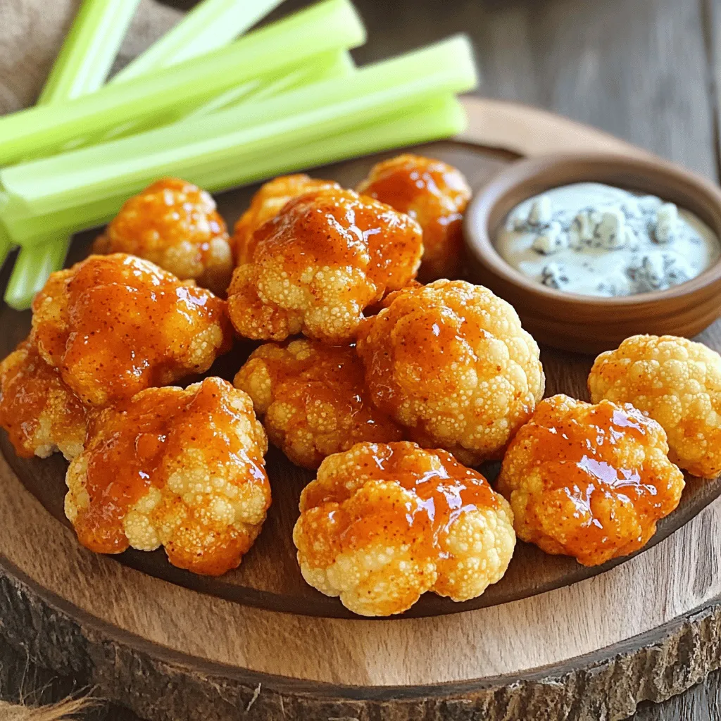 - 1 large head of cauliflower - 1 cup all-purpose flour (or gluten-free) - 1 cup water - 1 teaspoon garlic powder - 1 teaspoon onion powder - 1 teaspoon smoked paprika - 1 teaspoon salt - 1 cup buffalo sauce (store-bought or homemade) - 2 tablespoons olive oil To make oven baked buffalo cauliflower wings, you need a few key ingredients. The main star is the cauliflower. Choose a large head for the best results. Cut it into bite-sized florets. This will help them cook evenly and be easy to eat. Next, you need flour. I like all-purpose flour, but if you want a gluten-free option, that works too! Mix the flour with water to create a batter. This batter will coat the cauliflower and give it a great texture. Seasoning makes your wings tasty. You need garlic powder, onion powder, smoked paprika, and salt. These spices add depth and flavor. Finally, the buffalo sauce brings the heat! You can use store-bought sauce or make your own. Add olive oil to the sauce for a richer taste. For the full recipe, check out the complete guide. - Set to 450°F (232°C) - Prepare baking sheet with parchment paper First, start by preheating your oven to 450°F (232°C). This high heat will help your cauliflower wings become crispy. While the oven heats, take a large baking sheet and line it with parchment paper. This will stop the florets from sticking and make cleanup easier. - Combine flour, water, and seasonings - Ensure a smooth consistency Next, grab a large mixing bowl. In it, mix one cup of all-purpose flour with one cup of water. Add in one teaspoon each of garlic powder, onion powder, smoked paprika, and salt. Whisk everything together until the batter is smooth. It should feel like pancake batter. This coating gives your cauliflower wings great flavor. - Coat florets with batter - Bake for 25 minutes until golden brown Now, take your cauliflower head and cut it into bite-sized florets. Dip each floret into the batter, making sure it is fully covered. Place the coated florets on the baking sheet in a single layer. Make sure there is space between each piece for even baking. Bake them for about 25 minutes until they're golden brown and crispy on the outside. - Mix buffalo sauce with olive oil - Coat baked cauliflower and bake for another 10-15 minutes While the cauliflower is baking, mix one cup of buffalo sauce with two tablespoons of olive oil in a small bowl. This blend adds richness to the sauce. After the first bake, take the cauliflower out of the oven. Use tongs to toss each piece in the buffalo sauce mixture. Make sure every floret is well-coated. Then, return them to the oven for another 10-15 minutes. This final bake will make them extra crispy and let the sauce caramelize slightly. Enjoy your cooking adventure! For the full recipe, refer to the detailed instructions above. To get that perfect crunch, timing is key. Bake the cauliflower for about 25 minutes first. This gives them a nice brown color. After adding the buffalo sauce, bake for another 10 to 15 minutes. This second round helps them get even crispier. Oven placement matters too. Place your baking sheet in the middle rack for even heat. This keeps the wings from burning on one side while cooking. Want to step up the flavor? Add spices to the batter. A pinch of cayenne pepper gives it heat. You can also try adding a dash of cumin for a warm touch. Choosing the right buffalo sauce is crucial. A good store-bought brand should be tangy and spicy. For a homemade sauce, mix hot sauce with melted butter and a bit of vinegar. This mix adds depth to the flavor. These cauliflower wings shine when paired with crunchy sides. Fresh celery sticks offer a cool crunch that balances the heat. You can also serve them with carrot sticks for added color and flavor. For dipping, creamy blue cheese dressing is a classic choice. Its rich taste complements the spicy wings perfectly. If you prefer a lighter option, try ranch dressing instead. {{image_4}} You can switch up the coating for your cauliflower wings. Instead of all-purpose flour, try almond flour. Almond flour adds a nutty taste and is gluten-free. You can also make a vegan buttermilk. Mix plant-based milk with a little lemon juice. Let it sit for five minutes. This will mimic the creaminess of buttermilk and give the batter a rich flavor. Adjust the spice in your buffalo sauce to fit your taste. If you want more heat, add cayenne pepper. Start with a small amount and taste as you go. You can always add more, but you can’t take it out! For a milder option, try mixing in some honey or maple syrup. This will balance the heat and add a sweet twist. You can cook these cauliflower wings in an air fryer for a quick option. They will turn out crispy without using a lot of oil. Just follow the same batter steps and air fry at 400°F for about 15 minutes. For a smoky flavor, try grilling them. Grill them on medium heat for about 10 minutes, flipping halfway. This will give your wings a nice char and an added layer of taste. For the full recipe, check out the earlier section! Store your leftover buffalo cauliflower wings in an airtight container. This keeps them fresh and tasty. They will last up to four days in the fridge. Remember to let them cool before sealing. This helps prevent moisture buildup, which can make them soggy. For the best texture, reheat your wings in the oven. Preheat the oven to 350°F (175°C). Place the wings on a baking sheet and heat for about 10-15 minutes. This method keeps them crispy. If you're in a rush, you can use a microwave. Heat them in short bursts of 30 seconds until warm. However, they may lose some crispness this way. To freeze your cauliflower wings, follow these steps: 1. Allow them to cool completely. 2. Place them in a single layer on a baking sheet. 3. Freeze for about 1-2 hours until firm. 4. Transfer them to a freezer-safe bag or container, removing as much air as possible. When you're ready to enjoy them, thaw them overnight in the fridge. Reheat them in the oven at 350°F (175°C) for about 15-20 minutes. This brings back their crispy texture. For the full recipe, check out the detailed steps to make these delicious oven-baked buffalo cauliflower wings! To make Oven Baked Buffalo Cauliflower Wings, follow these simple steps: 1. Preheat your oven to 450°F (232°C). 2. Prepare a baking sheet with parchment paper. 3. In a bowl, mix 1 cup of flour, 1 cup of water, 1 teaspoon of garlic powder, 1 teaspoon of onion powder, 1 teaspoon of smoked paprika, and 1 teaspoon of salt. 4. Dip each cauliflower floret into the batter. Make sure to coat it well. 5. Place the coated florets on the baking sheet in a single layer. 6. Bake for 25 minutes or until golden brown. 7. While they bake, mix 1 cup of buffalo sauce with 2 tablespoons of olive oil in a bowl. 8. Toss the baked cauliflower in the buffalo sauce mixture. 9. Bake again for 10-15 minutes until crispy. 10. Let cool slightly before serving. You can find the full recipe above for more details. Yes, you can easily make these wings gluten-free. Just swap the all-purpose flour with gluten-free flour. Many brands offer great gluten-free mixes that work well in this recipe. You can also use almond flour or chickpea flour for a nutty flavor. Each option gives a slightly different taste and texture, so feel free to experiment! Making homemade buffalo sauce is easy! Here’s a simple recipe: - Combine 1 cup of hot sauce with ½ cup of melted butter. - Add 1 tablespoon of vinegar for extra tang. - Mix well until smooth. You can adjust the heat by adding cayenne pepper or other spices. This sauce is great for wings and adds a nice kick! Buffalo cauliflower wings pair well with several tasty sides: - Fresh celery sticks provide a crunchy contrast. - Carrot sticks add a sweet touch. - A creamy blue cheese dressing is classic for dipping. - You can also serve them with a side salad for a lighter meal. These sides enhance the flavors and make your meal more filling! This blog post showed you how to make delicious buffalo cauliflower wings. We covered the main ingredients, preparation steps, tips for crispiness, and variations to try. Remember, you can customize the spice levels and even store leftovers for later. Buffalo cauliflower wings are a great snack or meal. Enjoy experimenting with flavors and making it your own! Happy cooking!