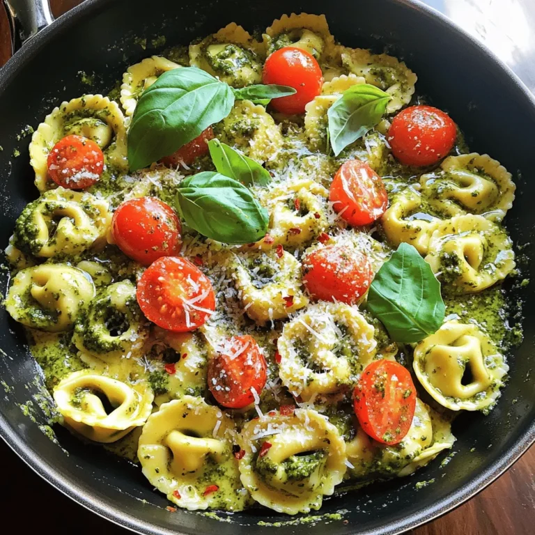 - 12 oz cheese tortellini (fresh or frozen) - 1 cup heavy cream - 1/2 cup basil pesto (store-bought or homemade) - 1/2 cup grated Parmesan cheese - 2 cloves garlic, minced - 1 cup cherry tomatoes, halved - 1 tablespoon olive oil - Salt and black pepper to taste - Red pepper flakes (optional for a spicy kick) To make creamy pesto tortellini, gather these ingredients. Start with cheese tortellini. You can use fresh or frozen, depending on what you have. Heavy cream adds richness to the dish. Basil pesto gives the dish its fresh, herby flavor. Next, you need some extra ingredients. Grated Parmesan cheese adds a salty kick. Minced garlic brings warmth to the sauce. Cherry tomatoes add a pop of sweetness. Olive oil helps cook the garlic without burning it. Season your dish with salt, black pepper, and optional red pepper flakes for heat. This list covers what you need for a delicious meal. You can find the full recipe to guide you through the cooking process. Enjoy making this dish! Start by boiling the cheese tortellini. Follow the package instructions. Cook until al dente. Drain the tortellini and set it aside for later. In a large skillet, heat the olive oil over medium heat. Once the oil is hot, add the minced garlic. Sauté the garlic for about one minute. Stir constantly until it smells great and becomes soft but not brown. Next, lower the heat and pour in the heavy cream. Stir it well to mix. Let it heat gently until it starts to simmer. Be careful not to let it boil. Now, add the basil pesto and grated Parmesan cheese to the cream. Stir until the sauce is smooth and the cheese melts. Gently fold in the cooked tortellini and halved cherry tomatoes. Toss them together so each piece gets coated with the sauce. Add salt and black pepper to taste. If you like some heat, sprinkle in red pepper flakes. Continue cooking on low for two to three minutes. This lets all the flavors blend. Remove the skillet from heat and let it sit for a minute. This helps the sauce thicken. Before serving, garnish with fresh basil leaves and more Parmesan cheese for a lovely finish. For the full recipe, check the details above. - Choosing fresh vs. frozen tortellini: Fresh tortellini offers a tender texture and rich flavor. It cooks quickly in just a few minutes. Frozen tortellini has convenience and longer shelf life. Both options work well, so choose based on your needs. - How to prevent overcooking tortellini: Always watch the clock. Cook tortellini until al dente, which means it should be firm to bite. You can test a piece a minute or two before the package time ends. Drain it right away to stop the cooking process. - Tips for making homemade basil pesto: Use fresh basil leaves and good-quality olive oil. Blend them with garlic, nuts, and cheese until smooth. Adjust the taste with salt and lemon juice. Homemade pesto shines with flavor and freshness. - Suggestions for additional herbs and spices: Try adding a pinch of red pepper flakes for heat. Fresh parsley or arugula can add depth. A squeeze of lemon juice brightens the dish. Experiment to find your favorite flavor combinations. - Creative serving ideas and garnishing techniques: Serve the tortellini in a large bowl for a family-style meal. Use a sprinkle of grated Parmesan on top for a nice touch. Add fresh basil leaves for color and aroma. Cherry tomatoes can add a pop of red, making it visually appealing. For the complete recipe, check out the Full Recipe section. {{image_4}} You can make creamy pesto tortellini even more fun by going vegetarian. Start with vegetable tortellini instead of cheese. This swap gives a fresh taste. You can find many types of vegetable tortellini at the store. Adding seasonal vegetables boosts nutrition and flavor. Think of zucchini, bell peppers, or spinach. Just sauté them lightly before mixing them into the dish. They add color and crunch. Want to make your creamy pesto tortellini heartier? Try adding protein! Grilled chicken or shrimp blends well with the dish. Cook them separately and mix them in at the end. This adds flavor and makes the meal filling. For plant-based options, tofu is a great choice. Cube and sauté it until golden. This simple addition gives a nice texture and absorbs the pesto flavor well. Looking to spice things up? Try a spicy pesto alternative. You can add red pepper flakes or use a spicy pesto sauce. This gives your dish a nice kick. You can also play with cheese combinations. Try mixing mozzarella or goat cheese with the Parmesan. This adds depth to the creamy sauce. Each choice gives a new twist to the classic recipe. Check out the Full Recipe for more ideas on making this dish your own! To store your creamy pesto tortellini, use a good container. I recommend glass or BPA-free plastic. Make sure it has a tight lid. This helps keep your food fresh and safe. - Place the tortellini in the container. - Let it cool to room temperature first. - Seal the container tightly before refrigerating. Storing in the fridge works well. You can keep it for up to three days. If you want to store it longer, consider freezing. Frozen creamy pesto tortellini lasts about two months. When it's time to enjoy leftovers, reheating is key. You can use the stove or microwave. Both methods work, but I prefer the stove for better taste. - For the stove, place the tortellini in a skillet over low heat. - Add a splash of cream or water. This keeps the sauce creamy. - Stir gently until it's heated through. If using the microwave, put the tortellini in a safe bowl. Cover it with a lid or microwave-safe wrap. Heat it in short bursts, stirring often. This helps avoid sauce separation. By following these steps, you can keep your creamy pesto tortellini as tasty as when you first made it! Yes, you can freeze creamy pesto tortellini. To do this, let it cool completely. Then, place it in an airtight container or a freezer bag. Make sure to remove as much air as possible. You can freeze it for up to three months. When ready to eat, thaw it in the fridge overnight. Then, reheat it on the stove over low heat. Add a splash of cream if the sauce is too thick. If you need a substitute for heavy cream, try one of these options: - Half-and-half - Milk with cornstarch - Coconut milk - Silken tofu blended until smooth These alternatives can work well in your creamy pesto tortellini. Each option will give a different taste, so choose what fits your dish best. To make creamy pesto tortellini vegetarian, you can skip any meat. Simply add more vegetables instead. You can use: - Spinach - Zucchini - Bell peppers - Mushrooms These ingredients will add flavor and texture to your dish. Feel free to mix and match based on your taste. Making creamy pesto tortellini takes about 20 minutes. Here’s how the time breaks down: - Prep time: 10 minutes - Cooking time: 10 minutes This quick recipe makes it perfect for a busy weeknight meal! Yes, using homemade pesto is a great choice! Homemade pesto often tastes fresher and more vibrant. You can easily make it by blending fresh basil, garlic, nuts, olive oil, and Parmesan. Check out my recipe for a quick homemade pesto. It will elevate your creamy pesto tortellini even more. Some great sides to serve with creamy pesto tortellini include: - Garlic bread - A fresh green salad - Roasted vegetables - Steamed broccoli These sides will complement your creamy pesto tortellini perfectly, making for a balanced meal. In this blog post, we explored how to make creamy pesto tortellini. We covered key ingredients, like cheese tortellini, heavy cream, and basil pesto. The step-by-step guide helped you cook tortellini, sauté garlic, and create a rich sauce. We also shared tips for great flavor and presentation, plus variations for dietary needs. Now, you can enjoy this delicious dish any time. With a few tweaks, it’s easy to make your own spin. Get creative and have fun in the kitchen!
