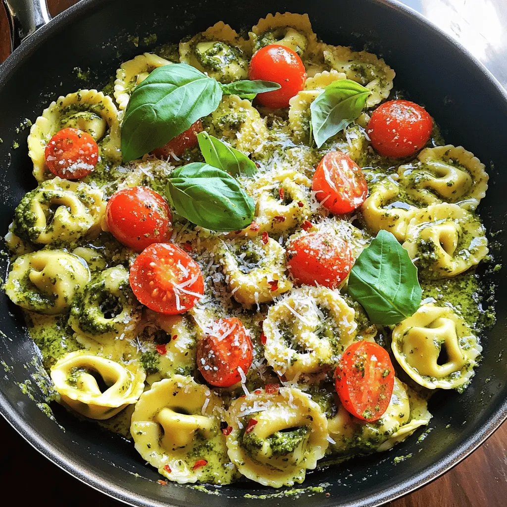 - 12 oz cheese tortellini (fresh or frozen) - 1 cup heavy cream - 1/2 cup basil pesto (store-bought or homemade) - 1/2 cup grated Parmesan cheese - 2 cloves garlic, minced - 1 cup cherry tomatoes, halved - 1 tablespoon olive oil - Salt and black pepper to taste - Red pepper flakes (optional for a spicy kick) To make creamy pesto tortellini, gather these ingredients. Start with cheese tortellini. You can use fresh or frozen, depending on what you have. Heavy cream adds richness to the dish. Basil pesto gives the dish its fresh, herby flavor. Next, you need some extra ingredients. Grated Parmesan cheese adds a salty kick. Minced garlic brings warmth to the sauce. Cherry tomatoes add a pop of sweetness. Olive oil helps cook the garlic without burning it. Season your dish with salt, black pepper, and optional red pepper flakes for heat. This list covers what you need for a delicious meal. You can find the full recipe to guide you through the cooking process. Enjoy making this dish! Start by boiling the cheese tortellini. Follow the package instructions. Cook until al dente. Drain the tortellini and set it aside for later. In a large skillet, heat the olive oil over medium heat. Once the oil is hot, add the minced garlic. Sauté the garlic for about one minute. Stir constantly until it smells great and becomes soft but not brown. Next, lower the heat and pour in the heavy cream. Stir it well to mix. Let it heat gently until it starts to simmer. Be careful not to let it boil. Now, add the basil pesto and grated Parmesan cheese to the cream. Stir until the sauce is smooth and the cheese melts. Gently fold in the cooked tortellini and halved cherry tomatoes. Toss them together so each piece gets coated with the sauce. Add salt and black pepper to taste. If you like some heat, sprinkle in red pepper flakes. Continue cooking on low for two to three minutes. This lets all the flavors blend. Remove the skillet from heat and let it sit for a minute. This helps the sauce thicken. Before serving, garnish with fresh basil leaves and more Parmesan cheese for a lovely finish. For the full recipe, check the details above. - Choosing fresh vs. frozen tortellini: Fresh tortellini offers a tender texture and rich flavor. It cooks quickly in just a few minutes. Frozen tortellini has convenience and longer shelf life. Both options work well, so choose based on your needs. - How to prevent overcooking tortellini: Always watch the clock. Cook tortellini until al dente, which means it should be firm to bite. You can test a piece a minute or two before the package time ends. Drain it right away to stop the cooking process. - Tips for making homemade basil pesto: Use fresh basil leaves and good-quality olive oil. Blend them with garlic, nuts, and cheese until smooth. Adjust the taste with salt and lemon juice. Homemade pesto shines with flavor and freshness. - Suggestions for additional herbs and spices: Try adding a pinch of red pepper flakes for heat. Fresh parsley or arugula can add depth. A squeeze of lemon juice brightens the dish. Experiment to find your favorite flavor combinations. - Creative serving ideas and garnishing techniques: Serve the tortellini in a large bowl for a family-style meal. Use a sprinkle of grated Parmesan on top for a nice touch. Add fresh basil leaves for color and aroma. Cherry tomatoes can add a pop of red, making it visually appealing. For the complete recipe, check out the Full Recipe section. {{image_4}} You can make creamy pesto tortellini even more fun by going vegetarian. Start with vegetable tortellini instead of cheese. This swap gives a fresh taste. You can find many types of vegetable tortellini at the store. Adding seasonal vegetables boosts nutrition and flavor. Think of zucchini, bell peppers, or spinach. Just sauté them lightly before mixing them into the dish. They add color and crunch. Want to make your creamy pesto tortellini heartier? Try adding protein! Grilled chicken or shrimp blends well with the dish. Cook them separately and mix them in at the end. This adds flavor and makes the meal filling. For plant-based options, tofu is a great choice. Cube and sauté it until golden. This simple addition gives a nice texture and absorbs the pesto flavor well. Looking to spice things up? Try a spicy pesto alternative. You can add red pepper flakes or use a spicy pesto sauce. This gives your dish a nice kick. You can also play with cheese combinations. Try mixing mozzarella or goat cheese with the Parmesan. This adds depth to the creamy sauce. Each choice gives a new twist to the classic recipe. Check out the Full Recipe for more ideas on making this dish your own! To store your creamy pesto tortellini, use a good container. I recommend glass or BPA-free plastic. Make sure it has a tight lid. This helps keep your food fresh and safe. - Place the tortellini in the container. - Let it cool to room temperature first. - Seal the container tightly before refrigerating. Storing in the fridge works well. You can keep it for up to three days. If you want to store it longer, consider freezing. Frozen creamy pesto tortellini lasts about two months. When it's time to enjoy leftovers, reheating is key. You can use the stove or microwave. Both methods work, but I prefer the stove for better taste. - For the stove, place the tortellini in a skillet over low heat. - Add a splash of cream or water. This keeps the sauce creamy. - Stir gently until it's heated through. If using the microwave, put the tortellini in a safe bowl. Cover it with a lid or microwave-safe wrap. Heat it in short bursts, stirring often. This helps avoid sauce separation. By following these steps, you can keep your creamy pesto tortellini as tasty as when you first made it! Yes, you can freeze creamy pesto tortellini. To do this, let it cool completely. Then, place it in an airtight container or a freezer bag. Make sure to remove as much air as possible. You can freeze it for up to three months. When ready to eat, thaw it in the fridge overnight. Then, reheat it on the stove over low heat. Add a splash of cream if the sauce is too thick. If you need a substitute for heavy cream, try one of these options: - Half-and-half - Milk with cornstarch - Coconut milk - Silken tofu blended until smooth These alternatives can work well in your creamy pesto tortellini. Each option will give a different taste, so choose what fits your dish best. To make creamy pesto tortellini vegetarian, you can skip any meat. Simply add more vegetables instead. You can use: - Spinach - Zucchini - Bell peppers - Mushrooms These ingredients will add flavor and texture to your dish. Feel free to mix and match based on your taste. Making creamy pesto tortellini takes about 20 minutes. Here’s how the time breaks down: - Prep time: 10 minutes - Cooking time: 10 minutes This quick recipe makes it perfect for a busy weeknight meal! Yes, using homemade pesto is a great choice! Homemade pesto often tastes fresher and more vibrant. You can easily make it by blending fresh basil, garlic, nuts, olive oil, and Parmesan. Check out my recipe for a quick homemade pesto. It will elevate your creamy pesto tortellini even more. Some great sides to serve with creamy pesto tortellini include: - Garlic bread - A fresh green salad - Roasted vegetables - Steamed broccoli These sides will complement your creamy pesto tortellini perfectly, making for a balanced meal. In this blog post, we explored how to make creamy pesto tortellini. We covered key ingredients, like cheese tortellini, heavy cream, and basil pesto. The step-by-step guide helped you cook tortellini, sauté garlic, and create a rich sauce. We also shared tips for great flavor and presentation, plus variations for dietary needs. Now, you can enjoy this delicious dish any time. With a few tweaks, it’s easy to make your own spin. Get creative and have fun in the kitchen!