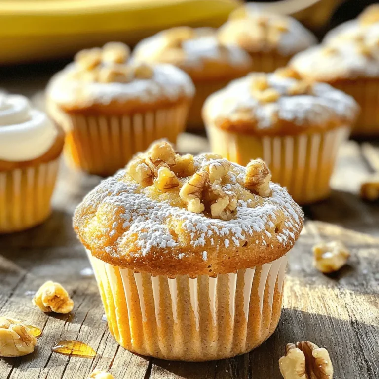 To make delicious banana nut muffins, you need a few key items. Here is the list: - 3 ripe bananas, elegantly mashed - 1/3 cup melted coconut oil (can substitute with vegetable oil) - 1/2 cup packed brown sugar - 1 large egg, lightly beaten - 1 teaspoon pure vanilla extract - 1 teaspoon baking soda - A pinch of salt - 1 1/2 cups all-purpose flour - 1/2 cup finely chopped walnuts (or substitute with pecans) These ingredients create a moist and flavorful muffin. You can add a few optional items for more taste: - 1/4 teaspoon ground cinnamon (optional for an aromatic touch) - 1/4 cup honey or maple syrup (optional for a touch of extra sweetness) These extras can enhance the muffin's flavor and sweetness. Don't worry if you lack some ingredients. Here are some easy swaps: - Use vegetable oil instead of coconut oil. - Swap walnuts for pecans or even almonds. - Honey or maple syrup can be replaced with agave syrup. These substitutions will still give you great tasting muffins. For the full recipe, check out the Banana Nut Muffins Delight. First, set your oven to 350°F (175°C). This temperature is perfect for baking. Next, grab a muffin tin. You can use paper liners or lightly grease it with oil. This step keeps the muffins from sticking. Take three ripe bananas and place them in a large bowl. Mash them well with a fork until smooth. Pour in 1/3 cup of melted coconut oil. Stir this mixture until both are combined. Now, add 1/2 cup of packed brown sugar to your banana mix. Crack in one large egg and add one teaspoon of pure vanilla extract. Whisk everything together until it’s smooth. In a new bowl, mix 1 teaspoon of baking soda and a pinch of salt. Sprinkle this mix over your wet ingredients. Slowly add 1 1/2 cups of all-purpose flour to the banana mixture. Fold the batter gently; do not overmix. Next, mix in 1/2 cup of finely chopped walnuts. If you like, you can add a dash of ground cinnamon or drizzle in honey. Spoon the batter into the muffin cups, filling them two-thirds full. Bake for 18-20 minutes. Check with a toothpick; it should come out clean. After baking, let the muffins cool for five minutes in the tin. Then, transfer them to a wire rack to cool completely. For the full recipe, refer to the ingredients listed earlier. To get soft, fluffy muffins, do not overmix the batter. Mix until just combined. This keeps your muffins light. Use ripe bananas for sweetness and moisture. They should be brown and soft. The more ripe, the better! Adding a little extra baking soda can also help your muffins rise well. One common mistake is using cold ingredients. Always let your eggs and oil reach room temperature. This helps the batter mix better. Another error is filling the muffin cups too full. Fill only two-thirds to allow space for rising. Also, check the oven temperature. An oven that is too hot can burn the muffins. Serve these muffins warm for the best taste. They pair well with coffee or tea. Try adding a dollop of yogurt on the side. A drizzle of honey makes them even sweeter. For a fun twist, top with some fresh berries or sliced bananas. For more ideas, check out the Full Recipe! {{image_4}} You can turn your banana nut muffins into a sweet treat by adding chocolate chips. Simply fold in 1/2 cup of semi-sweet or dark chocolate chips after mixing in the nuts. The chocolate pairs well with the banana flavor. You will add a rich sweetness that everyone loves. Feel free to use mini chocolate chips for a fun twist! While walnuts are classic, you can try other nuts for a unique taste. Pecans bring a rich, buttery flavor that blends well with banana. Almonds will add a nice crunch and a subtle sweetness. You can even mix different nuts together. This gives each muffin a special touch. Just chop them finely, and mix them in as you would with walnuts. If you want a lighter version, consider these swaps. Replace brown sugar with coconut sugar or a sugar substitute. For oil, use unsweetened applesauce. It keeps the muffins moist while cutting down on fat. You can also use Greek yogurt instead of oil for a protein boost. These changes help make your muffins a healthier snack! For a full recipe, check out the delicious Banana Nut Muffins Delight 🧁. To keep your banana nut muffins fresh, store them in an airtight container. Place a paper towel at the bottom of the container to absorb moisture. This helps prevent sogginess. Keep the muffins at room temperature if you plan to eat them within three days. For longer storage, the refrigerator can help but may dry them out. If you want to save muffins for later, freezing is a great option. Wrap each muffin in plastic wrap or aluminum foil. Then place them in a freezer bag. Make sure to remove as much air as possible. Muffins can stay fresh in the freezer for up to three months. When you’re ready to enjoy, just thaw them overnight in the fridge or at room temperature. To reheat your muffins, preheat the oven to 350°F (175°C). Place the muffins on a baking sheet. Heat them for about 10 minutes. If you want a quicker option, use the microwave. Heat each muffin for about 15-20 seconds. Enjoy them warm, and they will taste just as good as the day you baked them! For the full recipe, check back to make these delightful treats. To make banana nut muffins from scratch, follow these steps: 1. Preheat your oven to 350°F (175°C). 2. Prepare a muffin tin with liners or grease it. 3. Mash 3 ripe bananas in a bowl. 4. Mix in 1/3 cup melted coconut oil. 5. Add 1/2 cup packed brown sugar and 1 large beaten egg. 6. Stir in 1 teaspoon vanilla extract. 7. Mix in 1 teaspoon baking soda and a pinch of salt. 8. Gradually add 1 1/2 cups all-purpose flour, folding gently. 9. Fold in 1/2 cup chopped walnuts. 10. Bake for 18-20 minutes until golden. This simple method gives you fresh, warm muffins. Yes, you can use frozen bananas. Thaw them before mashing. Frozen bananas work well because they become soft. This can make your muffins extra moist. Just make sure to drain any excess liquid before use. If you want to skip nuts, try these options: - Sunflower seeds - Pumpkin seeds - Dried fruit like raisins or cranberries These substitutes add texture without nuts. You can also leave them out entirely for a nut-free version. Banana nut muffins last for about 3 days at room temperature. Store them in an airtight container for freshness. You can also freeze them for up to 3 months. To enjoy later, just thaw and reheat in the oven. For a quick snack, these muffins stay tasty and easy to grab! For more details and tips, check out the Full Recipe. In this article, we explored how to make delicious banana nut muffins. We covered the main and optional ingredients, plus ideas for tasty swaps. The step-by-step instructions help ensure success, while tips and tricks guide you to avoid common mistakes. We also shared fun variations and storage tips. Remember, baking is about creativity. Don’t be scared to try new flavors. Enjoy making your muffins and share them with friends or family!