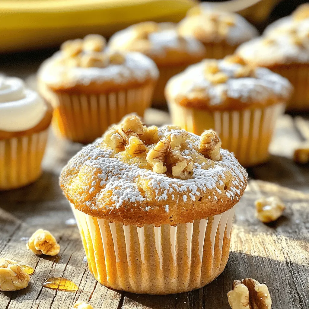 To make delicious banana nut muffins, you need a few key items. Here is the list: - 3 ripe bananas, elegantly mashed - 1/3 cup melted coconut oil (can substitute with vegetable oil) - 1/2 cup packed brown sugar - 1 large egg, lightly beaten - 1 teaspoon pure vanilla extract - 1 teaspoon baking soda - A pinch of salt - 1 1/2 cups all-purpose flour - 1/2 cup finely chopped walnuts (or substitute with pecans) These ingredients create a moist and flavorful muffin. You can add a few optional items for more taste: - 1/4 teaspoon ground cinnamon (optional for an aromatic touch) - 1/4 cup honey or maple syrup (optional for a touch of extra sweetness) These extras can enhance the muffin's flavor and sweetness. Don't worry if you lack some ingredients. Here are some easy swaps: - Use vegetable oil instead of coconut oil. - Swap walnuts for pecans or even almonds. - Honey or maple syrup can be replaced with agave syrup. These substitutions will still give you great tasting muffins. For the full recipe, check out the Banana Nut Muffins Delight. First, set your oven to 350°F (175°C). This temperature is perfect for baking. Next, grab a muffin tin. You can use paper liners or lightly grease it with oil. This step keeps the muffins from sticking. Take three ripe bananas and place them in a large bowl. Mash them well with a fork until smooth. Pour in 1/3 cup of melted coconut oil. Stir this mixture until both are combined. Now, add 1/2 cup of packed brown sugar to your banana mix. Crack in one large egg and add one teaspoon of pure vanilla extract. Whisk everything together until it’s smooth. In a new bowl, mix 1 teaspoon of baking soda and a pinch of salt. Sprinkle this mix over your wet ingredients. Slowly add 1 1/2 cups of all-purpose flour to the banana mixture. Fold the batter gently; do not overmix. Next, mix in 1/2 cup of finely chopped walnuts. If you like, you can add a dash of ground cinnamon or drizzle in honey. Spoon the batter into the muffin cups, filling them two-thirds full. Bake for 18-20 minutes. Check with a toothpick; it should come out clean. After baking, let the muffins cool for five minutes in the tin. Then, transfer them to a wire rack to cool completely. For the full recipe, refer to the ingredients listed earlier. To get soft, fluffy muffins, do not overmix the batter. Mix until just combined. This keeps your muffins light. Use ripe bananas for sweetness and moisture. They should be brown and soft. The more ripe, the better! Adding a little extra baking soda can also help your muffins rise well. One common mistake is using cold ingredients. Always let your eggs and oil reach room temperature. This helps the batter mix better. Another error is filling the muffin cups too full. Fill only two-thirds to allow space for rising. Also, check the oven temperature. An oven that is too hot can burn the muffins. Serve these muffins warm for the best taste. They pair well with coffee or tea. Try adding a dollop of yogurt on the side. A drizzle of honey makes them even sweeter. For a fun twist, top with some fresh berries or sliced bananas. For more ideas, check out the Full Recipe! {{image_4}} You can turn your banana nut muffins into a sweet treat by adding chocolate chips. Simply fold in 1/2 cup of semi-sweet or dark chocolate chips after mixing in the nuts. The chocolate pairs well with the banana flavor. You will add a rich sweetness that everyone loves. Feel free to use mini chocolate chips for a fun twist! While walnuts are classic, you can try other nuts for a unique taste. Pecans bring a rich, buttery flavor that blends well with banana. Almonds will add a nice crunch and a subtle sweetness. You can even mix different nuts together. This gives each muffin a special touch. Just chop them finely, and mix them in as you would with walnuts. If you want a lighter version, consider these swaps. Replace brown sugar with coconut sugar or a sugar substitute. For oil, use unsweetened applesauce. It keeps the muffins moist while cutting down on fat. You can also use Greek yogurt instead of oil for a protein boost. These changes help make your muffins a healthier snack! For a full recipe, check out the delicious Banana Nut Muffins Delight 🧁. To keep your banana nut muffins fresh, store them in an airtight container. Place a paper towel at the bottom of the container to absorb moisture. This helps prevent sogginess. Keep the muffins at room temperature if you plan to eat them within three days. For longer storage, the refrigerator can help but may dry them out. If you want to save muffins for later, freezing is a great option. Wrap each muffin in plastic wrap or aluminum foil. Then place them in a freezer bag. Make sure to remove as much air as possible. Muffins can stay fresh in the freezer for up to three months. When you’re ready to enjoy, just thaw them overnight in the fridge or at room temperature. To reheat your muffins, preheat the oven to 350°F (175°C). Place the muffins on a baking sheet. Heat them for about 10 minutes. If you want a quicker option, use the microwave. Heat each muffin for about 15-20 seconds. Enjoy them warm, and they will taste just as good as the day you baked them! For the full recipe, check back to make these delightful treats. To make banana nut muffins from scratch, follow these steps: 1. Preheat your oven to 350°F (175°C). 2. Prepare a muffin tin with liners or grease it. 3. Mash 3 ripe bananas in a bowl. 4. Mix in 1/3 cup melted coconut oil. 5. Add 1/2 cup packed brown sugar and 1 large beaten egg. 6. Stir in 1 teaspoon vanilla extract. 7. Mix in 1 teaspoon baking soda and a pinch of salt. 8. Gradually add 1 1/2 cups all-purpose flour, folding gently. 9. Fold in 1/2 cup chopped walnuts. 10. Bake for 18-20 minutes until golden. This simple method gives you fresh, warm muffins. Yes, you can use frozen bananas. Thaw them before mashing. Frozen bananas work well because they become soft. This can make your muffins extra moist. Just make sure to drain any excess liquid before use. If you want to skip nuts, try these options: - Sunflower seeds - Pumpkin seeds - Dried fruit like raisins or cranberries These substitutes add texture without nuts. You can also leave them out entirely for a nut-free version. Banana nut muffins last for about 3 days at room temperature. Store them in an airtight container for freshness. You can also freeze them for up to 3 months. To enjoy later, just thaw and reheat in the oven. For a quick snack, these muffins stay tasty and easy to grab! For more details and tips, check out the Full Recipe. In this article, we explored how to make delicious banana nut muffins. We covered the main and optional ingredients, plus ideas for tasty swaps. The step-by-step instructions help ensure success, while tips and tricks guide you to avoid common mistakes. We also shared fun variations and storage tips. Remember, baking is about creativity. Don’t be scared to try new flavors. Enjoy making your muffins and share them with friends or family!