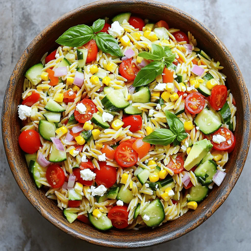 To create a tasty Summer Veggie Orzo Salad, gather these fresh ingredients: - 1 cup orzo pasta - 1 large zucchini, diced - 1 red bell pepper, diced - 1 cup cherry tomatoes, halved - 1 cucumber, diced - ½ cup red onion, finely chopped - 1 cup corn kernels (fresh or frozen) - ½ cup feta cheese, crumbled - ¼ cup fresh basil leaves, chopped - 3 tablespoons extra virgin olive oil - 2 tablespoons freshly squeezed lemon juice - Salt and freshly ground black pepper - Optional: 1 avocado, diced Each ingredient adds color and flavor to the dish. The orzo pasta forms the base, while the veggies bring crunch and freshness. Feta cheese gives a salty bite, and the herbs add brightness. This combination makes your salad not only delicious but also visually appealing. Use fresh, in-season veggies for the best taste. You can find the Full Recipe to guide you through each step of making this delightful salad. To cook orzo pasta to al dente, start by boiling water in a large pot. Add a pinch of salt to the water before putting in the orzo. Stir it gently and let it cook for about 8 to 10 minutes, or until it is firm but not hard. Drain the orzo in a colander. Rinse the orzo under cold water to stop the cooking process. This keeps it from getting mushy. Set it aside to cool while you prepare the veggies. Now, let's chop our colorful veggies. Dice the zucchini and red bell pepper into small pieces. Halve the cherry tomatoes and dice the cucumber. Finely chop the red onion, and if you have fresh corn, add that too. In a large mixing bowl, combine all these veggies. Don't forget to add half of the chopped basil for a fresh kick. Stir everything well to mix the flavors. Next, it's time to bring it all together! Gently fold the cooled orzo into the bowl with the veggies. Make sure everything is mixed evenly. In a small bowl, whisk together the olive oil, fresh lemon juice, and a good pinch of salt and pepper. Drizzle this dressing over the orzo and veggies. Toss gently to coat every piece. Now, add the crumbled feta cheese and the rest of the chopped basil. Carefully fold them in so the cheese stays intact. If you want to make it richer, add diced avocado just before serving, being gentle to avoid mashing it. Taste the salad and adjust the seasoning, if needed. You can serve it right away or chill it in the fridge for about 30 minutes to let the flavors meld. For the full recipe, check the full recipe section. To make your Summer Veggie Orzo Salad shine, focus on seasoning. Taste as you go. You can add salt, pepper, or lemon juice until it feels just right. I often start with a pinch of salt. If you want it zestier, add more lemon juice. Rinsing orzo is key! After cooking, drain it and use cold water. This stops the cooking process and keeps the orzo firm. A good rinse also removes extra starch. This helps keep your salad from being sticky. For a stunning salad, serve it in a large, shallow bowl. This gives space for all those colorful veggies. You can arrange the ingredients in layers for a visual treat. Garnishing with fresh herbs makes a big difference. I love using extra basil leaves on top. A light drizzle of olive oil adds a nice touch and an appealing shine. You can prepare the salad in advance. Just follow the recipe steps but leave out the avocado. Mix everything else and store it in the fridge. This way, the flavors blend well. For chilling, let your salad rest in the fridge for at least 30 minutes. This enhances the taste. A quick stir just before serving is a great idea too. It ensures everything is mixed evenly and fresh! For the full recipe, check out the detailed instructions provided earlier. {{image_4}} You can switch up the veggies in this salad. Use any summer squash, like yellow squash or bell peppers. Carrots or snap peas add a nice crunch too. Feel free to try different dressings for a twist. A creamy ranch or a spicy vinaigrette can change the whole taste. For a gluten-free option, swap orzo with quinoa. Quinoa cooks quickly and adds protein. If you're making this salad vegan, just leave out the feta cheese. You can still enjoy great flavors without dairy. Want more protein? Try adding grilled chicken or shrimp. They bring a nice smoky flavor. Fresh herbs also boost taste. Basil, mint, or parsley can add a burst of freshness. Use what you have on hand to make it your own. Check out the Full Recipe for more ideas! To store leftover salad, place it in an airtight container. This helps keep it fresh. Make sure to cool the salad to room temperature before sealing. You can enjoy your salad cold or at room temperature. For best taste, eat it within three days. If the salad sits longer, the veggies may lose their crunch. You can freeze orzo salad, but it may change texture. To freeze, place it in a freezer-safe bag or container. Press out as much air as possible. When ready to eat, thaw the salad overnight in the fridge. After thawing, stir in some fresh herbs and a splash of lemon juice to revive flavors. The salad stays fresh in the fridge for about three days. Look for signs of spoilage, like a slimy texture or off smell. If you see any mold, toss it out! Always trust your senses; when in doubt, throw it out. For more tips and the full recipe, visit the Summer Veggie Orzo Salad section. You can keep Summer Veggie Orzo Salad in the fridge for up to three days. Store it in an airtight container to keep it fresh. The flavors will blend as it sits, but some veggies may lose their crispness over time. If you notice any changes in color or smell, it’s best to discard it. Yes, you can easily make this salad vegan. Simply leave out the feta cheese or replace it with vegan cheese. This keeps the dish light and fresh while maintaining great taste. You can also add more veggies or nuts for extra flavor and texture. This salad pairs well with grilled chicken, shrimp, or tofu. It also complements a light white wine or a refreshing lemonade. For a complete meal, serve it alongside crusty bread or a simple soup. Feel free to explore flavors that you love! Feta cheese adds a nice salty flavor, but it’s not necessary. If you prefer, you can skip the cheese or try a different cheese like goat cheese. You can also add nuts or seeds to boost the texture and taste without using cheese. To add spice to your salad, consider using diced jalapeños or red pepper flakes. You can also add a splash of hot sauce to the dressing. Adjust the spice level to your liking, keeping in mind that a little goes a long way! For the full recipe, check out the Summer Veggie Orzo Salad 🥗 section. This salad combines orzo, fresh veggies, and feta for a tasty dish. You learned how to prepare the ingredients and mix them for a delightful meal. Remember, adjust flavors to fit your taste. You can also make variations and accommodate different diets. Store it properly for later enjoyment. This recipe offers a fresh and healthy option, perfect for any meal. Dive into this vibrant salad and share it with family and friends.
