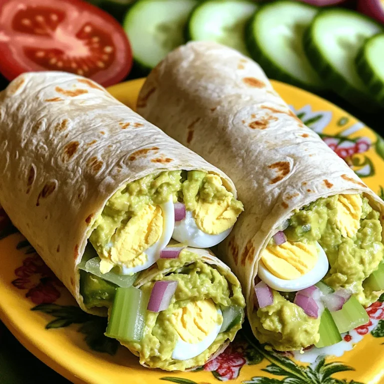 - 4 large eggs, hard-boiled and chopped - 1 ripe avocado, peeled and mashed - 2 tablespoons Greek yogurt (or mayonnaise) - 1 tablespoon Dijon mustard - 1 tablespoon fresh lemon juice - 1/4 cup red onion, finely chopped - 1/4 cup celery, finely chopped - Salt and pepper to taste - 4 large whole wheat or spinach tortillas - Fresh baby spinach or crisp lettuce leaves For this recipe, I start with the main ingredients that bring flavor and nutrition together. The hard-boiled eggs provide protein, while the avocado adds healthy fats. Greek yogurt or mayonnaise adds creaminess. The Dijon mustard and lemon juice give a zesty kick. The additional ingredients, like red onion and celery, add crunch and flavor. I love the fresh taste of spinach or lettuce in the wraps. They make each bite fresh and light! You can find the Full Recipe [here](#). This recipe is not only easy to make but also packs a nutritious punch. Enjoy these wraps as a quick lunch or a light dinner. - Place the eggs in a pot and cover with water. - Bring water to a boil, then let sit covered for 12 minutes. - Transfer eggs to an ice bath, cool, peel, and chop. Hard-boiling eggs is simple. Start by placing them in a pot. Cover them with cold water. Bring the water to a boil on high heat. Once it boils, cover the pot and remove it from heat. Let the eggs sit for 12 minutes. This method cooks the eggs evenly. After 12 minutes, cool the eggs quickly in an ice bath. This step makes peeling easier. Once cool, peel the eggs and chop them into small pieces. - Mix mashed avocado, Greek yogurt (or mayonnaise), Dijon mustard, and fresh lemon juice. - Fold in the chopped red onion and celery. Next, you need to prepare the avocado mixture. In a large bowl, add the mashed avocado. If you want creaminess, use Greek yogurt or mayonnaise. Add Dijon mustard and fresh lemon juice for flavor. Mix these ingredients until smooth. Then, gently fold in chopped red onion and celery. These add crunch and flavor to the salad. - Fold chopped hard-boiled eggs into the avocado mixture. - Season with salt and pepper to taste. Now it’s time to combine everything. Carefully fold the chopped hard-boiled eggs into your avocado mixture. Be gentle so the eggs stay chunky. Season this mixture with salt and pepper. Taste it to make sure it’s just right for you. - Lay tortillas flat, place spinach or lettuce, add egg salad mixture, then roll tightly. To make the wraps, lay out your tortillas on a clean surface. Place fresh baby spinach or crisp lettuce leaves on each tortilla. Then, spoon the avocado egg salad mixture onto the tortillas. Spread it out evenly. Start rolling the tortilla tightly from one end. Fold in the sides as you go. This keeps all the yummy filling inside. Enjoy your fresh and healthy avocado egg salad wraps! For the complete recipe, check out the Full Recipe. - Use ripe avocados for creaminess. They should feel soft but not mushy. - Don’t mash the eggs too much for texture. Leave some chunks for a nice bite. - Arrange wraps on a bright platter. This makes them look fresh and inviting. - Garnish with slices of fresh vegetables. Use tomatoes, cucumbers, or radishes for color. - Use vegan mayo for a plant-based version. This keeps the dish creamy without eggs. - Substitute Greek yogurt with dairy-free alternatives. Options like coconut yogurt work well. For more ideas, check the full recipe for Avocado Egg Salad Wraps! {{image_4}} You can change the protein in your wraps for a new twist. Use chicken or tuna for a protein-packed alternative. Both add great flavor and texture. If you want a vegetarian option, add beans. Black beans or chickpeas work well. They give you protein while keeping it plant-based. To make your avocado egg salad even more exciting, add spices. A sprinkle of paprika or cayenne gives a nice kick. If you like fresh tastes, try adding herbs. Dill or cilantro can brighten the dish. These simple changes can take your wraps to a new level. If you want to lower carbs, swap the tortillas for lettuce leaves. They make a fresh and crunchy wrap. For those with gluten sensitivities, try gluten-free tortillas. They work just as well and keep the meal enjoyable. Store any leftover avocado egg salad in an airtight container. It will stay fresh in the fridge for up to 2 days. Keep it sealed to avoid drying out. This way, you can enjoy the flavors later without losing quality. If you want to save some for later, wrap the salad tightly. Use plastic wrap first, then cover it with foil. This helps prevent freezer burn. Remember, the texture may change after freezing, so it’s best to eat it fresh. You can enjoy the salad cold right from the fridge. If you prefer it warm, reheat it gently in the microwave. Heat just until warm, not hot. This way, you keep the creamy texture and flavor intact. For a quick meal, serve it in a fresh wrap or on a bed of greens. You can use mayonnaise instead of Greek yogurt. If you want a dairy-free option, try vegan mayo. Yes, you can make the filling in advance. Just store it in the fridge. Keep the tortillas separate. Assemble the wraps right before you eat. Hard-boiled eggs can stay fresh for up to one week in the fridge. Make sure you store them in a sealed container. Absolutely! You can use any leafy green or lettuce. Choose what you like best for your wrap. Yes, this recipe is perfect for meal prep. Just keep the filling and tortillas separate until you are ready to eat. Enjoy making these tasty wraps! Check out the Full Recipe for all the details. This article covered how to make tasty avocado egg salad wraps step by step. We discussed essential and extra ingredients, how to boil eggs, and how to put everything together. You also learned tips for perfecting your wraps and explored fun variations. Remember, these wraps are healthy and easy to make. Whether you enjoy them fresh or meal prep for later, they can fit into any lunch plan. Experiment with flavors to find your favorite combination. Enjoy every bite and make it your own!