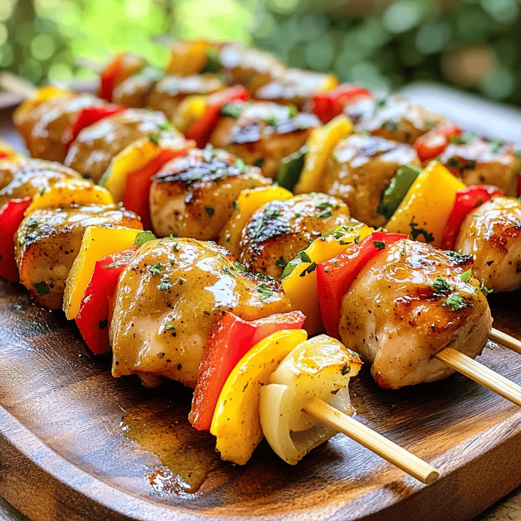 - 1 pound boneless, skinless chicken thighs - 1/4 cup honey - 1/4 cup Dijon mustard - 2 tablespoons soy sauce - 1 tablespoon olive oil - 2 cloves garlic, minced - 1 teaspoon smoked paprika - 1/2 teaspoon ground black pepper - Bell pepper and red onion for skewering The ingredients for honey mustard chicken kabobs are simple yet flavorful. The chicken thighs offer a juicy base, while honey and Dijon mustard create a sweet and tangy marinade. Garlic and smoked paprika add depth and warmth. I love using bell pepper and red onion for color and crunch. When it comes to skewers, you can choose between wooden and metal options. Wooden skewers are great but need soaking in water for about 30 minutes. This step prevents them from burning on the grill. Metal skewers don’t need soaking, but they can get quite hot. You will need a few tools to make this recipe easy. A mixing bowl helps you combine the marinade. A grill or grill pan is essential for cooking the kabobs. Finally, a whisk or mixing utensil will ensure everything blends well. These ingredients and tools set the stage for a fun and tasty cooking adventure. You can find the full recipe in the section above. Enjoy making your honey mustard chicken kabobs! To get the best flavor, mix the marinade first. In a bowl, combine: - 1/4 cup honey - 1/4 cup Dijon mustard - 2 tablespoons soy sauce - 1 tablespoon olive oil - 2 cloves garlic, minced - 1 teaspoon smoked paprika - 1/2 teaspoon ground black pepper Whisk until smooth. Add the chicken pieces and coat them well. Cover the bowl and refrigerate for at least 30 minutes. For more flavor, let it marinate for up to 2 hours. Next, heat your grill or grill pan. Aim for medium-high heat. This gives the kabobs a nice char. If the grill is too hot, the outside cooks too fast. If it’s too cool, the chicken won’t cook right. Now, it’s time to assemble the kabobs. Take your skewers and alternate chicken with colorful veggies. Use: - Bell pepper, cut into 1-inch pieces - Red onion, cut into 1-inch pieces This mix makes the kabobs look great. A good balance of chicken and veggies adds flavor and color. Place the skewers on the hot grill. Cook them for about 10-12 minutes. Turn the skewers often so everything cooks evenly. Check for doneness by using a meat thermometer. The chicken should reach 165°F (75°C) and not be pink inside. Once cooked, remove them from the grill and let them rest for a few minutes. This step helps the juices stay in the chicken. These steps will help you make delicious honey mustard chicken kabobs. For the full recipe, check the earlier sections. For great flavor, marinate the chicken for at least 30 minutes. If you can, try to marinate for up to 2 hours. This extra time helps the chicken soak up all the tasty honey and mustard mix. You can also mix in other spices like paprika or garlic powder for a fun twist. Try adding a pinch of cayenne for heat or some fresh herbs for freshness. To keep the chicken from sticking, make sure to preheat your grill. A hot grill helps create a nice char. Brush the grill grates with a little oil before cooking. When placing kabobs on the grill, avoid moving them too much. Let them cook for a few minutes before turning them. This will help ensure even cooking for all pieces. Always handle chicken safely. Wash your hands before and after touching raw chicken. Use separate cutting boards for chicken and vegetables to avoid cross-contamination. Cook chicken until it reaches an internal temperature of 165°F (75°C). Use a meat thermometer to check if you are unsure. Following these steps keeps your kabobs safe and tasty. For the full recipe, check out the earlier sections. {{image_4}} You can swap chicken for shrimp or tofu in this recipe. If using shrimp, cook them for about 5-7 minutes. They cook faster than chicken. For tofu, I recommend firm or extra-firm. Cut it into cubes and marinate the same way. Cook tofu for around 10-12 minutes, turning until crispy. This adds variety and caters to different diets. Want to change the flavor? Try adding fresh herbs like thyme or rosemary to the marinade. Citrus zest, like lemon or lime, adds a nice zing as well. You can also experiment with different mustards. Honey mustard is sweet, but spicy brown mustard brings a kick. Dijon mustard is smooth and tangy, perfect for a gourmet touch. You don’t have to stick to just bell peppers and onions. Zucchini, cherry tomatoes, or mushrooms work great too. Seasonal vegetables like asparagus in spring or eggplant in summer can add new flavors. Feel free to play around with your favorite veggies. This makes your kabobs colorful and nutritious. After enjoying your honey mustard chicken kabobs, saving leftovers is easy. First, let the cooked kabobs cool down to room temperature. Use airtight containers to keep them fresh. I recommend glass or BPA-free plastic containers. This helps keep the flavors intact and prevents drying. When it’s time to enjoy your leftovers, the best way to reheat kabobs is in the oven. Preheat your oven to 350°F (175°C). Place the kabobs on a baking sheet. Heat them for about 10 minutes. This method keeps the chicken moist. You can also use a microwave, but be careful. Microwave in short bursts to avoid drying out the chicken. Freezing kabobs is a great way to save time. You can freeze them before or after cooking. To freeze uncooked kabobs, place them in a single layer on a tray. Once frozen, transfer them to a zip-top bag. For cooked kabobs, follow the same steps after cooling. When ready to eat, thaw the kabobs in the fridge overnight. This keeps the texture nice and tender. To keep your chicken juicy, start with good marination. Use a mix of honey, Dijon mustard, soy sauce, and olive oil. This adds flavor and moisture. Marinate the chicken for at least 30 minutes, but up to 2 hours is best. The longer it sits, the better it tastes. When grilling, keep the heat medium-high. This helps create a nice crust while sealing in juices. Turn the kabobs often. This ensures even cooking and prevents drying out. Always check that your chicken reaches 165°F. This means it is safe and juicy. Yes, you can prepare these kabobs ahead of time! You can marinate the chicken the night before. This not only saves time but also makes the chicken more flavorful. Just cover the bowl with plastic wrap and store it in the fridge. When you're ready to cook, skewer the chicken and veggies. You can also pre-skewer them if you like. Just keep them in the fridge until you grill. This makes dinner quick and easy. Honey mustard chicken kabobs taste great with many sides. Here are some ideas: - Rice: White or brown rice complements the kabobs well. - Salad: A fresh green salad adds crunch and color. - Grilled vegetables: Zucchini or asparagus grilled next to your kabobs is delicious. - Dips: Serve with a yogurt sauce or extra honey mustard for dipping. These sides enhance the meal and create a lovely dinner spread. For more ideas, check the Full Recipe. These honey mustard chicken kabobs are simple and fun to make. We covered the key ingredients, like chicken thighs and honey, and how to prepare them well. You learned how to marinate, grill, and assemble them for a tasty dish. Don't forget to explore variations, like adding shrimp or different vegetables. Enjoy the flavors while grilling, and remember to follow food safety tips. These kabobs are perfect for any meal and can be stored for later. Happy grilling!