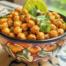 - 1 can (15 oz) chickpeas, drained and rinsed - 2 tablespoons olive oil - 1 teaspoon smoked paprika - 1 teaspoon ground cumin - 1/2 teaspoon cayenne pepper (adjust based on your preferred spice level) - 1/2 teaspoon garlic powder - 1/2 teaspoon onion powder - Salt, to taste - Fresh lime juice, for serving - Fresh cilantro leaves, for garnish - Additional spices (e.g., chili powder, black pepper) - Other garnishes (e.g., chopped green onions, feta cheese) When I prepare spicy roasted chickpeas, I always start with good quality canned chickpeas. They save time and still taste fresh. I rinse them well and dry them thoroughly. This step is crucial because dry chickpeas get crispier when roasted. Next, I love using olive oil for flavor and richness. It helps the spices stick too. Speaking of spices, I mix smoked paprika, ground cumin, cayenne pepper, garlic powder, and onion powder for that perfect kick. Adjust the cayenne to fit your spice level. Lastly, I finish with a pinch of salt and serve with fresh lime juice and cilantro. These bright flavors elevate the dish, making it a delightful snack. For more detailed steps, check the Full Recipe. Optional ingredients can enhance your chickpeas further. You might try adding chili powder or black pepper for more heat. Chopped green onions or feta cheese make great garnishes too. These options allow you to personalize your snack and impress your guests. - Preheat the oven to 400°F (200°C). - Dry the chickpeas thoroughly using a kitchen towel. Start by preheating your oven. This step is vital for crispiness. While the oven heats, take a can of chickpeas. Drain and rinse them well. Lay the chickpeas on a clean towel. Pat them dry gently. Removing moisture helps them roast well. - Combine oil and spices in a mixing bowl. - Toss chickpeas to coat evenly. Next, grab a mixing bowl. Measure out two tablespoons of olive oil. Add in one teaspoon of smoked paprika. Then toss in one teaspoon of ground cumin. For some heat, include half a teaspoon of cayenne pepper. Add half a teaspoon of garlic powder and onion powder. Sprinkle in salt to taste. Mix it all until you see a uniform blend. Now, add your dried chickpeas to this bowl. Toss them well to coat every chickpea in the spice mix. - Spread seasoned chickpeas on a lined baking sheet. - Roast for 25-30 minutes, shaking halfway for even cooking. Now, take a baking sheet and line it with parchment paper. Spread the seasoned chickpeas in a single layer. This helps them cook evenly. Place the sheet in your preheated oven. Roast them for 25 to 30 minutes. Halfway through, shake the pan gently. This ensures they brown and crisp up nicely. When they turn golden and crunchy, they’re ready! Let them cool for a few minutes before serving. You can find the full recipe for crispy spicy roasted chickpeas to impress your friends or family. To get crispy roasted chickpeas, drying them is key. After rinsing, spread them on a towel. Pat them dry with another towel. The moisture makes them soft, not crispy. When you bake them, make sure to shake the pan halfway. This helps them brown evenly. You can change the spice level to fit your taste. For more heat, add extra cayenne. If you want less heat, cut the cayenne in half. You can also add other spices. Try chili powder or smoked paprika for a twist. Mixing herbs like oregano can add freshness. Serve the chickpeas in a bright bowl. They look great and are fun to eat! You can enjoy them with dips too. Creamy yogurt or savory hummus pairs well. Try adding fresh veggies or pita chips alongside for a complete snack. For a special touch, drizzle lime juice before serving. It adds a burst of flavor. {{image_4}} You can change the taste of your chickpeas easily. For a Mediterranean twist, add dried herbs like oregano. This gives the chickpeas a fresh, vibrant flavor. You can also mix in some lemon zest for extra brightness. If you want something sweet and spicy, try drizzling honey or maple syrup over the chickpeas before roasting. This brings out a lovely caramelized taste with a kick. Great news! Chickpeas are already gluten-free and vegan. This makes them a perfect snack for many diets. If you need a nut-free option, you’re in luck. This recipe naturally avoids nuts, so it’s safe for those allergic. You can enjoy your spicy roasted chickpeas without worry. For the full recipe, check out the details above. To keep your spicy roasted chickpeas fresh, store them in an airtight container. Glass jars or plastic containers work well. Make sure they are completely cool before sealing. This helps to avoid moisture buildup. You can keep them for about 3 to 5 days. However, they taste best when eaten fresh. If you want to enjoy your leftovers, you can reheat them. The oven is best for this. Preheat your oven to 375°F (190°C). Spread the chickpeas on a baking sheet. Heat them for about 10 minutes. This keeps them crispy. If you use a microwave, they might get soft. To avoid this, try to use the oven. Enjoy your crispy chickpeas again with that same great flavor! Spicy roasted chickpeas can last about 3-5 days. Store them in an airtight container at room temperature. This keeps them crispy. Avoid the fridge, as moisture can make them soft. If you want them to last longer, freeze them. However, they won’t be as crispy when thawed. Yes, you can use dry chickpeas! Start by soaking them overnight in water. The next day, drain and rinse them. Then, cook them in boiling water for about 1-1.5 hours until tender. After cooking, let them cool. Follow the same steps as the canned chickpeas in the Full Recipe to roast them. Roasted chickpeas are very healthy! They are high in protein and fiber. This helps keep you full for longer. They also contain vitamins and minerals like iron and magnesium. Just watch how much oil and salt you use. Too much can make them less healthy. You can serve spicy roasted chickpeas as a snack or appetizer. They pair well with yogurt or hummus for dipping. Try adding them to salads for extra crunch. You can also mix them into grain bowls for added flavor. They make a great topping for soups too! Spicy roasted chickpeas make a tasty and healthy snack. We covered the key ingredients, steps, and tips to make them crispy and flavorful. By exploring variations, you can adjust the dish to fit any palate. Storing leftovers correctly keeps them fresh and crunchy. Enjoy trying out different flavors with this easy recipe. You’ll soon see that this snack is quick to prepare, satisfying, and good for you. Happy cooking!