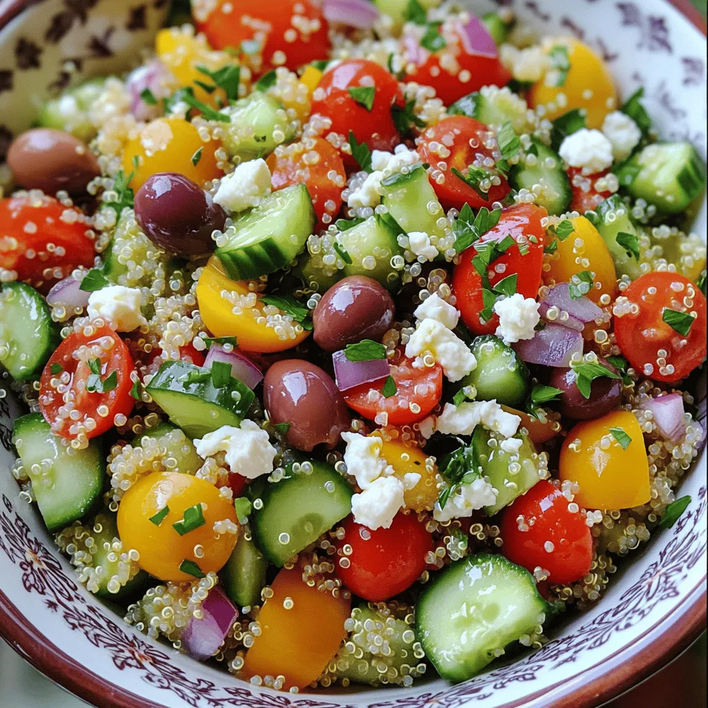 To make a delicious quinoa Greek salad, gather these essential ingredients: - 1 cup quinoa, thoroughly rinsed - 2 cups vegetable broth (or water) - 1 cup cherry tomatoes, halved - 1 cucumber, diced into bite-sized pieces - 1/2 red onion, finely diced - 1/2 bell pepper (any color), diced - 1 cup kalamata olives, pitted and sliced - 1/2 cup feta cheese, crumbled into small chunks - 1/4 cup fresh parsley, roughly chopped - 1/4 cup extra virgin olive oil - 2 tablespoons freshly squeezed lemon juice - 1 teaspoon dried oregano - Salt and black pepper to taste These ingredients blend together to create a fresh and tasty dish. Quinoa serves as a hearty base while the vegetables add crunch. Feta cheese brings creaminess, and olives add a briny bite. For added richness and flavor, consider these optional extras: - Avocado, diced - Red wine vinegar, instead of lemon juice - Capers, for a salty kick - Arugula or spinach, for extra greens By adding these, you can tailor the salad to your liking. Some of these extras can also boost the nutrition, making your meal even better. This quinoa Greek salad is not just tasty but also healthy. It is full of plant-based protein, fiber, and healthy fats. - Calories: About 250 per serving - Protein: 8 grams - Carbohydrates: 30 grams - Fat: 12 grams - Fiber: 5 grams These numbers can vary based on the specific ingredients you choose. Overall, this salad is a great option for a light lunch or dinner. It is both filling and nutritious, making it a perfect dish for anyone seeking a healthy meal. First, rinse one cup of quinoa under cold water. This removes any bitterness. In a medium pot, combine the rinsed quinoa with two cups of vegetable broth or water. Bring it to a high boil. Once boiling, reduce the heat to low and cover the pot. Let it simmer for about 15 minutes. The quinoa will absorb the liquid and become fluffy. When done, take it off the heat and let it cool. In a small bowl, mix together a quarter cup of extra virgin olive oil, two tablespoons of fresh lemon juice, and one teaspoon of dried oregano. Add a pinch of salt and black pepper. Whisk this until it blends well. Set it aside to let the flavors combine. In a large mixing bowl, add one cup of halved cherry tomatoes, one diced cucumber, half a finely diced red onion, and half a diced bell pepper. Toss in one cup of sliced kalamata olives as well. Stir gently to mix the vegetables evenly. When the quinoa has cooled, fluff it with a fork. Then, add it to the bowl of veggies, along with half a cup of crumbled feta cheese and a quarter cup of chopped parsley. Now it’s time to dress the salad. Drizzle your prepared dressing over the quinoa and vegetable mix. Use your hands or a large spoon to toss everything together gently. Ensure every ingredient gets coated with that tasty dressing. Taste the salad and add more salt or pepper if needed. Cover the bowl with plastic wrap or a lid. Place it in the fridge for at least 30 minutes. Chilling helps the flavors blend and taste better. When you are ready to serve, you can enjoy a refreshing, flavorful quinoa Greek salad. For the full recipe, check out the instructions above. Making quinoa Greek salad is easy, but a few mistakes can spoil it. Here are some common ones: - Not rinsing quinoa: Always rinse quinoa before cooking. This removes the bitter coating called saponin. - Overcooking or undercooking quinoa: Cook until fluffy. If too dry, add a bit of broth. If too wet, let it simmer longer. - Skipping the dressing: The dressing adds flavor. Don’t skip it! Whisk it well to blend all the flavors. - Not letting the salad chill: Chill the salad for at least 30 minutes. This helps the flavors blend perfectly. To make the best quinoa Greek salad, focus on freshness and balance. Use ripe tomatoes and crispy cucumbers. Here’s how to get it just right: - Choose quality ingredients: Fresh vegetables and good olive oil make a big difference. - Layer flavors: Add herbs slowly. Taste as you go to find the right balance. - Mix textures: Combine crunchy vegetables with creamy feta for a delightful bite. This salad is perfect for many events. Here are some fun serving ideas: - Picnics: Serve in a large bowl. Let everyone help themselves. - Dinner parties: Plate in individual bowls. Top with parsley for a fancy touch. - Meal prep: Pack in mason jars. Layer the ingredients for easy grab-and-go meals. Enjoy your time in the kitchen! For the full recipe, check out the detailed steps above. {{image_4}} If you want a vegan twist on this salad, you can skip the feta cheese. Instead, use avocado for creaminess. Add in some marinated artichokes or sun-dried tomatoes for extra flavor. Toss in some nuts like almonds or walnuts for a nice crunch. These options keep the salad fresh and tasty. To make this salad more filling, add chickpeas or grilled chicken. Chickpeas are great for added protein and fiber. You can use canned chickpeas for convenience. Just rinse and drain them before mixing. For grilled chicken, season it lightly with salt and pepper. Grill until cooked through, then slice it and add to your salad. This salad is naturally gluten-free thanks to quinoa. However, if you want to mix it up, try using brown rice or farro. Both grains work well and provide a different texture. Just cook them according to package instructions and let them cool before adding to your salad. Each of these variations helps you create a unique dish every time. Check out the Full Recipe for more details on how to make this delicious salad. To keep your quinoa Greek salad fresh, store it in an airtight container. This helps keep moisture out and flavors in. If you use a bowl, cover it tightly with plastic wrap. Make sure to cool the salad before putting it in the fridge. This prevents condensation from forming, which can make your salad soggy. When stored correctly, your quinoa Greek salad lasts about 3 to 5 days in the fridge. Check for any changes in smell or texture before eating. If the salad looks dry, consider adding a bit more dressing. This can bring back some flavor and moisture. Freezing quinoa Greek salad is possible but not ideal. Freezing can change the texture of fresh veggies. If you want to freeze it, do so without the dressing. Portion the salad into smaller containers for easy use later. When you’re ready to eat, thaw it in the fridge overnight. Then, add fresh dressing before serving. This keeps the taste bright and fresh. Yes, Quinoa Greek Salad is healthy. Quinoa is a complete protein. It has all nine essential amino acids. The salad is packed with fresh veggies, which provide vitamins and minerals. Feta cheese adds flavor and some calcium. Using olive oil gives healthy fats. Overall, it’s a nutrient-dense dish. Absolutely! Making this salad ahead of time works well. Prepare it a day before serving. The flavors blend better when it sits. Just store it in the fridge in an airtight container. This way, you save time when you need to serve it. If you want a substitute for feta cheese, try these options: - Goat cheese for a tangy taste - Ricotta for a creamy texture - Vegan cheese for a dairy-free choice These options will change the flavor but keep the salad delicious. To spice up your Quinoa Greek Salad, add diced jalapeños or red pepper flakes. You can also mix in hot sauce with the dressing. For a smoky flavor, try smoked paprika or chipotle powder. These additions will heat things up while keeping it fresh. For the complete guide to making this salad, check the Full Recipe. This blog post covered all you need for a great Quinoa Greek Salad. We talked about ingredients, cooking steps, and tips to avoid common mistakes. Remember to chill your salad for the best taste. Whether you stick to the basics or try different variations, this dish can fit any occasion. Enjoy making it ahead of time and feel free to customize it. I hope you're excited to create your own delicious, healthy salad!