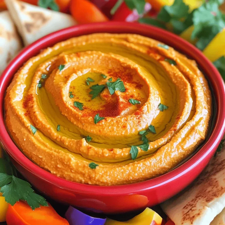 - 1 cup canned chickpeas, thoroughly drained and rinsed - 1 medium roasted red pepper (store-bought or homemade, skins removed) - 2 tablespoons tahini (sesame seed paste) - 2 tablespoons extra virgin olive oil (plus extra for drizzling) - 2 tablespoons freshly squeezed lemon juice - 1 garlic clove, finely minced - 1/2 teaspoon ground cumin - Salt, to taste These main ingredients create a rich and creamy base for your hummus. Canned chickpeas save time and provide a smooth texture. Roasted red peppers add a sweet, smoky flavor. Tahini gives a nutty taste, while olive oil adds richness. Lemon juice brightens the dish, and garlic brings warmth. Ground cumin adds a hint of earthiness. Salt enhances all these flavors. - Fresh parsley - Smoked paprika - Additional olive oil for drizzling For garnishing, fresh parsley adds color and freshness. Smoked paprika gives a vibrant touch and extra flavor. A drizzle of olive oil enhances the look and taste. A serving of roasted red pepper hummus has roughly 100 calories. It contains healthy fats from olive oil and tahini. Chickpeas are full of protein and fiber, supporting health. Health benefits of primary ingredients: - Chickpeas help with digestion and keep you full. - Olive oil supports heart health. - Lemon juice provides vitamin C. - Garlic can boost the immune system. Using these ingredients, you make a dish that is not just tasty but also good for you. For the Full Recipe, check the details above! To start, drain and rinse the canned chickpeas. This step is vital. Rinsing removes excess sodium and improves taste. Canned chickpeas save time. Dried chickpeas need soaking and cooking, which takes longer. If you choose dried, soak them overnight. Then, boil until soft. Next, blend your ingredients. In a food processor, add the chickpeas, roasted red pepper, tahini, olive oil, lemon juice, minced garlic, cumin, and salt. Pulse until smooth. For the best texture, stop and scrape the sides. This ensures even mixing. The goal is a creamy, homogenous blend. Now, it's time to adjust to your liking. If the hummus is too thick, add water. Do this one tablespoon at a time. Blend well after each addition. This method helps you find the perfect creaminess. Taste your hummus and adjust flavors. You might want more salt, lemon juice, or garlic. Each tweak makes it yours. Try the Full Recipe for a delicious twist on this classic dish. Over-processing vs. under-processing Finding the right texture is key. If you over-process, your hummus can become too thin and runny. If you under-process, it may be grainy. Aim for a creamy consistency. Skipping the taste test Always taste your hummus as you mix. Adjust the flavors to fit your liking. You may want more lemon juice or salt. Trust your palate; it knows best. Extra ingredients to boost taste To add depth, try mixing in sun-dried tomatoes or olives. You can also blend in herbs like basil or cilantro for a fresh twist. These additions can elevate your hummus beyond the ordinary. Ideas for seasoning variations Experiment with different spices. Adding a pinch of smoked paprika can give a nice kick. For more zest, consider using fresh herbs or even a splash of hot sauce. Use of a high-powered food processor A strong food processor makes blending easy. It helps achieve that smooth and creamy texture we all love. If you have a weaker model, you may need to blend longer. How to store leftover hummus Store your hummus in an airtight container. It will last up to a week in the fridge. For longer storage, consider freezing it. Just make sure to leave some space in the container for expansion. For the full recipe, check out the details above! {{image_4}} Want to kick up the heat? Add chili flakes or jalapeños to your hummus. Start with a small amount and taste as you go. This way, you control the spice level. The heat pairs well with the sweet flavor of roasted red pepper. You can also try different chili types for unique flavors. Roasted garlic cloves bring a rich, sweet taste to hummus. To make this, roast a few garlic cloves until soft and golden. Blend them with the chickpeas and other ingredients. This adds depth to the flavor. Roasted garlic is less sharp than raw garlic, making your hummus creamy and mellow. You can mix in various herbs and spices for extra flavor. Try adding fresh herbs like basil or cilantro. A sprinkle of ground coriander or smoked paprika can change the taste too. Experiment with different spices to find your favorite blend. These simple tweaks can give your hummus a whole new life. For the full recipe, check out my Roasted Red Pepper Hummus recipe! Store your roasted red pepper hummus in a container with a tight lid. Glass containers work best, as they keep the hummus fresh. Make sure the lid seals well to avoid air exposure. In the fridge, hummus lasts about 5 to 7 days. Always check for freshness before serving. You can freeze hummus for longer storage. Use an airtight container or freezer bag. Leave some space at the top, as it will expand when frozen. To thaw, place it in the fridge overnight. Once thawed, stir well before serving. If it seems thick, add a little water to get the right texture. Hummus can spoil if not stored properly. Look for changes in color or smell. If it has mold, do not eat it. The texture may also change, becoming dry or grainy. To keep it fresh, always use clean utensils to scoop out hummus. This helps prevent bacteria from spoiling your tasty dip. Yes, you can make hummus without tahini. If you skip tahini, try these alternatives: - Sunflower seed butter: It adds creaminess and a nutty flavor. - Greek yogurt: This gives a tangy taste and thick texture. - Peanut butter: Use it for a different twist on flavor. Homemade hummus lasts about 4 to 7 days in the fridge. Store it in an airtight container. Keep an eye on it for any changes in smell or texture. If it smells sour or has mold, it's time to toss it. You can serve roasted red pepper hummus with many tasty options. Here are some ideas: - Warm pita bread: Soft and perfect for dipping. - Veggie sticks: Carrots, cucumbers, and bell peppers are great choices. - Toasted pita chips: Crunchy and delightful for scooping. Yes, roasted red pepper hummus is healthy! It has many benefits: - Chickpeas: Full of protein and fiber. - Olive oil: Packed with healthy fats. - Red peppers: Rich in vitamins A and C. Compared to other dips, hummus is lower in calories and higher in nutrients. You can find roasted red pepper hummus in many stores. Look for it in: - Grocery stores: Most have a deli or refrigerated section. - Health food stores: They often carry gourmet brands. - Online: Many brands sell hummus directly to your door. Roasted red pepper hummus is already vegan! To keep it that way, just: - Use vegan-friendly tahini: Most brands are vegan. - Check ingredients: Ensure no added dairy in store-bought versions. For a fun twist, add spices or herbs to suit your taste. For the full recipe, check the details above. In this article, I discussed how to make delicious roasted red pepper hummus. We covered the main ingredients and optional garnishes, plus the steps for preparation and storage. I shared tips to avoid common mistakes and offered flavor variations to keep your hummus exciting. Homemade hummus is quick, tasty, and healthy. With just a few simple steps and ingredients, you can create a dip that everyone loves. Try it yourself and enjoy!