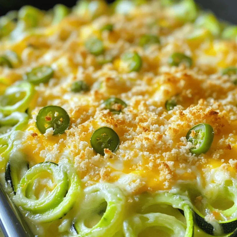 To make a cheesy jalapeno zucchini bake, you need fresh and simple ingredients. Here’s what you’ll need: - 4 medium zucchinis - 1 cup sharp cheddar cheese - 1 cup Monterey Jack cheese - 1/2 cup cream cheese - 2 fresh jalapeños - 1/2 cup green onions - 1 teaspoon garlic powder - 1 teaspoon onion powder - 1/2 teaspoon smoked paprika - Salt and freshly ground black pepper - 1/2 cup breadcrumbs (optional) - 2 tablespoons olive oil These ingredients come together to create a tasty and flavorful dish. Zucchini serves as a great base, while the cheeses add creaminess. The jalapeños give it a nice kick, and the spices enhance the flavor. You can adjust the amount of jalapeños to suit your taste. Using fresh ingredients makes a big difference. I recommend grating your cheese instead of using pre-shredded. Freshly grated cheese melts better and improves the dish's texture. You can also mix in some chopped herbs for added flavor, like cilantro or parsley. If you want to make it a bit heartier, consider adding cooked chicken or crumbled bacon. This dish is flexible, so feel free to get creative! For the full recipe, check out the instructions. - Preheat the oven to 375°F (190°C). - In a large bowl, combine the spiralized zucchini, diced jalapeños, and chopped green onions. Add garlic powder, onion powder, smoked paprika, salt, and pepper. Mix well until the zucchini is coated. - In a separate bowl, blend the softened cream cheese with the shredded sharp cheddar and Monterey Jack cheeses. Use a fork or spatula until the mixture is smooth. - Gently fold the cheese mixture into the zucchini mixture. Make sure every piece of zucchini gets coated in cheesy goodness. - Transfer the combined mixture into a greased baking dish. Spread it evenly. - If you want a crunchy topping, sprinkle breadcrumbs on top. This adds a nice texture. - Lightly drizzle olive oil over the breadcrumbs to help them brown. - Bake in the preheated oven for 25-30 minutes. Look for bubbling cheese and a golden brown top. Enjoy every bite of this Cheesy Jalapeno Zucchini Bake! For the full recipe, check out the details above. To get the best taste from your Cheesy Jalapeno Zucchini Bake, use freshly grated cheese. It melts better and gives a richer flavor. Before you bake, taste the mixture. This lets you adjust the seasoning if needed. A little extra salt or spice can make a big difference. Zucchini can hold a lot of water. If your zucchini is too watery, drain the excess moisture. This helps your dish stay firm. If you want more crunch, add more breadcrumbs. It gives a nice texture on top that everyone will love. To present your dish well, serve it straight from the baking dish. This gives a warm, rustic look. For a pop of color, garnish with chopped green onions or cilantro. These fresh herbs not only look good but also add extra flavor. For the full recipe, check the details above. {{image_4}} You can easily swap out cheese types to match your taste. Try using gouda or pepper jack cheese for a twist. If you want more protein, add cooked chicken or crumbled bacon. Both add great flavor and make the dish heartier. Adjust the number of jalapeños to control the heat. If you like a milder dish, use just one jalapeño or remove the seeds. You can also add spices like cumin or chili powder. These will give the bake a unique flavor profile that keeps it exciting. To make this dish gluten-free, skip the breadcrumbs or use gluten-free options. This dish is also friendly for vegetarians. Just leave out any meat and focus on the veggies and cheeses. You can add beans or lentils for extra protein without meat. To keep your cheesy jalapeno zucchini bake fresh, store it in an airtight container. This helps prevent moisture loss and keeps flavors intact. You can store the leftovers in the fridge for about 3 to 5 days. Make sure to let it cool before sealing to avoid condensation. When it’s time to enjoy your leftovers, the best way to reheat is in the oven. Preheat your oven to 350°F (175°C). Place the bake in an oven-safe dish and cover it with foil. Heat for around 15 to 20 minutes or until warm throughout. If you want to freeze the dish, let it cool completely. Then, wrap it tightly in plastic wrap and aluminum foil. This keeps it fresh for up to 3 months. To thaw, move it to the fridge overnight before reheating. This process helps maintain the texture and flavor. For a quick reheat in the microwave, use a microwave-safe dish. Heat for 1 to 2 minutes, checking often to avoid overcooking. Remember, reheating can change the texture slightly, but the flavors will still shine! Check the color and texture of the bake. The cheese should bubble and the top should turn golden brown. You can also insert a fork into the center. If it comes out clean, it’s ready to enjoy! Yes! You can make the zucchini mixture and cheese mixture the day before. Just keep them in the fridge. When you’re ready, combine them and bake. This saves time and makes for easy meal prep. This dish packs a punch! Each serving has about 250 calories. It contains 15 grams of fat, 5 grams of carbs, and 10 grams of protein. It’s rich in flavor and nutrition without the guilt! Absolutely! If you want a milder flavor, skip the jalapeños. You can add bell peppers for sweetness or some red pepper flakes for heat. This keeps the dish tasty while avoiding the spice! For the full recipe, check out the details above! This dish combines fresh zucchini and bold cheese for a great meal. You learned how to prepare and bake it in simple steps. I shared tips to enhance flavor and achieve the perfect texture. Remember, you can tweak ingredients based on your taste. Store leftovers properly, and enjoy them later. This recipe is easy to adapt for different diets too. Dive in and experiment with your own variations. You’ll have a tasty dish that everyone can enjoy!