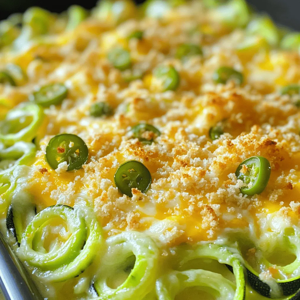 To make a cheesy jalapeno zucchini bake, you need fresh and simple ingredients. Here’s what you’ll need: - 4 medium zucchinis - 1 cup sharp cheddar cheese - 1 cup Monterey Jack cheese - 1/2 cup cream cheese - 2 fresh jalapeños - 1/2 cup green onions - 1 teaspoon garlic powder - 1 teaspoon onion powder - 1/2 teaspoon smoked paprika - Salt and freshly ground black pepper - 1/2 cup breadcrumbs (optional) - 2 tablespoons olive oil These ingredients come together to create a tasty and flavorful dish. Zucchini serves as a great base, while the cheeses add creaminess. The jalapeños give it a nice kick, and the spices enhance the flavor. You can adjust the amount of jalapeños to suit your taste. Using fresh ingredients makes a big difference. I recommend grating your cheese instead of using pre-shredded. Freshly grated cheese melts better and improves the dish's texture. You can also mix in some chopped herbs for added flavor, like cilantro or parsley. If you want to make it a bit heartier, consider adding cooked chicken or crumbled bacon. This dish is flexible, so feel free to get creative! For the full recipe, check out the instructions. - Preheat the oven to 375°F (190°C). - In a large bowl, combine the spiralized zucchini, diced jalapeños, and chopped green onions. Add garlic powder, onion powder, smoked paprika, salt, and pepper. Mix well until the zucchini is coated. - In a separate bowl, blend the softened cream cheese with the shredded sharp cheddar and Monterey Jack cheeses. Use a fork or spatula until the mixture is smooth. - Gently fold the cheese mixture into the zucchini mixture. Make sure every piece of zucchini gets coated in cheesy goodness. - Transfer the combined mixture into a greased baking dish. Spread it evenly. - If you want a crunchy topping, sprinkle breadcrumbs on top. This adds a nice texture. - Lightly drizzle olive oil over the breadcrumbs to help them brown. - Bake in the preheated oven for 25-30 minutes. Look for bubbling cheese and a golden brown top. Enjoy every bite of this Cheesy Jalapeno Zucchini Bake! For the full recipe, check out the details above. To get the best taste from your Cheesy Jalapeno Zucchini Bake, use freshly grated cheese. It melts better and gives a richer flavor. Before you bake, taste the mixture. This lets you adjust the seasoning if needed. A little extra salt or spice can make a big difference. Zucchini can hold a lot of water. If your zucchini is too watery, drain the excess moisture. This helps your dish stay firm. If you want more crunch, add more breadcrumbs. It gives a nice texture on top that everyone will love. To present your dish well, serve it straight from the baking dish. This gives a warm, rustic look. For a pop of color, garnish with chopped green onions or cilantro. These fresh herbs not only look good but also add extra flavor. For the full recipe, check the details above. {{image_4}} You can easily swap out cheese types to match your taste. Try using gouda or pepper jack cheese for a twist. If you want more protein, add cooked chicken or crumbled bacon. Both add great flavor and make the dish heartier. Adjust the number of jalapeños to control the heat. If you like a milder dish, use just one jalapeño or remove the seeds. You can also add spices like cumin or chili powder. These will give the bake a unique flavor profile that keeps it exciting. To make this dish gluten-free, skip the breadcrumbs or use gluten-free options. This dish is also friendly for vegetarians. Just leave out any meat and focus on the veggies and cheeses. You can add beans or lentils for extra protein without meat. To keep your cheesy jalapeno zucchini bake fresh, store it in an airtight container. This helps prevent moisture loss and keeps flavors intact. You can store the leftovers in the fridge for about 3 to 5 days. Make sure to let it cool before sealing to avoid condensation. When it’s time to enjoy your leftovers, the best way to reheat is in the oven. Preheat your oven to 350°F (175°C). Place the bake in an oven-safe dish and cover it with foil. Heat for around 15 to 20 minutes or until warm throughout. If you want to freeze the dish, let it cool completely. Then, wrap it tightly in plastic wrap and aluminum foil. This keeps it fresh for up to 3 months. To thaw, move it to the fridge overnight before reheating. This process helps maintain the texture and flavor. For a quick reheat in the microwave, use a microwave-safe dish. Heat for 1 to 2 minutes, checking often to avoid overcooking. Remember, reheating can change the texture slightly, but the flavors will still shine! Check the color and texture of the bake. The cheese should bubble and the top should turn golden brown. You can also insert a fork into the center. If it comes out clean, it’s ready to enjoy! Yes! You can make the zucchini mixture and cheese mixture the day before. Just keep them in the fridge. When you’re ready, combine them and bake. This saves time and makes for easy meal prep. This dish packs a punch! Each serving has about 250 calories. It contains 15 grams of fat, 5 grams of carbs, and 10 grams of protein. It’s rich in flavor and nutrition without the guilt! Absolutely! If you want a milder flavor, skip the jalapeños. You can add bell peppers for sweetness or some red pepper flakes for heat. This keeps the dish tasty while avoiding the spice! For the full recipe, check out the details above! This dish combines fresh zucchini and bold cheese for a great meal. You learned how to prepare and bake it in simple steps. I shared tips to enhance flavor and achieve the perfect texture. Remember, you can tweak ingredients based on your taste. Store leftovers properly, and enjoy them later. This recipe is easy to adapt for different diets too. Dive in and experiment with your own variations. You’ll have a tasty dish that everyone can enjoy!