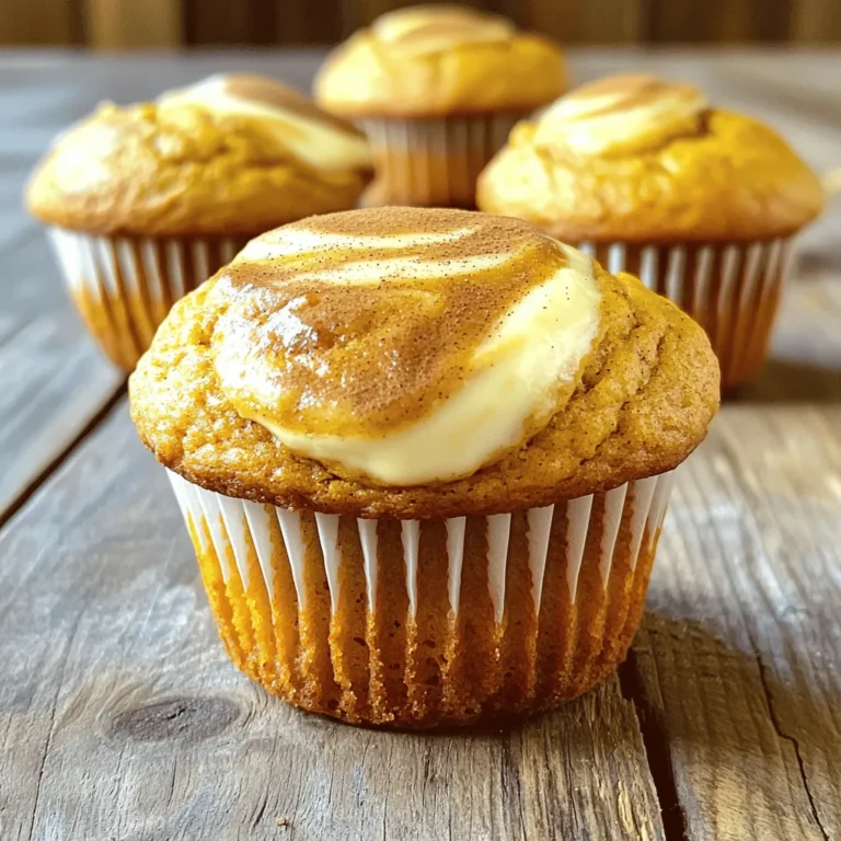 - 1 cup canned pumpkin puree - 1/2 cup vegetable oil - 1 cup packed brown sugar - 1/2 cup granulated sugar - 3 large eggs - 1 teaspoon pure vanilla extract - 1 3/4 cups all-purpose flour - 1 teaspoon baking powder - 1/2 teaspoon baking soda - 1 tablespoon pumpkin pie spice - 1/2 teaspoon salt - 8 oz cream cheese, softened to room temperature - 1/4 cup powdered sugar - 1 egg yolk - 1 teaspoon ground cinnamon (optional) - Muffin tin - Mixing bowls - Whisk - Toothpick or skewer - Toppings like nuts or chocolate chips - Additional spices for extra flavor When I make Pumpkin Spice Cream Cheese Swirl Muffins, I love how simple the ingredients are. The canned pumpkin puree gives the muffins a smooth texture. Vegetable oil keeps them moist, while brown and granulated sugars add a sweet touch. The eggs help bind everything together, and vanilla extract adds a warm flavor. Next, we have the dry ingredients. All-purpose flour gives structure, while baking powder and baking soda help them rise. Pumpkin pie spice brings that classic fall taste, and a touch of salt balances the sweetness. The cream cheese swirl is the star here. Softened cream cheese, powdered sugar, and an egg yolk make it rich and creamy. You can even sprinkle ground cinnamon on top for extra flavor if you like. With these ingredients, you're set to create a delightful treat. For the full recipe, check the section above. Enjoy the process! - Preheat your oven to 350°F (175°C). - Prepare your muffin tin with liners or grease each cup well. - In a large bowl, combine the wet ingredients. - In a separate bowl, mix the dry ingredients. - Gradually fold the dry mix into the wet mix. - Be gentle to avoid overmixing; a few lumps are okay. - In a medium bowl, beat the cream cheese with powdered sugar and the egg yolk until smooth. - Fill the muffin cups with a scoop of pumpkin batter. - Add a dollop of the cream cheese mixture on top. - Spoon more pumpkin batter until cups are two-thirds full. - Bake the muffins for 18-20 minutes. - Check for doneness with a toothpick; it should come out clean. - Cool the muffins slightly before transferring them to racks. For the complete recipe, refer to the [Full Recipe]. To make the best muffins, avoid overmixing. Overmixing can make them tough. Mix until just combined; it’s okay if some lumps remain. Also, use room temperature ingredients. This helps the batter mix evenly and rise well. Fresh spices make a big difference. They add depth and warmth to your muffins. You can also try mix-ins like nuts or chocolate. These add extra texture and flavor. A handful of walnuts or chocolate chips can be a game changer. Dust your muffins with powdered sugar before serving. This adds a nice touch and makes them look fancy. Serve them warm alongside coffee or tea. The warm muffins and hot drinks create a cozy vibe. Try to enjoy them fresh for the best taste. For the full recipe, check out the detailed instructions above! {{image_4}} For a gluten-free version, swap all-purpose flour with a gluten-free blend. Look for a blend that includes xanthan gum for the best results. This change keeps the muffins moist and tender while still delivering that delightful pumpkin spice flavor. If you want a dairy-free treat, simply replace cream cheese with a dairy-free alternative. Many brands offer great cream cheese substitutes made from nuts or soy. This swap makes the muffins just as creamy and tasty without the dairy. To give your muffins a coffee kick, add espresso or coffee flavor to the cream cheese filling. Mix in a tablespoon of instant coffee or espresso powder. This addition gives a rich depth of flavor, perfect for those who love a warm pumpkin spice latte. Try these variations to enjoy your Pumpkin Spice Cream Cheese Swirl Muffins in new ways! For the complete recipe, check out the [Full Recipe]. Store your muffins in an airtight container at room temperature. They stay fresh for up to 3 days. This keeps them soft and moist. You can enjoy them as a quick snack or breakfast treat. For longer storage, refrigerate your muffins. They will last for up to a week. If you want to save them even longer, freeze the muffins. They can stay in the freezer for up to 3 months. Just make sure to wrap them well to avoid freezer burn. When it's time to enjoy a muffin, you can warm them up. Microwave them for a few seconds to bring back their soft texture. If you like crispy edges, toast them in the oven. This adds a nice crunch and enhances the flavors. You can find the Full Recipe to make these delightful muffins and enjoy them fresh! Yes, just ensure it's well-pureed and cooked properly. Fresh pumpkin can add a nice taste. Reduce the amount of brown sugar and granulated sugar. Start with cutting both by one-fourth. Absolutely! Fold them into the batter for added flavor. Dark chocolate pairs well with pumpkin spice. Use applesauce or flaxseed mixed with water as an egg replacer. One tablespoon of flaxseed needs three tablespoons of water. A toothpick should come out clean when inserted into the center. If it has batter on it, bake a few more minutes. For the complete recipe, check [Full Recipe]. You now have a simple guide to making delicious pumpkin muffins. We discussed key ingredients, essential tools, and step-by-step instructions. Tips for perfect texture and flavor enhancements can elevate your baking. Enjoying these muffins with coffee makes for a great treat. You can store them easily or even freeze them for later. With various options, like gluten-free or dairy-free, there’s something for everyone. Embrace your creativity and make these muffins your own! Start baking and enjoy the tasty results!