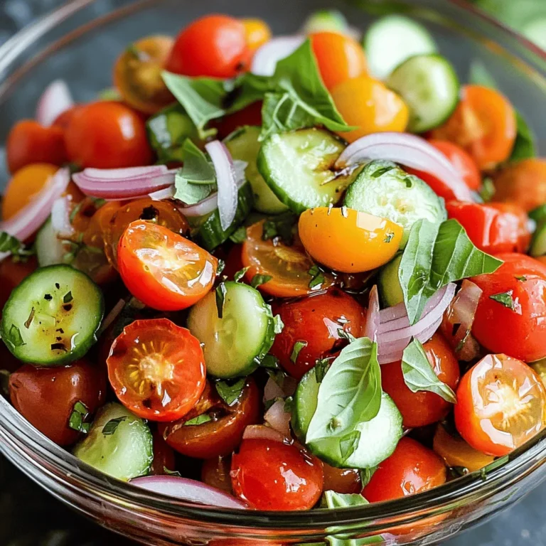 To make this easy marinated tomato salad, gather these fresh ingredients: - 4 cups cherry tomatoes, halved - 1 medium cucumber, diced - 1/4 red onion, thinly sliced - 1/4 cup fresh basil leaves, torn - 2 tablespoons extra virgin olive oil - 2 tablespoons balsamic vinegar - 1 teaspoon natural honey - Salt and freshly cracked pepper to taste You can adjust the ingredient amounts to fit your taste. If you want more crunch, add another cucumber. For a sweeter note, increase the honey to two teaspoons. If you prefer a tangier flavor, use white wine vinegar instead of balsamic. Feel free to swap cherry tomatoes for grape tomatoes or even larger tomatoes. Just chop them into bite-sized pieces. Using fresh herbs makes a big difference in flavor. Fresh basil adds a sweet and aromatic touch. It brightens the salad and makes it feel special. If you have dried herbs, they can work in a pinch. Use about one teaspoon of dried basil instead of fresh. Just remember, dried herbs are stronger, so adjust the amount carefully. Fresh herbs also offer more nutrients and a vibrant look, making your salad truly stand out. For the full recipe for this delicious dish, refer to the [Full Recipe]. Enjoy! First, gather all your fresh vegetables. You will need 4 cups of halved cherry tomatoes, 1 medium diced cucumber, and 1/4 of a thinly sliced red onion. Place these in a large mixing bowl. Use a spoon to mix them gently. This helps combine the flavors without bruising the vegetables. Next, grab a small bowl or a jar. Add 2 tablespoons of extra virgin olive oil, 2 tablespoons of balsamic vinegar, and 1 teaspoon of natural honey. Whisk or shake the mixture until it is smooth. This dressing will bring the salad to life with its sweet and tangy taste. Now, pour the dressing over the vegetables in the mixing bowl. Season with salt and freshly cracked pepper to your liking. Gently toss the ingredients together. Make sure every piece is coated with the dressing. Fold in the torn basil leaves last. This keeps them fresh and aromatic. To let the flavors blend, cover the salad with a lid or plastic wrap. Place it in the fridge for at least 30 minutes. This waiting time makes a big difference in taste. For the complete recipe, check the Full Recipe section. To get the best flavor from your marinated tomato salad, start with fresh ingredients. Use ripe tomatoes and crisp cucumbers for a tasty bite. Mix the salad and dressing in a bowl. Cover it tightly and let it sit in the fridge for at least 30 minutes. This allows the flavors to blend and the vegetables to soak up the marinade. If you have time, marinate it for a few hours for even better taste. You can easily improve the flavor of your salad. Try adding a pinch of garlic powder or a squeeze of lemon juice. Fresh herbs like parsley or oregano bring extra zest. You can also swap balsamic vinegar for red wine vinegar for a different twist. For those who like a hint of heat, add a pinch of red pepper flakes. Each of these tweaks can make your salad unique and exciting. How you serve your salad matters. Use a clear glass bowl to show off the vibrant colors. Layer the ingredients for a beautiful look. Just before serving, sprinkle fresh basil on top for a pop of green. You can also drizzle a little extra olive oil over the salad for shine. This makes it look as good as it tastes. Remember, we eat with our eyes first! For the full recipe, check above. {{image_4}} You can make this salad more colorful. Try adding bell peppers or zucchini. Dice them small to match the tomatoes and cucumbers. Carrots add a nice crunch, too. Just shred them and mix in. Each extra vegetable adds new flavors and textures. You can even add radishes for a peppery bite. This makes the salad more fun and healthy. Want to make your salad filling? Add protein! Chickpeas or black beans work great. Just rinse and drain them before mixing in. Grilled chicken or shrimp also adds a tasty touch. They give the salad a hearty feel. Toss in some feta cheese for creaminess. This makes it not just a side, but a full meal. This salad is easy to adapt for everyone. To keep it vegan, skip the honey or swap it for maple syrup. Use gluten-free balsamic vinegar if you need it. You can even add nuts or seeds for crunch. Sunflower seeds or walnuts work well. These options keep the salad tasty and safe for all diets. For the Full Recipe, check back to create this delicious dish! After making your marinated tomato salad, store it in the fridge. Use an airtight container to keep the salad fresh. It’s best to eat it within three days. This way, the tomatoes stay crisp and tasty. If you want to save your salad longer, consider freezing it. You can freeze the tomatoes and cucumbers separately. Just remember, freezing changes the texture. They may become mushy when thawed. You can also prepare the salad without dressing. Store it in a container for up to a week in the fridge. When you're ready to enjoy your salad, take it out of the fridge. If it looks a bit sad, add fresh herbs or a splash of olive oil. Toss everything gently to bring back the flavors. This will help revive its freshness and taste. Enjoy your salad like it was just made! You should marinate the salad for at least 30 minutes. This time lets the flavors blend well. If you can wait longer, go for an hour. A longer marination makes the salad even tastier. Just remember to cover it while it cools in the fridge. Yes, you can use different types of tomatoes. Each type adds a unique taste. Cherry tomatoes are sweet, while heirloom tomatoes are juicy and rich. You can mix them for more flavor. Just make sure they are ripe and fresh for the best results. This salad pairs well with many dishes. It goes great with grilled chicken or fish. You can also serve it with pasta for a light meal. Try it alongside a charcuterie board or sandwiches too. The fresh taste brightens any meal! This blog post covered everything from ingredients to storage. You learned what fresh herbs work best. We discussed great tips for marinating and flavor. You discovered fun variations to customize your salad. Remember, proper storage keeps your dish fresh longer. Enjoy making your salad fun and tasty! Use these ideas to impress your family and friends. Salad can be so much more than just greens. Try these tips, and you won’t be sorry!