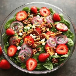 - 4 cups fresh spinach, thoroughly washed and dried - 1 cup ripe strawberries, hulled and sliced into thin rounds - ½ cup candied pecans or walnuts, coarsely chopped - ½ cup feta cheese, crumbled into bite-sized pieces - ¼ medium red onion, finely sliced into thin strips Fresh spinach is the main base of this salad. It gives a crisp and vibrant feel. Use tender baby spinach for the best taste. Ripe strawberries add a sweet burst. When you slice them, you get juicy, colorful rounds that brighten the dish. For crunch, add candied pecans or walnuts. They bring a sweet, nutty flavor. Feta cheese offers a creamy and tangy touch. Crumbling it on top makes each bite special. Lastly, the red onion adds a sharp kick. Its thin slices provide a nice contrast to the sweet strawberries. - ¼ cup extra-virgin olive oil - 2 tablespoons apple cider vinegar - 2 tablespoons pure honey - 1 tablespoon poppy seeds - Sea salt and freshly cracked black pepper, to taste The poppyseed dressing is simple yet rich in flavor. Start with extra-virgin olive oil for a smooth base. The apple cider vinegar adds tanginess that balances the sweet honey. Honey ties the flavors together with its natural sweetness. Poppy seeds add a delightful crunch and visual appeal. Season the dressing with sea salt and pepper for a perfect finish. When all these ingredients mix, they create a creamy dressing that enhances your salad. For the full recipe, check out the details! 1. In a small bowl, combine extra-virgin olive oil, apple cider vinegar, honey, and poppy seeds. 2. Whisk the mixture until it becomes creamy and well-blended. 3. Taste the dressing and add salt and black pepper as needed. 1. Start with fresh spinach as your base in a large salad bowl. 2. Next, layer the sliced strawberries evenly over the spinach. 3. Sprinkle the chopped candied pecans or walnuts across the salad. 4. Crumble the feta cheese on top for a creamy finish. 5. Finally, add the thinly sliced red onion for extra flavor and crunch. 1. Drizzle the poppyseed dressing over the salad just before serving. 2. Use clean hands or two large spoons to gently toss the salad. 3. Make sure all ingredients are coated without bruising the spinach or strawberries. 4. For the best taste, serve the salad right away. - Presentation Tips: Use a clear glass bowl to show off the colorful layers. Add a few whole strawberries and a sprinkle of poppy seeds on top for extra flair. For all the details and measurements, check the Full Recipe. To make this salad shine, start with fresh spinach. Look for bright, vibrant leaves with no wilting or browning. The spinach should feel crisp and have a fresh smell. For strawberries, choose ripe ones that are bright red and firm. Avoid any that are mushy or have dark spots. When selecting cheese, feta works best because of its creamy texture. Look for a block of feta instead of pre-crumbled. For nuts, candied pecans or walnuts add sweetness and crunch. Make sure they are fresh, and check the label for quality ingredients. You can customize the poppyseed dressing to suit your taste. Add more honey for extra sweetness or a splash of lemon juice for tang. Feel free to mix in herbs like basil or mint for added flavor. A pinch of cayenne pepper can give it a nice kick. For special occasions, serve the salad in a large, clear glass bowl. This shows off the colorful layers. Garnish with whole strawberries around the edge and sprinkle additional poppy seeds on top. This makes the salad look festive and inviting. For the best experience, serve the salad right after mixing. This keeps the spinach and strawberries fresh and crisp. Enjoy the delightful flavors! For the complete recipe, check out the Full Recipe. {{image_4}} You can switch up the fruits in this salad based on what is in season. Try using ripe peaches or juicy blueberries for a different taste. They add nice colors and flavors. For nuts, consider almonds or hazelnuts instead of pecans or walnuts. Each nut brings its unique crunch and taste. If you want a creamier touch, you can swap feta for goat cheese. It adds a tangy flavor that pairs well with the sweetness of strawberries. If you're looking for vegan options, replace feta cheese with avocado or tofu. Both options provide creaminess and healthy fats. For the dressing, use maple syrup instead of honey for a sweet touch. If you need gluten-free alternatives, this salad is naturally gluten-free. Just ensure any added ingredients, like nuts or processed items, are certified gluten-free. This way, everyone can enjoy the salad without worry. This salad goes great with grilled chicken or fish. The light flavors of the salad complement the protein, making a balanced meal. For side dishes, consider serving crusty bread or a light soup. These pair nicely and round out the meal. You can find the full recipe to make this delightful salad and explore more ideas for enjoying it. To keep your salad fresh, store it in an airtight container. Place the salad and dressing in separate containers. This keeps the greens crisp and the flavors fresh. If you mix it all, the spinach will wilt. No one wants a soggy salad! Store the salad in the fridge. It stays fresh for about 1 to 2 days. Keep the salad at a cold temperature. This helps the strawberries and spinach stay bright and tasty. If you notice the spinach turning brown, it’s time to toss it. I do not recommend freezing this salad. The texture of spinach and strawberries changes when frozen. If you want to freeze, try freezing the dressing only. Use ice cube trays for easy portions. When you are ready, thaw and add fresh ingredients to your salad. The spinach strawberry salad lasts about 1 to 2 days in the fridge. Store it in an airtight container. Keeping the dressing separate helps keep the salad fresh. Yes, you can prepare the salad ahead of time. Make it about 1 to 2 hours before serving. This allows the flavors to blend nicely. Just remember to add the dressing right before you serve. If you lack any ingredients, here are some simple swaps: - Use kale instead of spinach for a heartier base. - Swap strawberries for blueberries or raspberries for a different taste. - Replace feta with goat cheese for a creamier texture. - Use almonds instead of pecans for crunch. Absolutely! You can try balsamic vinaigrette for a tangy twist. A honey mustard dressing adds sweetness. For a creamier option, ranch dressing works well too. Each dressing pairs nicely with the salad's flavors. This salad recipe uses fresh spinach, strawberries, and tasty nuts to create a bright dish. I shared how to make a sweet poppyseed dressing that ties it all together. You can also tweak ingredients to fit your diet or taste. Keep this salad in your fridge, but remember to store the dressing separately. Elevate your meal by pairing it with great sides or proteins. Enjoy making and sharing it at your next gathering!