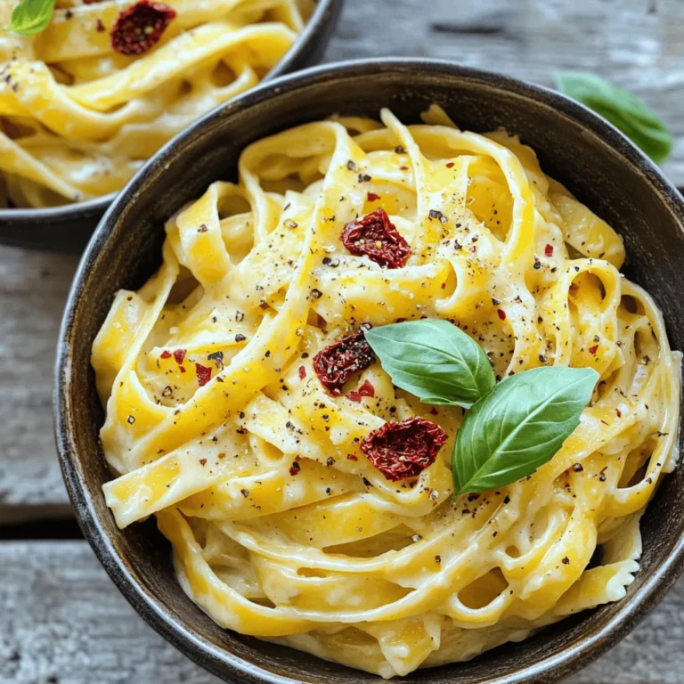 - 8 ounces of fettuccine or your preferred pasta - 1 cup of sun-dried tomatoes packed in oil, drained and finely chopped - 1 cup of heavy cream - 1 cup of freshly grated Parmesan cheese - 2 cloves of garlic, minced - 2 tablespoons of extra virgin olive oil - 1/2 teaspoon of red pepper flakes (or to taste) - Sea salt and freshly cracked black pepper to taste - Fresh basil leaves, torn, for garnish When I make Creamy Sun-Dried Tomato Pasta, I gather all my ingredients first. This makes cooking smooth and fun. The fettuccine pasta is my go-to choice, but you can use any pasta you love. Sun-dried tomatoes give this dish a rich, bold flavor. They come packed in oil, which adds even more taste. I use heavy cream to make the sauce creamy and dreamy. Freshly grated Parmesan cheese is key for a cheesy texture. I always remember to have garlic on hand. It adds a warm aroma that makes my kitchen smell amazing. For that extra kick, I add red pepper flakes. You can adjust this based on your spice level. Finally, I finish with sea salt and black pepper for seasoning. Torn fresh basil leaves give a nice pop of color and flavor. For the full recipe, check out the instructions that follow. First, grab a large pot and fill it with water. Add a good amount of salt to the water. This step adds flavor to the pasta. Next, bring the salted water to a boil. When the water bubbles, toss in your pasta. I like fettuccine, but you can use any pasta you love. Cook the pasta until it is al dente, usually 8-10 minutes. Before you drain it, save about 1/2 cup of the pasta water. This water helps make the sauce creamy later. Once done, drain the pasta and set it aside. Now, it's time to make the sauce. Take a large skillet and heat 2 tablespoons of olive oil over medium heat. You want the oil to shimmer. When it does, add 2 minced garlic cloves. Cook them for about 1 minute. Watch closely so the garlic doesn't burn. Burnt garlic tastes bitter and ruins the dish. After the garlic is fragrant, add your chopped sun-dried tomatoes and 1/2 teaspoon of red pepper flakes. Stir this mixture for 2-3 minutes. This helps the flavors mix well. Next, you will create the creamy base. Lower the heat a bit and pour in 1 cup of heavy cream. Stir everything together. Let the mixture simmer for 3-5 minutes. This step allows it to thicken. After that, add 1 cup of freshly grated Parmesan cheese. Keep stirring until the cheese fully melts. If the sauce gets too thick, add some of the reserved pasta water a little at a time. This will help you reach the perfect creamy texture. Now, you're ready to combine the pasta with the sauce. For the full recipe, check out the instructions above. To get that rich, creamy sauce, you can adjust the thickness easily. After draining your pasta, save some of the pasta water. If your sauce feels too thick, add a little of this water. It will help you reach the perfect creaminess without losing flavor. Make sure to melt the cheese fully as you stir. This step is key for a smooth texture. If you see lumps, your sauce won’t be as nice. Just keep stirring until the cheese blends well. To make this dish even better, think about adding herbs or spices. Fresh basil is a great choice, but you could also try thyme or oregano. A sprinkle of lemon zest can add a nice punch too. These small changes can really brighten the dish. Balancing the creaminess with a bit of acidity is also important. A splash of lemon juice or a dash of vinegar can cut through the richness. This balance makes each bite taste fresh. For an eye-catching dish, serve your pasta in deep bowls. A sprinkle of extra Parmesan on top adds a nice touch. You can also place a sprig of fresh basil for color. When it comes to sides, think about serving a light salad. A simple green salad with a vinaigrette pairs well. You could also serve crusty bread to soak up any leftover sauce. For the full recipe, check out the Creamy Sun-Dried Tomato Pasta Delight. {{image_4}} You can add protein to your creamy sun-dried tomato pasta. Chicken, shrimp, or tofu work well. For chicken, cook bite-sized pieces in olive oil until golden. This takes about 5-7 minutes. For shrimp, sauté them until they turn pink, usually around 3-4 minutes. If you prefer tofu, use firm or extra-firm tofu. Cut it into cubes and cook it until crispy, which takes about 6-8 minutes. When adding these proteins, just adjust the cooking time to ensure they are cooked through and safe to eat. Incorporating vegetables is a great way to boost nutrition. Spinach, peas, and bell peppers add color and flavor. Spinach wilts quickly, so add it in the last minute of cooking. Peas can be stirred in when you add the pasta to the sauce. They only need a couple of minutes to heat up. For bell peppers, cook them in the skillet with the garlic until tender, around 3-4 minutes. This adds a nice crunch and a pop of sweetness to the dish. If you want a different creamy base, try coconut milk or cashew cream for vegan options. These alternatives give a rich taste without dairy. For a lighter version, consider using Greek yogurt. It adds creaminess while cutting calories. Be sure to mix it in after you turn off the heat, so it doesn't curdle. You can also blend in some broth for a thinner sauce if you prefer a less rich flavor. These swaps make the dish adaptable to any diet. For more tips and the full recipe, check out the complete guide on Creamy Sun-Dried Tomato Pasta. To keep your Creamy Sun-Dried Tomato Pasta fresh, you need to store it well. First, let the pasta cool down to room temperature. This helps avoid condensation in the container. Use airtight containers for best results. Glass containers work great, but plastic ones are fine too. Make sure to seal them tightly. Store in the fridge for up to three days. When reheating your pasta, you have a couple of good options. You can use the microwave or the stovetop. For the microwave, place the pasta in a safe bowl and cover it. Heat in short bursts, stirring in between. If you choose the stovetop, add a splash of cream or pasta water to a pan. Warm it over low heat, stirring gently. This keeps the pasta creamy and tasty. Yes, you can freeze Creamy Sun-Dried Tomato Pasta! To freeze, let the pasta cool completely. Divide it into portions and place them in freezer-safe bags. Press out as much air as possible to prevent freezer burn. When you want to eat it, transfer a portion to the fridge to thaw overnight. To reheat, follow the stovetop method for the best texture. Yes, you can use various pasta kinds for this dish. Fettuccine is great, but you can try penne, linguine, or even gluten-free options. Just remember, cooking times may differ. For example, penne takes about 11-13 minutes. Always check the package for specifics. To make this dish vegan, swap heavy cream with coconut cream or cashew cream. For cheese, use plant-based options like nutritional yeast or vegan Parmesan. They add a cheesy taste without dairy. Check labels to ensure they fit your dietary needs. This pasta pairs well with a fresh salad or garlic bread. A simple arugula salad with lemon juice brightens the meal. Grilled veggies also make a great side. They add color and flavor to your plate. To check if your pasta is al dente, taste a piece a minute or two before the package time ends. It should be firm but not hard. If it’s chewy and has a slight bite, you’re good! Drain and mix it with the sauce right away to keep it perfect. In this post, we explored how to make a delicious creamy sun-dried tomato pasta. We covered the key ingredients, step-by-step cooking instructions, and tips for perfecting the dish. Remember to adjust the creaminess and experiment with protein or veggie options. Leftovers store well, and reheating can keep the dish creamy. With all these insights, you can create a meal that delights your taste buds every time. Enjoy your cooking journey!