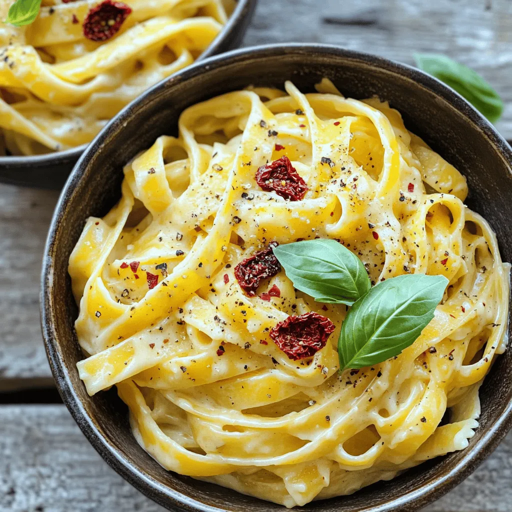 - 8 ounces of fettuccine or your preferred pasta - 1 cup of sun-dried tomatoes packed in oil, drained and finely chopped - 1 cup of heavy cream - 1 cup of freshly grated Parmesan cheese - 2 cloves of garlic, minced - 2 tablespoons of extra virgin olive oil - 1/2 teaspoon of red pepper flakes (or to taste) - Sea salt and freshly cracked black pepper to taste - Fresh basil leaves, torn, for garnish When I make Creamy Sun-Dried Tomato Pasta, I gather all my ingredients first. This makes cooking smooth and fun. The fettuccine pasta is my go-to choice, but you can use any pasta you love. Sun-dried tomatoes give this dish a rich, bold flavor. They come packed in oil, which adds even more taste. I use heavy cream to make the sauce creamy and dreamy. Freshly grated Parmesan cheese is key for a cheesy texture. I always remember to have garlic on hand. It adds a warm aroma that makes my kitchen smell amazing. For that extra kick, I add red pepper flakes. You can adjust this based on your spice level. Finally, I finish with sea salt and black pepper for seasoning. Torn fresh basil leaves give a nice pop of color and flavor. For the full recipe, check out the instructions that follow. First, grab a large pot and fill it with water. Add a good amount of salt to the water. This step adds flavor to the pasta. Next, bring the salted water to a boil. When the water bubbles, toss in your pasta. I like fettuccine, but you can use any pasta you love. Cook the pasta until it is al dente, usually 8-10 minutes. Before you drain it, save about 1/2 cup of the pasta water. This water helps make the sauce creamy later. Once done, drain the pasta and set it aside. Now, it's time to make the sauce. Take a large skillet and heat 2 tablespoons of olive oil over medium heat. You want the oil to shimmer. When it does, add 2 minced garlic cloves. Cook them for about 1 minute. Watch closely so the garlic doesn't burn. Burnt garlic tastes bitter and ruins the dish. After the garlic is fragrant, add your chopped sun-dried tomatoes and 1/2 teaspoon of red pepper flakes. Stir this mixture for 2-3 minutes. This helps the flavors mix well. Next, you will create the creamy base. Lower the heat a bit and pour in 1 cup of heavy cream. Stir everything together. Let the mixture simmer for 3-5 minutes. This step allows it to thicken. After that, add 1 cup of freshly grated Parmesan cheese. Keep stirring until the cheese fully melts. If the sauce gets too thick, add some of the reserved pasta water a little at a time. This will help you reach the perfect creamy texture. Now, you're ready to combine the pasta with the sauce. For the full recipe, check out the instructions above. To get that rich, creamy sauce, you can adjust the thickness easily. After draining your pasta, save some of the pasta water. If your sauce feels too thick, add a little of this water. It will help you reach the perfect creaminess without losing flavor. Make sure to melt the cheese fully as you stir. This step is key for a smooth texture. If you see lumps, your sauce won’t be as nice. Just keep stirring until the cheese blends well. To make this dish even better, think about adding herbs or spices. Fresh basil is a great choice, but you could also try thyme or oregano. A sprinkle of lemon zest can add a nice punch too. These small changes can really brighten the dish. Balancing the creaminess with a bit of acidity is also important. A splash of lemon juice or a dash of vinegar can cut through the richness. This balance makes each bite taste fresh. For an eye-catching dish, serve your pasta in deep bowls. A sprinkle of extra Parmesan on top adds a nice touch. You can also place a sprig of fresh basil for color. When it comes to sides, think about serving a light salad. A simple green salad with a vinaigrette pairs well. You could also serve crusty bread to soak up any leftover sauce. For the full recipe, check out the Creamy Sun-Dried Tomato Pasta Delight. {{image_4}} You can add protein to your creamy sun-dried tomato pasta. Chicken, shrimp, or tofu work well. For chicken, cook bite-sized pieces in olive oil until golden. This takes about 5-7 minutes. For shrimp, sauté them until they turn pink, usually around 3-4 minutes. If you prefer tofu, use firm or extra-firm tofu. Cut it into cubes and cook it until crispy, which takes about 6-8 minutes. When adding these proteins, just adjust the cooking time to ensure they are cooked through and safe to eat. Incorporating vegetables is a great way to boost nutrition. Spinach, peas, and bell peppers add color and flavor. Spinach wilts quickly, so add it in the last minute of cooking. Peas can be stirred in when you add the pasta to the sauce. They only need a couple of minutes to heat up. For bell peppers, cook them in the skillet with the garlic until tender, around 3-4 minutes. This adds a nice crunch and a pop of sweetness to the dish. If you want a different creamy base, try coconut milk or cashew cream for vegan options. These alternatives give a rich taste without dairy. For a lighter version, consider using Greek yogurt. It adds creaminess while cutting calories. Be sure to mix it in after you turn off the heat, so it doesn't curdle. You can also blend in some broth for a thinner sauce if you prefer a less rich flavor. These swaps make the dish adaptable to any diet. For more tips and the full recipe, check out the complete guide on Creamy Sun-Dried Tomato Pasta. To keep your Creamy Sun-Dried Tomato Pasta fresh, you need to store it well. First, let the pasta cool down to room temperature. This helps avoid condensation in the container. Use airtight containers for best results. Glass containers work great, but plastic ones are fine too. Make sure to seal them tightly. Store in the fridge for up to three days. When reheating your pasta, you have a couple of good options. You can use the microwave or the stovetop. For the microwave, place the pasta in a safe bowl and cover it. Heat in short bursts, stirring in between. If you choose the stovetop, add a splash of cream or pasta water to a pan. Warm it over low heat, stirring gently. This keeps the pasta creamy and tasty. Yes, you can freeze Creamy Sun-Dried Tomato Pasta! To freeze, let the pasta cool completely. Divide it into portions and place them in freezer-safe bags. Press out as much air as possible to prevent freezer burn. When you want to eat it, transfer a portion to the fridge to thaw overnight. To reheat, follow the stovetop method for the best texture. Yes, you can use various pasta kinds for this dish. Fettuccine is great, but you can try penne, linguine, or even gluten-free options. Just remember, cooking times may differ. For example, penne takes about 11-13 minutes. Always check the package for specifics. To make this dish vegan, swap heavy cream with coconut cream or cashew cream. For cheese, use plant-based options like nutritional yeast or vegan Parmesan. They add a cheesy taste without dairy. Check labels to ensure they fit your dietary needs. This pasta pairs well with a fresh salad or garlic bread. A simple arugula salad with lemon juice brightens the meal. Grilled veggies also make a great side. They add color and flavor to your plate. To check if your pasta is al dente, taste a piece a minute or two before the package time ends. It should be firm but not hard. If it’s chewy and has a slight bite, you’re good! Drain and mix it with the sauce right away to keep it perfect. In this post, we explored how to make a delicious creamy sun-dried tomato pasta. We covered the key ingredients, step-by-step cooking instructions, and tips for perfecting the dish. Remember to adjust the creaminess and experiment with protein or veggie options. Leftovers store well, and reheating can keep the dish creamy. With all these insights, you can create a meal that delights your taste buds every time. Enjoy your cooking journey!