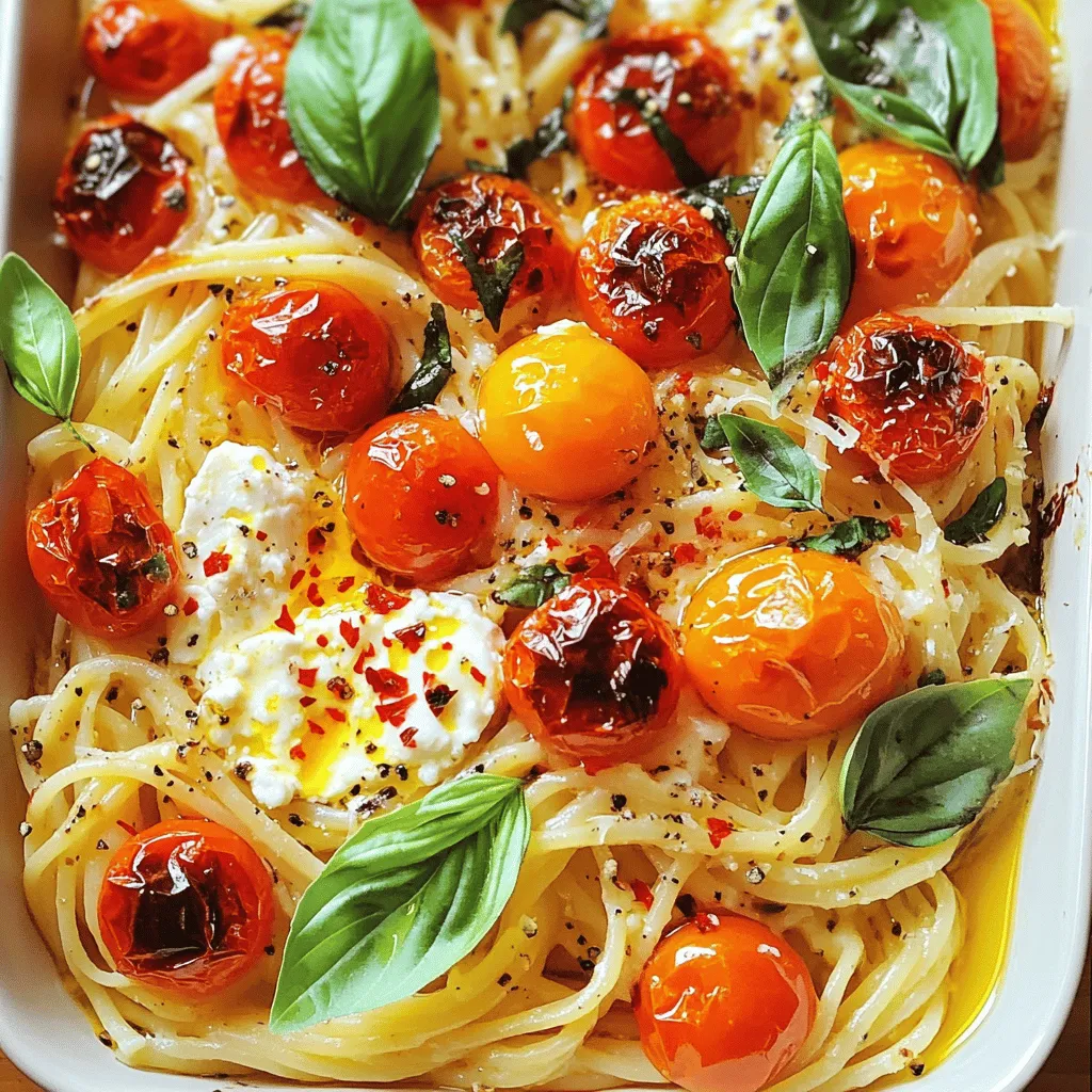 - 1 block (8 oz) of feta cheese - 3 cups cherry tomatoes, halved - 4 cloves garlic, finely minced - ½ teaspoon red pepper flakes (optional for heat) - 1 teaspoon dried oregano - ½ cup extra virgin olive oil - Salt and freshly ground black pepper to taste - 12 oz pasta of your choice (penne or fusilli are excellent options) - Fresh basil leaves for vibrant garnish - Grated parmesan cheese for a savory topping Feta cheese brings a creamy and tangy flavor. It melts beautifully, making a rich sauce. Cherry tomatoes add sweetness and acidity. They burst and infuse the dish with a fresh taste. Garlic gives depth and a savory note. Red pepper flakes can add a gentle heat, but you can skip them if you prefer a milder dish. Olive oil enhances richness and helps all flavors blend. Oregano adds an earthy, herbal touch. Lastly, fresh basil gives a bright finish and a pop of color. For feta cheese, I recommend brands like Athenos or Mt. Vikos. They offer great taste and texture. Use ripe cherry tomatoes for the best flavor. Look for brands that sell organic tomatoes if possible. For olive oil, choose extra virgin for its robust flavor. Brands like California Olive Ranch or Lucini are excellent choices. For pasta, Barilla or De Cecco are reliable options. They cook well and hold sauce nicely. Always choose fresh herbs when you can; they elevate your dish's taste significantly. Start by gathering your ingredients. You need feta cheese, cherry tomatoes, garlic, red pepper flakes, oregano, olive oil, salt, pepper, pasta, basil, and parmesan. Preheat your oven to 400°F (200°C). This step gets your oven ready for the baking magic. In a medium-sized baking dish, add the halved cherry tomatoes and minced garlic. If you like some heat, sprinkle in the red pepper flakes. Add the oregano and drizzle with olive oil. Season with salt and pepper, then mix well. Make sure the tomatoes are fully coated in the oil and spices. Next, create a small space in the middle of your tomato mixture. Place the block of feta cheese right in that space. This way, the cheese bakes perfectly in the tomato juices. Drizzle a little more olive oil on top of the feta for extra flavor. Now it’s time to bake! Carefully place your dish in the preheated oven. Bake for 25-30 minutes. Keep an eye on it. You want the tomatoes to blister and soften, and the feta to turn golden and melty. While your dish bakes, bring a large pot of salted water to a boil. This pot will cook your pasta. Add the pasta to the boiling water. Cook according to the package instructions until it's al dente. This means it should be firm to the bite but not hard. Once done, drain the pasta but do not rinse it. Set it aside for the next step. When the feta and tomatoes are done baking, take the dish out of the oven. Use a fork to mash the feta into the tomato mixture. Stir until it becomes a creamy sauce. Then, add the cooked pasta directly into the baking dish. Toss everything together. Make sure every piece of pasta gets coated in that rich, creamy sauce. For a lovely finish, garnish with fresh basil leaves and a sprinkle of grated parmesan cheese. Serve and enjoy your delicious baked feta pasta! You can find the full recipe above to refer back to. Use high-quality feta cheese. Look for creamy, rich feta for the best taste. Fresh cherry tomatoes add sweetness and acidity. Don't skip the garlic; it boosts flavor. A drizzle of extra virgin olive oil enhances richness. Add red pepper flakes for a touch of heat. Adjust salt and pepper to your taste. This mix of flavors makes each bite exciting. Avoid using low-quality pasta; it can ruin your dish. Don't skip the salt in the water when boiling pasta. This step adds flavor to the pasta itself. Overbaking the feta can lead to dryness, so keep an eye on the timing. Stir the feta and tomatoes too soon; let them bake until soft for better texture. Last, don't forget to toss the pasta well with the sauce. This step ensures every piece gets coated. To achieve a smooth sauce, mash the feta well into the tomatoes. Mix until the sauce is creamy and thick. If it’s too thick, add a splash of pasta water. This water contains starch, which helps bind the sauce. Stirring the pasta into the sauce while it's hot helps it absorb flavor. Lastly, finish with a sprinkle of parmesan cheese for added creaminess and taste. This blend creates a rich, comforting dish you’ll love. For a detailed recipe, check out the Full Recipe. {{image_4}} You can play with the ingredients to suit your needs. If you want a vegan option, skip the feta. Try using a block of tofu instead. Marinate the tofu in olive oil, lemon juice, and herbs for flavor. For gluten-free pasta, choose rice or chickpea pasta. These options keep the dish tasty and satisfying. The type of pasta you choose can change the dish's texture. Penne and fusilli hold the creamy sauce well. They catch the sauce and bits of tomato perfectly. Spaghetti offers a classic feel but may not hold as much sauce. Try out different shapes and see what you like best. Each type brings its unique flair to the meal. To enhance your meal, think outside the box. Serve Baked Feta Pasta with a side salad for freshness. A simple arugula salad with lemon dressing works well. Pair it with crusty bread to soak up the sauce. You can also add roasted veggies for extra flavor. These sides make the dish feel complete and more satisfying. For the full recipe, check out the details above! Store leftover Baked Feta Pasta in an airtight container. Let it cool first before sealing. Use it within three days for the best taste. If you plan to keep it longer, freezing is a better option. To reheat, place the pasta in a baking dish. Add a splash of olive oil to keep it moist. Cover it with foil to prevent it from drying out. Heat in the oven at 350°F (175°C) for about 15-20 minutes. You can also warm it on the stove over low heat, stirring gently. You can freeze Baked Feta Pasta for up to three months. Portion it into freezer-safe containers for easy meals later. To reheat, let it thaw overnight in the fridge. Bake it at 350°F (175°C) until hot throughout. This makes meal prep quick and easy! For the full recipe, check the earlier section. Baked Feta Pasta comes from Finland. It became popular online in early 2021. It started as a simple dish with feta, tomatoes, and pasta. The recipe quickly spread across social media. Its creamy texture and savory flavor caught many people’s attention. People loved how easy and tasty it was to make. Yes, you can use different cheeses if you like. Goat cheese works well and gives a tangy flavor. Cream cheese can also add a rich, smooth texture. If you want a milder taste, try using ricotta. Just remember, the cheese will change the dish's flavor a bit. To make a vegetarian version, focus on fresh vegetables. You can add bell peppers, zucchini, or spinach. These add color, flavor, and nutrients. Just mix them in with the tomatoes before baking. This way, you keep the dish vibrant and tasty. You can also check the Full Recipe for more ideas on vegetarian options. Baked Feta Pasta is easy and fun to make. We covered the key ingredients, steps, and tips. You learned how to avoid common mistakes and achieve great flavor. We also explored tasty variations and storage tips. Using this guide, you can create your own perfect dish. Enjoy sharing this recipe with family and friends. Baked Feta Pasta can be your new go-to meal. Try it out and taste the joy of cooking!