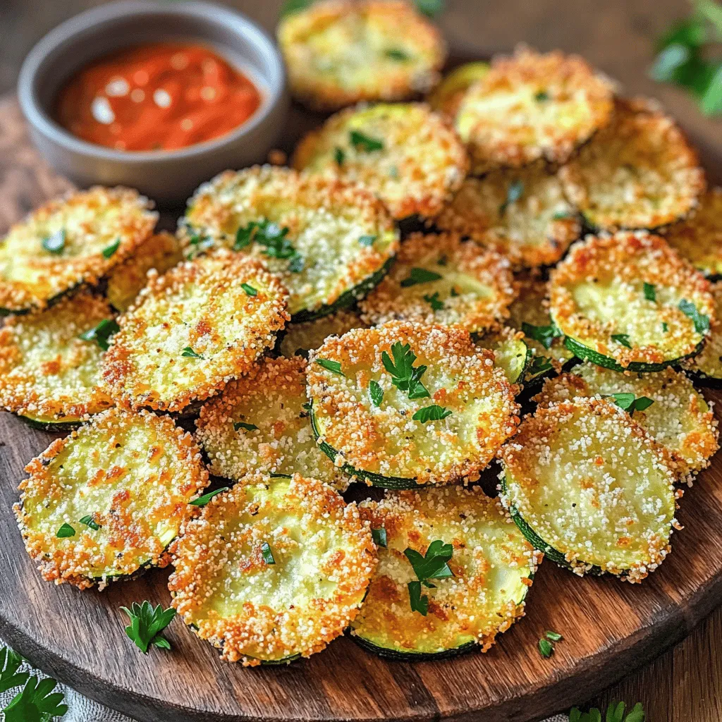 - 2 medium zucchinis - 1 cup freshly grated Parmesan cheese - 1 cup panko breadcrumbs - 2 large eggs - Garlic powder, onion powder, Italian herbs - Salt and pepper To make Air Fryer Parmesan Crusted Zucchini Chips, you need fresh ingredients. Zucchini gives a nice crunch and is low in calories. Parmesan cheese adds a rich flavor. Panko breadcrumbs help create a crispy texture. Eggs act as a binder, making the coating stick. Use garlic powder, onion powder, and Italian herbs to spice things up. They add depth to each bite. Don’t forget salt and pepper for seasoning. Freshly ground pepper enhances the taste. Gather these items before you start cooking. Using fresh ingredients makes a big difference. The right mix of flavors keeps each chip exciting. Enjoy the process of making this tasty snack! Set your air fryer to 400°F (200°C). Preheating is key for crispy results. If you skip this step, your chips might turn out soggy. In a shallow bowl, mix 1 cup of freshly grated Parmesan cheese and 1 cup of panko breadcrumbs. Add 1 teaspoon each of garlic powder, onion powder, and dried Italian herbs. Don’t forget to season with salt and pepper. Use a fork and mix everything well for even flavor. In another bowl, beat 2 large eggs until frothy. Take each zucchini slice and dip it into the egg, coating every side. Then, transfer the slice to the breadcrumb mixture. Press gently to make sure the coating sticks well on both sides. Place the coated zucchini chips in the air fryer basket in a single layer. Avoid crowding them so they cook evenly. Lightly spray the tops with cooking spray. Cook for 8-10 minutes, flipping them halfway for even browning. When they are golden brown, they are ready. Let them cool a bit before serving. To get the best crunch, always use cooking spray. It helps the chips brown nicely. Lightly spray the tops before cooking. This small step makes a big difference in texture. If you have a lot of zucchini, you might need to cook in batches. Keep the first batch warm in the oven at a low setting. This way, all chips stay hot and crispy when serving. Pair your zucchini chips with tasty dips. Marinara sauce adds a classic touch. You can also serve them with creamy ranch for a rich flavor. For a beautiful presentation, arrange the chips on a colorful platter. Add freshly chopped parsley or basil on top. This adds a pop of color and makes your dish look stunning. Enjoy your tasty, crunchy snack! {{image_4}} You can easily change the flavor of your zucchini chips. Here are a few ideas: - Spicy variations: Add red pepper flakes to the breadcrumb mix. This gives your chips a nice kick. - Different cheese options: Try using cheddar or mozzarella cheese instead of Parmesan. Each cheese brings its own taste and creaminess. These small changes can make a big difference. You can mix and match to find your favorite flavor! If you want to make these chips even healthier, consider these options: - Low-carb options: Use crushed pork rinds instead of panko breadcrumbs. This keeps the crunch without the carbs. - Gluten-free options: Almond flour or gluten-free breadcrumbs work well too. They still give a tasty crunch. These alternatives help you enjoy your zucchini chips while staying mindful of your diet. To keep your leftover zucchini chips fresh, use an airtight container. Glass or plastic containers work well. Store them in the fridge right after they cool down. This helps keep them safe and tasty. Best containers for storage: - Airtight glass container - Plastic food storage container Recommended refrigeration practices: - Seal container tightly. - Place in the fridge within two hours of cooking. Reheating can be tricky. You want your chips crispy, not soggy. I find the air fryer works best for this. It brings back the crunch without drying them out. You can use a microwave, but they won’t get crispy. How to restore crispiness when reheating: - Use the air fryer at 350°F for 3-5 minutes. - Check to see if they are warm and crisp. Microwave versus air fryer reheating methods: - Microwave: Place chips on a plate, heat for 30 seconds. Expect soft chips. - Air fryer: Preheat, then heat chips for better texture. To keep your zucchini chips crispy, avoid common mistakes. First, slice the zucchini evenly. If the slices are too thick, they won’t crisp up well. Second, remove excess moisture. Use paper towels to pat them dry after slicing. This step helps prevent sogginess. For best results, use the correct amount of cooking oil. A light spray of cooking spray works well. It helps the chips get that crunchy texture. Air fry at 400°F (200°C) for 8-10 minutes. Flip them halfway to ensure even cooking. Yes! You can use other vegetables. Some great options include eggplant, sweet potatoes, and carrots. Each of these can give you a unique flavor and texture. Adjust the cooking time based on the vegetable. For example, sweet potatoes might need a bit longer. Just keep an eye on them to avoid burning. Absolutely! You can prep these zucchini chips ahead of time. Slice and coat them, then keep them in the fridge. They stay fresh for up to two days. When you are ready to cook, just air fry them. They will still taste great! Enjoy them as a snack or side dish throughout the week. You learned how to make crispy zucchini chips step by step. We discussed the right ingredients, cooking methods, and helpful tips to ensure great flavor. Remember, preheating the air fryer and using the right coating are key to success. Experiment with seasonings and try different veggies for fun twists. Don’t forget the best ways to store and reheat your chips to keep them tasty. Enjoy your crunchy snack and share it with friends!