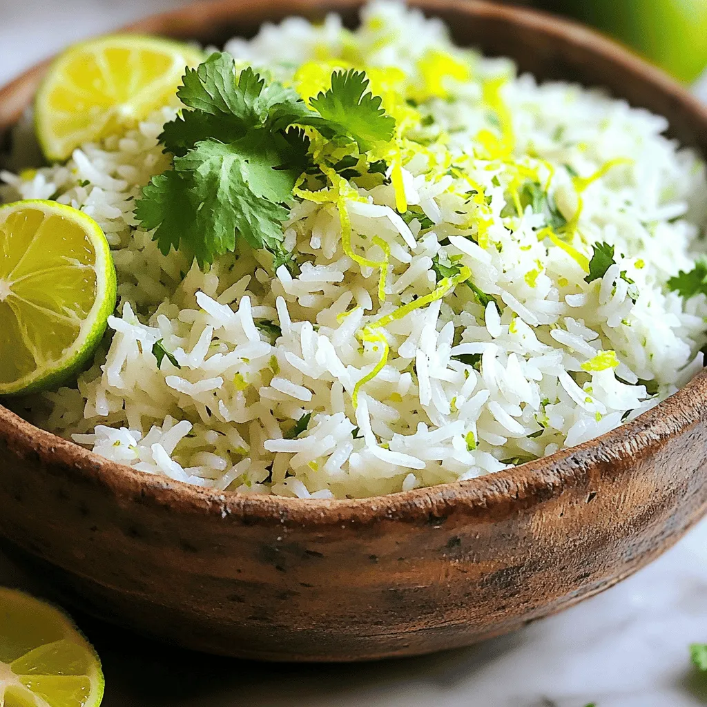 To make cilantro lime rice, gather these simple ingredients: - 1 cup jasmine rice - 2 cups vegetable broth (or water) - 1 tablespoon olive oil - 1 lime (zested and juiced) - 1/4 cup fresh cilantro, finely chopped - 1 garlic clove, minced - 1/2 teaspoon salt - 1/4 teaspoon black pepper You can easily swap out some ingredients. If you don't have jasmine rice, use basmati rice for a different flavor. You can replace vegetable broth with chicken broth for a richer taste. For a lighter option, water works just fine. If you're out of olive oil, use any cooking oil you have on hand. Fresh cilantro is key for the taste, but parsley can work in a pinch. If you prefer less acidity, use half the lime juice. Using fresh ingredients makes a big difference. Here are some tips to ensure freshness: - Rice: Always choose high-quality rice. Look for brands that offer whole grains and check the packaging date. - Cilantro: Look for bright green leaves. Avoid yellow or wilted leaves. Use it within a few days for the best flavor. - Lime: Choose limes that feel heavy for their size. This means they're juicy. Store them in the fridge to keep them fresh longer. - Garlic: Fresh garlic should be firm and without sprouting. Store it in a cool, dry place away from light. Using fresh ingredients helps your cilantro lime rice taste vibrant and delicious. Start by rinsing the jasmine rice. Place it in a fine mesh strainer and run cold water over it. Rinse until the water runs clear. This step removes extra starch and helps the rice stay fluffy. Next, heat olive oil in a medium saucepan over medium heat. Add minced garlic once the oil is hot. Sauté for about 30 seconds until it smells great, but don’t let it burn. Now, add the rinsed rice to the pot. Stir to coat each grain with the garlic oil. Toast the rice for 1-2 minutes while stirring often. This brings out the flavor. Pour in the vegetable broth or water. Turn the heat up to bring it to a boil. Once it boils, lower the heat. Cover the pot with a lid and let it simmer for 15-18 minutes. The rice will be soft and absorb all the liquid. After cooking, turn off the heat, but keep the lid on. Let the rice sit for another 5 minutes. This steaming step makes the rice even better. Remove the lid and fluff the rice gently with a fork. This will separate the grains. Then, stir in lime juice, lime zest, chopped cilantro, salt, and black pepper. Mix well to spread the zesty flavor throughout. Taste your rice and adjust the lime juice or salt if needed. - Skipping the Rinse: Always rinse your jasmine rice. This step removes excess starch. Skipping it can make the rice sticky. - Overcooking the Rice: Keep an eye on the cooking time. If you cook it too long, the rice can become mushy. - Not Letting it Steam: Let the rice sit covered after cooking. This helps it fluff up nicely. - Sautéing Garlic First: Sautéing garlic in olive oil adds great flavor. Just be careful not to burn it. - Toasting the Rice: Toasting the rinsed rice brings out its flavor. Just a few minutes in the pan makes a big difference. - Fluffing with a Fork: Use a fork to fluff the rice. This keeps the grains separate and light. - Perfect Pairings: Cilantro lime rice goes well with grilled chicken, fish, or shrimp. It adds a fresh touch to any dish. - Garnish Ideas: Top with lime wedges or extra cilantro for a pop of color. This makes the dish look even more delicious. - Meal Prep Friendly: This rice also works great in burritos, tacos, or salads. You can use it in many meals throughout the week. {{image_4}} You can easily change up cilantro lime rice. Here are some fun ideas: - Beans: Mix in black beans or pinto beans for protein. - Peppers: Add diced bell peppers for a sweet crunch. - Onions: Sauté some chopped onions with garlic for more depth. - Spices: Sprinkle in cumin or chili powder for a kick. - Cheese: Fold in crumbled queso fresco or cheddar for creaminess. Each addition brings new tastes and makes this dish unique. Feel free to get creative! Want a lighter version of cilantro lime rice? Try these swaps: - Brown Rice: Use brown rice instead of jasmine for more fiber and nutrients. - Quinoa: Quinoa is a great gluten-free option that adds protein. - Zucchini Rice: Grate zucchini and sauté it for a low-carb choice. - Cauliflower Rice: Cauliflower rice is a trendy, healthy swap that’s very low in carbs. These swaps keep your meal fresh and healthy without losing flavor. Cilantro lime rice shines with many types of rice. Here are some choices: - Basmati Rice: This fragrant rice adds an aromatic touch. - Sushi Rice: For a sticky texture, sushi rice works well too. - Wild Rice: Wild rice gives a nutty flavor and chewy texture. - Couscous: While not rice, couscous is quick and takes on flavors well. Explore these options to find your favorite base for this zesty dish! To store leftover cilantro lime rice, first let it cool down. Place the rice in an airtight container. Ensure it is sealed tightly. Store it in the fridge for up to four days. This keeps the rice fresh and tasty. When ready to eat your leftovers, you can reheat them easily. Use a microwave-safe dish for quick heating. Add a splash of water to keep it moist. Cover the dish with a lid or a damp paper towel. Heat it in the microwave for 1-2 minutes. Stir halfway through to ensure even heating. You can also freeze cilantro lime rice for later use. Once cooled, place it in a freezer-safe container. Leave some space at the top, as rice expands when frozen. It can last up to three months in the freezer. To use, thaw it in the fridge overnight before reheating. This way, you have a quick side dish ready anytime! Yes, you can use brown rice. Brown rice has more fiber and a nutty taste. It takes longer to cook than jasmine rice. You will need to adjust the liquid and cooking time. Use 2 1/2 cups of broth for 1 cup of brown rice. Cook it for about 40-45 minutes instead of 15-18 minutes. This change will give you a heartier dish. Absolutely! You can make cilantro lime rice in a rice cooker. First, rinse the rice as usual. Then add the rinsed rice and vegetable broth to the cooker. You can add the minced garlic and olive oil before cooking. Start the rice cooker as you normally would. After it's done, add lime juice, zest, cilantro, salt, and pepper. Mix it well for a tasty side dish. Cilantro lime rice lasts about 3 to 5 days in the fridge. Make sure to store it in an airtight container. This helps keep it fresh and tasty. If you want to enjoy it later, you can freeze the rice. It will stay good for about a month. When you are ready to eat it, just reheat it in the microwave or on the stove. This article covered all the essentials for making cilantro lime rice. You learned about the key ingredients and smart swaps. I shared step-by-step instructions to ensure success. We discussed common mistakes, useful tips, and creative variations. Lastly, proper storage and reheating methods can keep leftovers tasty. Cilantro lime rice is simple yet versatile. Enjoy experimenting with flavors and techniques. Happy cooking!