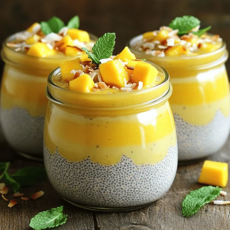 - 1 cup full-fat coconut milk - 1/2 cup almond milk - 1/4 cup chia seeds - 2 tablespoons maple syrup or honey - 1 ripe mango, diced - 1/2 teaspoon pure vanilla extract - A pinch of sea salt - Optional garnishes: toasted coconut flakes, fresh mint leaves Each ingredient plays a key role in this recipe. Full-fat coconut milk adds rich creaminess. Almond milk gives a lighter touch. Chia seeds are the star, soaking up liquid to create that pudding texture. For sweetness, you can use maple syrup or honey. Both options work well. The ripe mango brings freshness and flavor. Pure vanilla extract adds a warm aroma and depth. A pinch of sea salt balances the sweetness. If you want to elevate your dish, consider garnishing with toasted coconut flakes. They add crunch and a lovely flavor. Fresh mint leaves give a nice pop of color and a refreshing smell. Gather these ingredients, and you’re ready to create a delightful mango coconut chia pudding! First, grab a big mixing bowl. Pour in 1 cup of full-fat coconut milk and 1/2 cup of almond milk. Add 2 tablespoons of maple syrup for sweetness. Then, include 1/2 teaspoon of pure vanilla extract and a pinch of sea salt. Whisk everything together until it is smooth. This mix creates a rich base for the pudding. Next, slowly sprinkle in 1/4 cup of chia seeds. Keep whisking as you add the seeds. This prevents clumps from forming. It is important to ensure the chia seeds spread evenly in the mixture. Once done, the pudding base is ready. Now, cover the bowl with plastic wrap or pour the mixture into a jar. Place it in the fridge for at least 4 hours. For the best texture, chill overnight. The chia seeds will absorb the liquid and create a creamy pudding. After chilling, remove the pudding from the fridge. Stir it well to break up any clumps. Spoon the pudding into bowls or jars. Top each serving with diced ripe mango for a burst of flavor. Sprinkle toasted coconut flakes on top for crunch. Add fresh mint leaves for a lovely touch. Enjoy your tropical treat chilled! Mixing chia seeds well is key. Start by whisking your liquid mixture first. Use a spacious bowl to avoid spills. Once you combine your coconut milk and almond milk, sprinkle the chia seeds in slowly. Whisk as you add them. This helps to prevent clumps. Clumps can make your pudding grainy. Whisking keeps the seeds evenly spread throughout. You can change the sweetness to suit your taste. Maple syrup is a great choice. Honey is another option if you prefer. For a sugar-free option, try stevia or agave syrup. Adjust the amount based on your likes. Just remember, some sweeteners are stronger than others. Taste your mixture before it chills to get it just right. For the creamiest pudding, use full-fat coconut milk. This milk adds richness that makes your pudding dreamy. Mixing in almond milk lightens the texture. Let your pudding chill for at least four hours or overnight. This time allows the chia seeds to absorb the liquid fully. After chilling, stir the pudding well to break any clumps. This gives you that smooth finish. If you want it creamier, add a bit more coconut milk before serving. {{image_4}} You can swap out the almond milk for other options. Use oat milk for a creamy texture. Soy milk will add a nice protein boost. You might try coconut milk alone for a richer flavor. Each milk gives a unique taste to the pudding. You can add spices or fruits for extra flavor. A pinch of cinnamon can warm up the taste. Nutmeg adds a nice touch, too. You can also mix in other fruits like pineapple or berries. This makes each bowl special and fun. Top your pudding with other tropical fruits. Kiwi or passion fruit adds bright colors. Fresh pineapple brings a sweet, tangy twist. You can also add banana slices for an extra creaminess. Mixing these fruits makes your dish even more delightful. To store leftover mango coconut chia pudding, simply place it in a jar or airtight container. Make sure the lid is on tight to keep out air and moisture. This helps keep the pudding fresh. You can also divide it into individual servings for easy access later. The pudding stays fresh in the fridge for about 5 days. After that, it may lose its flavor and texture. Always check for any signs of spoilage before eating. If it smells sour or looks different, it's best to toss it. You should serve mango coconut chia pudding cold. It tastes best chilled, and the texture is creamy that way. If you want to warm it, do so gently on the stove. Avoid using the microwave, as it can change the pudding's texture. Always stir well after warming to ensure even heat distribution. Yes, you can use different types of milk. Almond milk works great. You can also try oat milk or soy milk. Each milk gives a unique taste. Experiment with flavors and textures based on your preference. Mango Coconut Chia Pudding lasts up to five days in the fridge. Be sure to store it in an airtight container. This keeps it fresh and tasty. Check for any changes in smell or texture before eating. Chia seeds are packed with nutrients. They are high in fiber, which helps digestion. They also contain protein and omega-3 fatty acids. This makes them great for heart health. Plus, they keep you full longer. Adding chia seeds to your diet is a smart choice. This recipe is already vegan-friendly. Use maple syrup instead of honey. All other ingredients are plant-based. Enjoy this creamy treat without any animal products. It's a simple way to enjoy a vegan dessert! We explored how to make a delicious Mango Coconut Chia Pudding. You need simple ingredients like coconut milk, almond milk, chia seeds, and ripe mango. The steps are straightforward: mix, chill, and serve. With tips for the best texture and variations to try, this recipe fits anyone’s taste. Don't forget to store leftovers properly. Enjoying this healthy treat is easy and fun! Remember, you can customize it to make it your own. Get creative and share this delightful dessert with others!