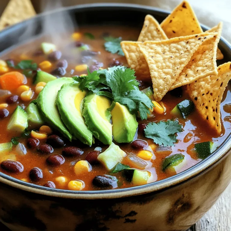- 1 can black beans - 1 can kidney beans - 1 can sweet corn - 1 medium zucchini - 1 bell pepper - 1 medium onion - 2 cloves garlic - 1 can diced tomatoes with green chilies - 2 cups vegetable broth - 1 tablespoon taco seasoning - 1 teaspoon ground cumin - 1 teaspoon smoked paprika - Salt and pepper to taste - Juice of 1 lime - Fresh cilantro and avocado for garnish - Tortilla chips for serving Gathering fresh ingredients makes this soup taste great. I love using canned beans for ease. Make sure to rinse the beans well. This step removes extra sodium and improves flavor. You can pick any color bell pepper you like. I often choose red for its sweetness. Zucchini adds a nice texture and lots of vitamins. The diced tomatoes with green chilies give the soup a kick. You can adjust the spice by choosing mild or hot varieties. Vegetable broth is the base of this soup, so choose a low-sodium option if you can. Seasonings are key! Taco seasoning brings the classic taco taste. Ground cumin and smoked paprika add layers of flavor. Don't forget the salt and pepper to enhance everything. The lime juice at the end brightens the soup. It adds a fresh twist that balances the flavors. Garnish with fresh cilantro and avocado for a creamy touch. Tortilla chips add a crunch that everyone loves. Prepare these ingredients, and you are all set to make a delicious veggie loaded taco soup! - Rinse and drain the black beans. - Rinse and drain the kidney beans. - Drain the sweet corn. - Chop the zucchini into small cubes. - Dice the bell pepper. - Finely chop the onion. - Mince the garlic cloves. Gather all your chopped veggies and beans in one spot. This makes cooking easier. - Layer the rinsed black beans, kidney beans, corn, zucchini, bell pepper, onion, and garlic in the crockpot. - Pour the can of diced tomatoes over the top. Keep the juices for flavor. - Add vegetable broth, taco seasoning, cumin, smoked paprika, and a pinch of salt and pepper. Stir to mix well. - Cover the crockpot with its lid. Set it to cook on low for 6 to 8 hours, or on high for 3 to 4 hours. This helps all the flavors mix and the veggies soften. Cooking in a crockpot allows you to enjoy a meal with little effort. - When cooking is done, stir in the fresh lime juice for a burst of flavor. - Serve the taco soup hot in bowls. Top with fresh cilantro, avocado slices, and crunchy tortilla chips. Adding these garnishes makes each bowl look and taste amazing. Enjoy your veggie-loaded taco soup! - Use a slow cooker for even heat. This helps the flavors blend well. - Layer ingredients, starting with beans, then veggies, and liquids on top. - Avoid lifting the lid while cooking. This keeps the heat in. - To boost flavor, add fresh herbs or spices towards the end of cooking. - Serve with fresh avocado slices for creaminess. - Garnish with cilantro for a fresh taste. - Crunchy tortilla chips add great texture. - Use deep bowls to hold all the delicious soup. - For a vegan option, ensure your broth is plant-based. - Swap beans with lentils for a different texture. - Make it gluten-free by using certified gluten-free broth. - You can skip the tortilla chips or use gluten-free ones. {{image_4}} You can easily change the beans or veggies in this soup. Try pinto beans or navy beans for a new taste. If you want more crunch, add carrots or celery. You can also swap the zucchini for yellow squash. For broth, use chicken broth if you prefer. Vegetable broth keeps it plant-based, but chicken broth adds richness. If you like some heat, add chili powder or cayenne pepper. A pinch can really boost the flavor. You can also make your taco seasoning at home. Mix chili powder, cumin, garlic powder, and onion powder for a fresh taste. This way, you control the spice level and flavor. You can serve this soup as is or turn it into tacos. Just scoop the soup onto taco shells. This adds fun to your meal. For a fiesta platter, serve the soup with nachos, guacamole, and salsa. It turns a simple meal into a festive event. To store your veggie loaded taco soup, let it cool first. Use airtight containers to keep it fresh. This soup keeps well in the fridge for about five days. When you reheat, do it slowly on the stove. This method helps maintain the rich flavors. Stir often to prevent sticking. You can also use a microwave. Just use a microwave-safe bowl and cover it. Heat in short intervals, stirring in between. If you want to freeze your taco soup, choose freezer-safe containers. Leave some space at the top for expansion. This soup can freeze well for up to three months. When you're ready to eat, thaw it overnight in the fridge. For quick thawing, use the microwave but be careful. Once thawed, reheat on the stove and stir well. In the fridge, your taco soup lasts about five days. Always check for signs of spoilage before eating. Look for off smells, unusual colors, or mold. If you notice any of these, it’s best to toss it. Keeping an eye on your food ensures safe and tasty meals. Taco soup lasts about 3 to 4 days in the fridge. Store it in an airtight container. To keep it fresh, let it cool before sealing. Always check for signs of spoilage, like off smells or mold. If it looks or smells bad, toss it out for safety. Yes, you can make this taco soup spicy! To adjust the heat, add jalapeños or chili powder. You can also use spicy diced tomatoes instead of regular ones. Start with a small amount and taste as you go. That way, you can find the right level of spice for you. Taco soup pairs well with many sides. Here are some great options: - Crunchy tortilla chips for dipping. - Fresh avocado slices for creaminess. - A side salad for added crunch. - Cornbread for a warm, hearty touch. These sides will make your meal more filling and fun! This blog post walked you through making delicious taco soup. We covered the needed ingredients, step-by-step instructions, and helpful tips. You learned how to store leftovers and explore variations to keep the meal exciting. No matter your dietary needs, there’s an option for everyone. Taco soup not only warms the belly but also brings joy to your table. Enjoy making this dish and impress your family with your cooking skills!