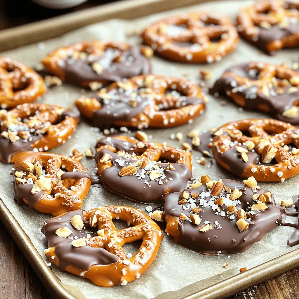 - 2 cups mini pretzels - 1 cup semi-sweet chocolate chips - 1 cup caramel bits - 1 tablespoon heavy cream - Sea salt, for sprinkling - ½ cup crushed nuts (such as pecans or almonds) - Baking sheet - Parchment paper - Small saucepan - Microwave-safe bowl - Spatula To make Salted Caramel Pretzel Bark, you need some easy-to-find items. The main star is mini pretzels, which add a great crunch. You will also use semi-sweet chocolate chips. They melt beautifully and make a rich layer. Caramel bits bring that sweet flavor we all love. A bit of heavy cream helps make the caramel smooth and creamy. For a special touch, consider adding sea salt. It enhances the sweet and salty mix. Crushed nuts like pecans or almonds add more texture and flavor. They are not required but are a fun option. Before you start, gather your kitchen tools. A baking sheet will hold your pretzels. Parchment paper keeps everything from sticking. You will need a small saucepan to melt the caramel. A microwave-safe bowl helps you melt the chocolate chips. Finally, a spatula is great for spreading the melted caramel and chocolate. These ingredients and tools make it simple to create this sweet treat. Each item plays a key role in making your bark a hit! - Preheat the oven to 350°F (175°C). - Line a baking sheet with parchment paper. First, I love getting the oven ready. This step warms it up nicely. Lining the baking sheet makes clean-up a breeze later. - Spread mini pretzels on the baking sheet. Next, take your mini pretzels and spread them out on the lined sheet. Make sure they cover the sheet evenly. This helps every pretzel get coated in that sweet caramel. - Combine caramel and heavy cream. - Pour and spread caramel over pretzels. - Bake for 10 minutes. Now, let’s melt the caramel! In a small saucepan, mix the caramel bits with heavy cream. Heat it over low. Stir until it's smooth, which should take about 5 minutes. Once melted, pour the warm caramel over the pretzels. Spread it out with a spatula for an even coat. Bake in the oven for 10 minutes. The caramel will bubble and turn golden. - Melt chocolate chips in the microwave. - Drizzle melted chocolate over baked pretzels. While the pretzels bake, it’s time for the chocolate! Put your chocolate chips in a microwave-safe bowl. Heat them in 30-second bursts. Stir after each interval until smooth. Once the pretzels are done, drizzle that melted chocolate over them. You can use a spatula if you want to spread it out. - Add sea salt and optional crushed nuts. Before the chocolate sets, sprinkle sea salt on top. If you like crunch, add crushed nuts now. Pecans and almonds work great here. - Cool at room temperature and refrigerate. - Break into pieces for serving. Let the bark cool at room temperature for about 30 minutes. Then, pop it in the fridge for another 30 minutes to firm up. Once it’s set, break it into pieces. Enjoy that salty-sweet treat! To make smooth caramel, use low heat. Stir the caramel bits and heavy cream often. This keeps the mix from burning. Heat until everything melts together, about five minutes. For the chocolate, melt it in short bursts. Use a microwave-safe bowl and stir every thirty seconds. This keeps it from clumping. Drizzle the chocolate right after baking the pretzels. Timing is key here. If you wait too long, the caramel may harden. You can add fun toppings for extra flavor! Consider using colorful sprinkles for a treat that pops. Crushed nuts, like pecans or almonds, add crunch too. Try a mix of both for a fun twist. You could also add a pinch of cinnamon or cayenne to spice things up. This will make your bark even more exciting! This bark pairs well with ice cream or coffee. Serve it alongside a scoop of vanilla ice cream for a creamy match. The cold ice cream balances the sweet and salty flavors. If you enjoy coffee, a cup of strong brew makes a great match. The richness of the coffee enhances the taste of the bark. Enjoy it during game nights or with friends for a sweet treat everyone will love! {{image_4}} You can switch things up with the chocolate. Dark chocolate adds a rich taste. It contrasts well with the sweet caramel. Semi-sweet chocolate works too. It gives a balanced sweetness. When it comes to caramel, consider flavored options. Sea salt caramel has a nice twist. This adds extra depth to the bark. You can even try chocolate caramel for a double chocolate treat. If you need a gluten-free option, look for gluten-free pretzels. Many brands now offer tasty choices. They will work just like regular pretzels in the recipe. For a vegan version, swap the chocolate chips with dairy-free ones. Use coconut cream instead of heavy cream. This keeps the recipe creamy and delicious without animal products. You can make this bark special for holidays. Use festive sprinkles to match the season. Red and green for Christmas or pastel colors for Easter. These tiny touches can make your treat pop. You can even add themed toppings for birthdays or special events. To keep your salted caramel pretzel bark fresh, store it in an airtight container. Make sure the container is sealed tightly. This will prevent air from making it stale. Place the container in a cool, dry spot in your kitchen. The ideal room temperature should be around 68°F to 72°F (20°C to 22°C). Avoid areas near the stove or direct sunlight, as heat can ruin the bark. When stored properly, your bark will stay fresh for about two weeks. After this time, it may lose its crispness and flavor. If you notice any changes in texture or taste, it’s best to toss it out. Keeping the bark sealed helps maintain its delightful salty-sweet balance for longer. If you want to save some for later, freezing is a great option. First, cut the bark into pieces. Then, layer the pieces between sheets of parchment paper in a freezer-safe container. This prevents them from sticking together. Seal the container tightly and place it in the freezer. The bark can last up to three months in the freezer. When you’re ready to enjoy it, let it thaw in the fridge or at room temperature before serving. You can use half-and-half or whole milk for a lighter option. Both will add some creaminess. If you want a non-dairy choice, try coconut milk or almond milk. These options change the flavor a bit but still work well. Yes, you can use regular-sized pretzels. However, it will change the texture. Mini pretzels fit better in each bite. They also hold the caramel and chocolate better. Regular pretzels might be too crunchy and salty. To balance sweetness, add more salt. This helps cut through the sugar. You can also use dark chocolate instead of semi-sweet. Mixing in unsweetened nuts can add flavor without more sugar. Yes, you can use chocolate bars. Just chop them into small pieces. Melt them in the microwave like the chips. Stir often to avoid burning. This method gives you a smooth, rich chocolate layer. Absolutely! This bark looks great and tastes amazing. To package, break it into pieces and place them in a box. You can also wrap it in clear cellophane. Add a ribbon for a lovely touch. This treat recipe uses simple, tasty ingredients. You start with mini pretzels, caramel, and chocolate. You learn how to melt and mix them perfectly. Optional touches like sea salt and nuts add flavor. You can switch ingredients for different tastes or dietary needs. It’s easy to store and can last a while. Enjoy making it for yourself or as a gift. This snack brings joy to everyone who tries it. So, gather your tools and enjoy the process!