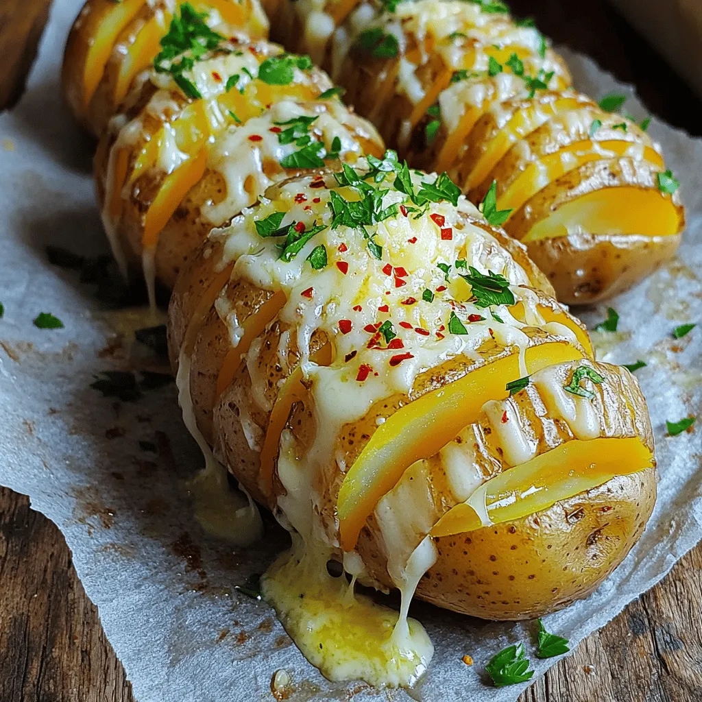 - 4 medium-sized Yukon Gold potatoes - 4 tablespoons unsalted butter, melted - 4 cloves garlic, finely minced - 1 teaspoon dried Italian herbs (a blend of oregano, thyme, and basil) - ½ cup freshly grated Parmesan cheese - Salt and freshly cracked black pepper, to taste - Fresh parsley, finely chopped (for garnish) - Extra virgin olive oil, for drizzling - Optional: a pinch of crushed red pepper flakes for added heat When making Garlic Parmesan Hasselback Potatoes, use fresh, high-quality ingredients. Select Yukon Gold potatoes for their creamy texture and rich flavor. Choose unsalted butter to control the saltiness in your dish. Freshly grated Parmesan cheese melts beautifully and enhances taste. For garlic, use whole cloves and mince them yourself. Fresh herbs deliver the best flavor, so opt for dried Italian herbs from a trusted source. You can swap Yukon Gold potatoes for other types, like Russet or red potatoes. If you need a dairy-free option, try vegan butter and nutritional yeast instead of Parmesan. For a stronger garlic flavor, use garlic powder in addition to minced garlic. If you want more heat, feel free to add more crushed red pepper flakes. Explore different herbs like rosemary or thyme for a unique twist on flavor. Start by gathering your ingredients. You will need Yukon Gold potatoes, butter, garlic, and herbs. Rinse the potatoes under cold water to clean off any dirt. Pat them dry with a kitchen towel. This step is key for a great texture. Next, to slice the potatoes, use two wooden spoon handles or chopsticks. Place each potato between them. This will help you cut evenly without slicing all the way through. Carefully cut each potato into thin slices, about 1/4 inch apart. Make sure to stop when you reach the spoons. In a bowl, mix melted butter, minced garlic, herbs, salt, and pepper. This garlic butter is the secret to rich flavor. Brush the mixture over each potato, letting it seep into the slices. Finally, sprinkle freshly grated Parmesan cheese over the potatoes. Make sure some cheese falls into the cuts. This will give you cheesy bites when you eat them. Preheat your oven to 425°F (220°C). This temperature is perfect for getting crispy skin. Place the prepared potatoes on a baking sheet lined with parchment paper. This helps with cleanup and prevents sticking. Bake the potatoes for 45 to 50 minutes. They should be tender inside and crispy outside. Halfway through, baste the potatoes with more garlic butter for extra flavor. To make sure the skin gets really crispy, keep a few tips in mind. First, make sure to dry the potatoes well after rinsing. Moisture can make the skin soft. When applying the garlic butter, be generous. This helps crisp the skin and adds flavor. Also, don’t skip the baking step. If you take them out too soon, they won’t be crispy. For an extra touch, drizzle a bit of olive oil on top before baking. This adds richness and helps with that perfect crunch. Enjoy your tasty, crispy garlic Parmesan Hasselback potatoes! To elevate your Garlic Parmesan Hasselback Potatoes, focus on seasonings. Use fresh garlic for a bright flavor. I also love adding fresh herbs like rosemary or thyme. They enhance every bite. If you like heat, sprinkle crushed red pepper flakes. This adds a nice kick without overpowering the dish. Always season the butter mixture well with salt and pepper. This ensures each layer of potato gets flavor. For perfect texture, keep an eye on the baking time. The outer skin should crisp up nicely while the inside becomes soft. To help with this, baste the potatoes with butter halfway through cooking. This keeps them moist and adds more flavor. Let them rest for a few minutes after baking. This helps the cheese settle and prevents burns. One common mistake is cutting the potatoes too deep. The wooden spoon trick helps prevent this. Make sure your slices are about 1/4 inch apart. Another mistake is not using enough garlic butter. Generously coat the potato slices to ensure great taste. Lastly, don’t skip the garnish. Fresh parsley adds color and brightness, making your dish pop. {{image_4}} You can switch up the cheese to create new tastes. For a sharp bite, try aged cheddar. It melts well and adds a nice flavor. If you love blue cheese, sprinkle some on top after baking. It gives a strong taste that pairs well with garlic. For a creamier option, use mozzarella. It adds a great stretch and mild flavor. To make this dish vegetarian, simply keep the Parmesan. It adds a nice flavor and richness. For a vegan twist, use vegan butter and nutritional yeast instead of cheese. Nutritional yeast gives a cheesy flavor without dairy. You can also try vegan cheese shreds for a similar texture. Get creative with toppings! Add crispy bacon bits for a savory crunch. Or, try fresh chives or green onions for a pop of color and mild onion flavor. A drizzle of balsamic glaze can add a sweet touch. If you like heat, sprinkle on crushed red pepper flakes. These toppings enhance the dish and make it more exciting. Once you have enjoyed your Garlic Parmesan Hasselback Potatoes, you might have some left. To keep them fresh, let them cool completely. Then, place them in an airtight container. This keeps moisture out and prevents them from getting soggy. Store them in the fridge for up to three days. If you want to keep them longer, consider freezing. Reheating is easy. Preheat your oven to 350°F (175°C). Place the potatoes on a baking sheet. Cover them lightly with foil to avoid drying out. Heat them for about 15-20 minutes or until warm. This method keeps the skin crispy and the inside soft. You can also use a microwave, but the texture won’t be the same. If you use a microwave, heat in short bursts, checking often. If you want to save your Hasselback Potatoes for later, freezing works well. First, let the potatoes cool completely. Wrap each potato in plastic wrap, then place them in a freezer-safe bag. This protects them from freezer burn. They can stay frozen for up to three months. When you're ready to eat, thaw in the fridge overnight. Then, reheat as mentioned above for best results. Hasselback potatoes are a fun way to prepare potatoes. They have thin slices cut into them. This style helps the potato cook evenly. The slices create space for toppings and flavor. The name comes from a restaurant in Sweden. They serve these potatoes baked and crispy. To boost flavor, use fresh garlic instead of jarred. Fresh herbs add a nice touch too. Try adding rosemary or thyme for extra depth. You can also mix in some cheese inside the slices. A sprinkle of lemon zest adds a fresh note. For heat, add crushed red pepper flakes. Basting with garlic butter halfway through baking enhances flavor too. Yes! You can use any potato that bakes well. Yukon Golds are great, but try Russets or red potatoes. Just keep them similar in size for even cooking. Each type adds a unique taste and texture. Experiment and find your favorite! Garlic Parmesan Hasselback Potatoes are simple and tasty. We covered key ingredients and their quality. You learned about cooking steps, timing, and getting crispy skin. We also shared tips to boost flavor and avoid mistakes. Plus, you found variations to suit your taste and storage tips for leftovers. In the end, these potatoes can shine in any meal. Enjoy making them your own!