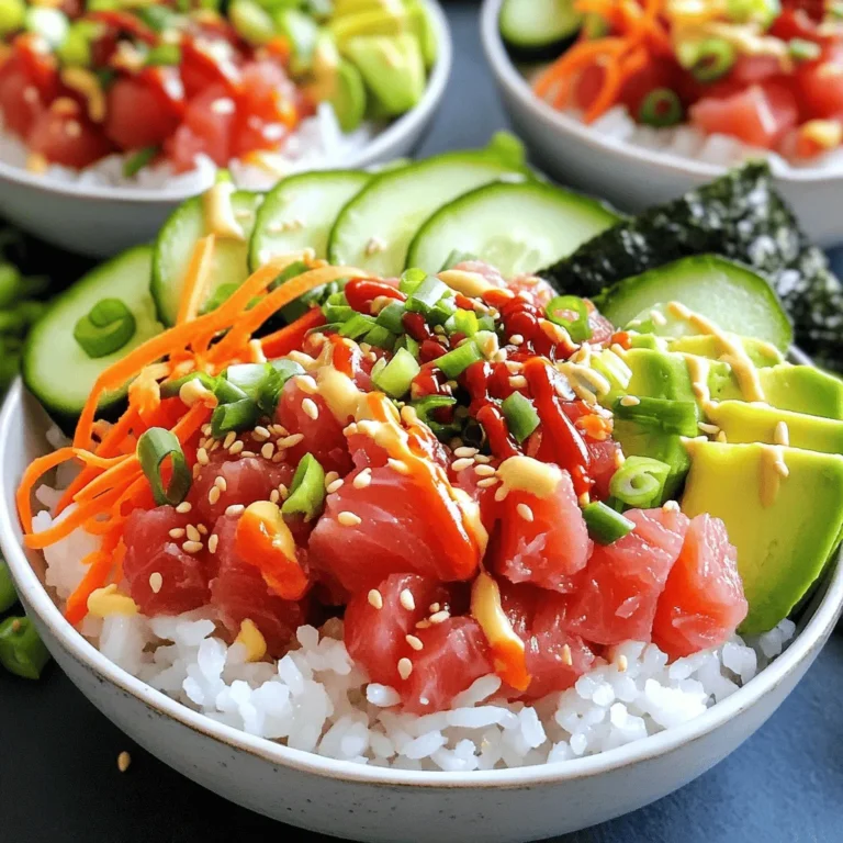 To make the best spicy tuna sushi bowls, you need these key ingredients: - 1 cup sushi rice - 1 ¼ cups water - 1 tablespoon rice vinegar - 1 teaspoon sugar - ½ teaspoon salt - 8 ounces sushi-grade tuna, diced - 2 tablespoons mayonnaise (Kewpie is best) - 1 tablespoon sriracha (plus more for drizzling) - 1 teaspoon sesame oil - 1 ripe avocado, thinly sliced - 1 cucumber, sliced into rounds - 1 small carrot, shredded - 2 green onions, finely chopped - 1 tablespoon sesame seeds (for garnish) - Seaweed sheets, cut into strips (optional) These ingredients create a delicious and fresh bowl that packs a punch of flavor. You can add extra ingredients to enhance your bowls: - Pickled ginger for a tangy kick - Radish slices for crunch - Edamame for protein - Extra vegetables like bell peppers or scallions - Wasabi for those who love heat These options let you customize the bowls to your taste. When choosing tuna, freshness is key. Look for: - Bright red color, which indicates freshness - A firm texture that feels sturdy under your touch - A clean, ocean-like smell Buying from a trusted fish market or grocery store ensures you get the best quality. Always ask if it is sushi-grade. This way, you can enjoy your spicy tuna sushi bowls with confidence. Start by rinsing 1 cup of sushi rice under cold water. Rinse until the water is clear. This step removes extra starch, helping the rice stay fluffy. Next, in a medium saucepan, combine the rinsed rice with 1 ¼ cups of water. Bring it to a boil over high heat. Once boiling, lower the heat and cover the pot. Let it simmer for 20 minutes. After that, remove the pot from heat but keep it covered. Let it rest for another 10 minutes to steam. Once the rice has rested, you need to season it. In a small bowl, mix 1 tablespoon of rice vinegar, 1 teaspoon of sugar, and ½ teaspoon of salt. Stir until the sugar dissolves. Transfer the rice to a large bowl and gently fold in the vinegar mixture using a spatula. This keeps the rice grains intact. Allow the seasoned rice to cool to room temperature. Now, let’s make the spicy tuna. In a separate bowl, place 8 ounces of diced sushi-grade tuna. Add 2 tablespoons of mayonnaise, preferably Kewpie for its creaminess. Then, include 1 tablespoon of sriracha and 1 teaspoon of sesame oil. Mix everything well until the tuna is fully coated. Taste the mixture. If you like it spicier, add more sriracha to suit your taste. It’s time to put everything together. Take two bowls and divide the cooled sushi rice as a base. Top each bowl with the spicy tuna mixture. Next, arrange the sliced avocado, cucumber rounds, and shredded carrot on top. Make it look pretty! Finish by sprinkling chopped green onions and sesame seeds over each bowl. For extra heat, drizzle more sriracha on top. You can serve with strips of seaweed on the side or place them artfully on the bowls. Enjoy your delicious Spicy Tuna Sushi Bowls! To cook perfect sushi rice, start with high-quality rice. Rinse the rice under cold water until it runs clear. This removes excess starch and helps the rice become sticky. Use a medium saucepan with a lid. Combine 1 cup of sushi rice with 1 ¼ cups water. Bring it to a boil over high heat. Once boiling, cover and reduce the heat to low. Simmer for 20 minutes. After this, let it sit covered for 10 more minutes. This steaming time is very important. It makes the rice fluffy and tender. To control the spice in your tuna bowl, start with the right amount of sriracha. Mix 1 tablespoon of sriracha with the tuna. Taste it. If you like more heat, add more sriracha, just a little at a time. You can also balance the spice with creamy mayonnaise. Kewpie mayonnaise is best for its rich flavor. This helps tone down the heat while keeping the taste bold. For a stunning sushi bowl, layer the ingredients neatly. Start with the seasoned sushi rice as the base. Next, add the spicy tuna mixture on top. Arrange sliced avocado, cucumber rounds, and shredded carrot around the tuna. Top with chopped green onions and sesame seeds for color. Drizzle extra sriracha for a pop of flavor. Serve with strips of seaweed for a fun touch. This way, each bite looks as good as it tastes. {{image_4}} If you want to switch up the protein in your spicy tuna sushi bowls, there are many options. Salmon is a great alternative. It has a rich taste and pairs well with spicy sauces. You could also use shrimp, which adds a nice crunch when cooked. For a twist, try using crab meat or even cooked chicken. Each protein brings its own flavor and texture, so feel free to experiment! You can easily make this bowl vegan or vegetarian. Instead of fish, use marinated tofu. Tofu absorbs flavors well and adds protein. You can also use chickpeas or edamame for a hearty bite. For a seafood alternative, try seaweed salad or pickled cucumbers. These options keep the bowl light and fresh while still being delicious. Toppings can make your sushi bowls fun and unique. Try adding pickled ginger for a zesty kick. You can also sprinkle on some crushed nori for extra flavor. Want a crunch? Add radishes or crispy wonton strips. For a hint of sweetness, toss in mango or pineapple chunks. Get creative and make your bowl your own! To store leftover sushi rice, start by letting it cool. Place it in an airtight container. Make sure to keep it at room temperature for no more than two hours. If you need to keep it longer, place the container in the fridge. Sushi rice stays fresh for up to three days in the fridge. When you want to use it again, just add a splash of water before reheating. For the spicy tuna mixture, keep it in an airtight container. It can last in the fridge for up to two days. Make sure the mixture is tightly sealed to prevent air from getting in. If it sits too long, the tuna can lose its texture and flavor. Always check for freshness before using it again. When reheating sushi rice, use the microwave or a pan. If using a microwave, sprinkle some water on the rice. Cover it with a damp paper towel to keep it moist. Heat for about 30 seconds, then stir and check if it's warm. If using a pan, add a little water and heat on low. Stir gently to prevent sticking. Avoid reheating the spicy tuna mixture, as it is best served fresh. Use sushi-grade tuna for the best flavor and safety. This type is fresh and safe to eat raw. Look for bright red color and a slight sheen. Check your local fish market or grocery store for quality options. Always ask for sushi-grade tuna to ensure freshness. Yes, you can prep some parts ahead of time. Make the sushi rice and spicy tuna mixture in advance. Store them separately in airtight containers. The rice stays fresh for up to 2 days in the fridge. The spicy tuna will last for about 1 day. Assemble the bowls just before serving for the best taste. Each serving contains approximately: - Calories: 550 - Protein: 34g - Carbohydrates: 63g - Fat: 18g - Fiber: 7g These bowls are a good source of protein and healthy fats. Adjust the ingredients to fit your dietary needs. Enjoy a delicious meal that also supports your health goals. In this article, we covered how to make delicious Spicy Tuna Sushi Bowls. We talked about key ingredients and optional garnishes to enhance your dish. You learned about selecting the best sushi-grade tuna and how to prepare sushi rice. I offered tips on adjusting spice levels and creative variations using different proteins or vegan options. Now you can enjoy making this dish at home. Experiment and find what you like best!