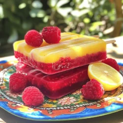 - 2 cups fresh raspberries - 1 cup fresh lemon juice (about 4-5 lemons) - 1 cup water - ½ cup granulated sugar (adjust to taste) - 1 teaspoon lemon zest - A pinch of salt To make your raspberry lemonade popsicles, you first need fresh ingredients. The raspberries bring a sweet-tart flavor. The fresh lemon juice gives a bright and zesty taste. Water helps to blend the flavors, while sugar adds sweetness. You can adjust the sugar based on your taste. If you prefer a sweeter popsicle, add a bit more sugar. For a less sweet option, cut back on the sugar. Lemon zest enhances the lemon flavor. It adds a nice touch to the popsicles. The pinch of salt balances the sweetness. Don't skip it! Each ingredient works together to create a refreshing treat. These popsicles are simple to make and perfect for hot days. You can serve them at parties or enjoy them on your own. To start, take a medium-sized saucepan. Add 1 cup of water and ½ cup of granulated sugar. Heat this mixture over medium heat. Stir it well until the sugar fully dissolves, making a clear syrup. This step takes just a few minutes. Once the sugar is dissolved, remove the pan from the heat. Let it cool down to room temperature. This cooling step is key so that your syrup mixes well with the lemon juice. Now, it’s time to add flavor. Squeeze about 4 to 5 lemons until you have 1 cup of fresh lemon juice. Add this juice to the cooled syrup. Along with the juice, add 1 teaspoon of lemon zest and a pinch of salt. Stir all the ingredients together. Make sure everything is mixed well. This mixture is the base for your popsicles, so it needs to be tasty! Next, grab 2 cups of fresh raspberries. Place them in a blender with half of the lemon mixture you just made. Blend until smooth. If you want some raspberry texture, pulse the blender instead of blending it continuously. This way, you keep some of the berry bits, adding more flavor and fun to your popsicles. Now it’s time to put it all together. Take your popsicle molds and pour the remaining lemon mixture into them, filling each one halfway. After that, spoon the raspberry puree over the lemon layer. Fill the molds to the top. This layering makes the popsicles look pretty. Make sure the layers stay separate for a colorful treat. Once filled, insert sticks into the center of each mold, standing them upright. Put the molds in the freezer. Freeze them for at least 6 hours. This time is important so your popsicles become solid. If you want to check if they are ready, gently touch the side of a mold. It should feel firm. If it’s still soft, give it more time. When you are ready to enjoy your popsicles, run warm water over the outside of the molds for about 30 seconds. This helps to loosen them. Gently pull on the sticks to remove the popsicles. For a nice touch, place them on a colorful platter. You can garnish with fresh raspberries and a lemon slice. This makes a great treat for hot days! You can adjust the sweetness of your raspberry lemonade popsicles easily. If you prefer them less sweet, reduce the sugar. Start with 1/4 cup instead of 1/2 cup. Taste the mixture after mixing and add more if needed. If you want alternatives to granulated sugar, try honey or agave syrup. Both will make your popsicles sweet and tasty. Remember, these options may change the flavor a bit. Serving your popsicles can be fun and creative. Arrange them on a colorful platter. Add fresh raspberries and slices of lemon for a nice touch. You can also serve popsicles in tall glasses filled with lemonade for a refreshing drink. For summer gatherings, pair the popsicles with a light salad or grilled chicken. They make a great dessert that everyone will enjoy. {{image_4}} You can easily change the fruit in your popsicles. Strawberries and blueberries work great. Use 2 cups of your chosen fruit instead of raspberries. If you want a mix, blend different fruits. You can also adjust the juices. For instance, if you want a sweeter taste, add more lemon juice. Just keep the same ratio of fruit to juice. This way, you keep the flavor strong. Sometimes, you may want to skip granulated sugar. You can try honey or agave syrup instead. These natural sweeteners add a unique touch. Honey gives a floral note, while agave is lighter. Just remember to taste as you mix. These alternatives can change the texture too. Honey makes it a bit creamier, while agave keeps it smooth. Want to spice things up? Think about adding herbs. Mint is a classic choice. It pairs well with raspberry and lemon. You can add a few mint leaves to the blender. Basil is another option; it adds a nice twist. Just chop it finely before mixing. These herbs brighten the flavor and make your popsicles stand out. To keep your raspberry lemonade popsicles fresh, store them in a freezer-safe container. Make sure the container is airtight to avoid ice crystals. If you use popsicle molds, cover them with plastic wrap before placing them in the freezer. This helps maintain their flavor and texture. The popsicles can last in the freezer for about two months. After that, the taste may fade. To enjoy the best flavor, consume them within the first month. Yes, you can refreeze popsicles, but it may change their texture. To refreeze them, first let them thaw slightly at room temperature. This makes them easier to remove from the molds. After removing them, place them back in an airtight container. Make sure they are not exposed to air. To refreeze without losing texture, minimize time outside the freezer. Return them to the cold as soon as possible. Raspberry lemonade popsicles are frozen treats made from fresh raspberries and lemon juice. They taste sweet and tart, making them a refreshing choice on hot days. I love how the bright red raspberries mix with the sunny yellow of lemon juice. The layers look beautiful in the popsicle mold, too! Yes, you can use frozen raspberries instead of fresh. Frozen raspberries are often picked at their peak and then frozen, which helps keep their flavor. However, they can be a bit softer when blended. This might change the texture of your popsicles slightly. If you want a smoother mix, frozen works great. If you want some chunks, fresh may be best. These popsicles can last up to two months in the freezer. To keep them fresh, store them in an airtight container or wrap them in plastic. This helps avoid freezer burn and keeps their flavor strong. Over time, they might lose some texture, so enjoy them sooner rather than later! Absolutely! To make them vegan, you can simply skip the sugar or use a plant-based sweetener, like agave syrup. Make sure your lemon juice is 100% pure. This way, you keep the popsicles dairy-free and still delicious. It’s easy to adapt this recipe to fit your diet! You learned how to make tasty Raspberry Lemonade Popsicles. We covered each step, from gathering ingredients to serving ideas. Adjust sweetness for your taste, or try other fruit blends. Experiment with herbs for a twist, too. Remember to store popsicles properly to keep them fresh. Enjoy making these fun treats, perfect for summer days. You'll impress friends and family with your creations. Now, grab your ingredients and start blending!