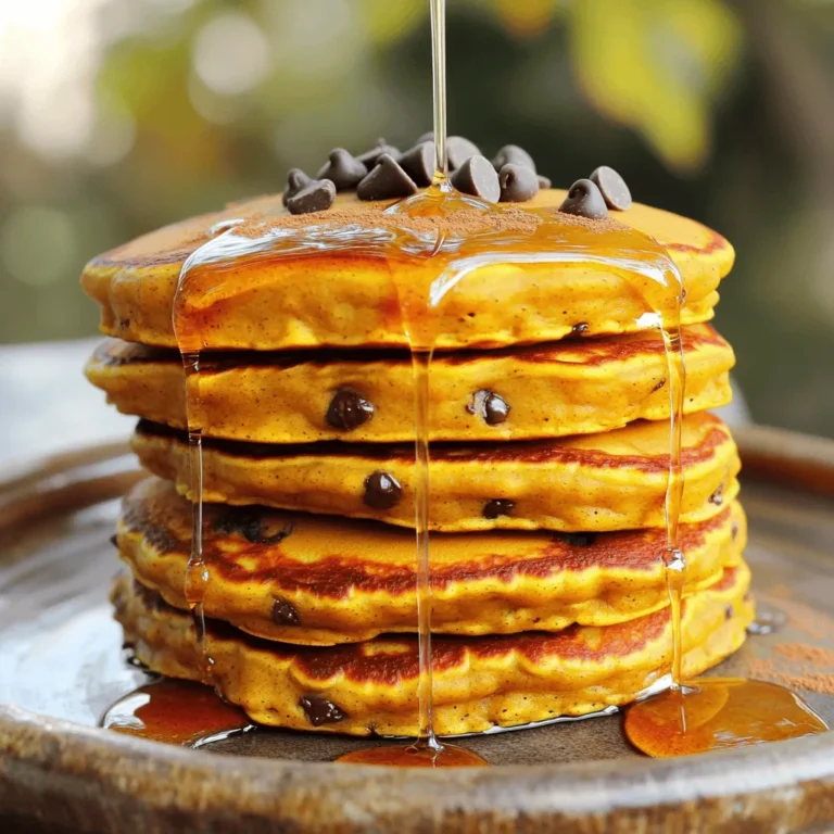 To make Chocolate Chip Pumpkin Pancakes, you need these simple ingredients: - 1 cup all-purpose flour - 1 tablespoon baking powder - 1 teaspoon ground cinnamon - ½ teaspoon ground nutmeg - ¼ teaspoon salt - 1 cup canned pumpkin puree - 2 tablespoons granulated sugar - 1 cup milk (dairy or non-dairy) - 1 large egg - 2 tablespoons melted butter (or coconut oil for dairy-free) - ½ cup semi-sweet chocolate chips - Maple syrup for serving These ingredients create a warm, cozy flavor that screams fall! When choosing pumpkin puree, look for a brand with 100% pumpkin. Check the can label. Avoid those with added sugars or spices. Fresh puree can also work. If you use fresh pumpkin, make sure to roast it until soft. Then, blend it until it’s smooth. This helps your pancakes stay moist and flavorful. If you need gluten-free pancakes, swap the all-purpose flour for a gluten-free blend. Many blends work well in pancakes. For a dairy-free version, use almond milk or oat milk instead of regular milk. You can also replace butter with coconut oil. These swaps keep the taste great while fitting your dietary needs. Start by gathering a large mixing bowl. Add 1 cup of all-purpose flour. Then, include 1 tablespoon of baking powder. Next, add 1 teaspoon of ground cinnamon, ½ teaspoon of ground nutmeg, and ¼ teaspoon of salt. Whisk the dry mix well. Make sure there are no lumps. This mix gives your pancakes a warm, spiced flavor. In another bowl, combine 1 cup of canned pumpkin puree, 2 tablespoons of granulated sugar, and 1 cup of milk. You can use dairy milk or a non-dairy option. Add 1 large egg and 2 tablespoons of melted butter. Stir these ingredients together until smooth. A well-blended mixture makes your batter rich and tasty. Preheat a non-stick skillet over medium heat. Lightly grease it with butter or oil to avoid sticking. Pour about ¼ cup of batter onto the skillet for each pancake. Watch for bubbles on the surface and set edges, which takes about 2-3 minutes. Flip the pancakes gently and cook for another 1-2 minutes. They should be golden brown. Serve warm with maple syrup and extra chocolate chips, if desired. Enjoy your delicious fall treat! To make your pancakes fluffy, focus on mixing. When combining the dry and wet ingredients, stir gently. Leave some lumps in the batter. This helps keep air in the mix. Let the batter rest for a few minutes. This allows the baking powder to get to work. Your pancakes will rise nicely when cooked. One common mistake is overmixing the batter. This can lead to dense pancakes. Another mistake is cooking on high heat. Medium heat is best for even cooking. Also, make sure your skillet is hot enough before pouring the batter. If it's too cool, your pancakes won’t cook right. Lastly, don’t skip the butter or oil in the pan. This helps achieve that perfect golden crisp. For a fun presentation, stack your pancakes high on a nice plate. Drizzle warm maple syrup over them. You can add a sprinkle of extra chocolate chips on top. A dash of cinnamon gives a cozy touch. Garnish with a slice of fresh fruit or nuts for more flair. These small touches make your pancakes look as great as they taste! {{image_4}} You can change your pancakes to fit the season. Adding spices can give them a warm, cozy feel. Try mixing in a pinch of ground ginger or cloves for a spicy kick. You can also toss in some chopped apples or pears for a fruit twist. These additions make your pancakes even more fun and tasty! While frying is common, you can bake these pancakes too! Baking gives you a fluffy texture that some people love. Preheat your oven to 350°F (175°C). Pour the batter into a greased baking dish and cook for about 20-25 minutes. Keep checking until they are golden brown. This method is great for making a big batch for friends or family. Toppings can take your pancakes to a new level. Maple syrup is classic, but don’t stop there! You can use honey, agave syrup, or even chocolate sauce. Fresh fruits like bananas or berries add color and flavor. For a creamy touch, add whipped cream or yogurt. Mix and match until you find your favorite combo! After enjoying your pancakes, store leftovers in an airtight container. This keeps them fresh. Let the pancakes cool to room temperature first. If you stack them, place parchment paper between each one. This prevents sticking and makes it easy to grab a pancake later. Keep the container in the fridge for up to three days. Reheating pancakes can be tricky. To keep them fluffy, use a microwave or skillet. In the microwave, place a pancake on a plate. Add a damp paper towel on top. Heat for 20-30 seconds. Check if it's warm. If not, heat in 10-second bursts. For a skillet, add a little butter over medium heat. Heat each pancake for about a minute on each side. This gives it a nice golden finish. Freezing pancakes is a great option. Once cooled, place them in a single layer on a baking sheet. Freeze them for about an hour. This prevents them from sticking together. After that, stack them in a freezer bag. Remove as much air as possible before sealing. Store them in the freezer for up to two months. When ready to enjoy, thaw them in the fridge overnight or reheat straight from the freezer. Yes, you can use fresh pumpkin. First, you need to cook it. Cut the pumpkin in half, remove the seeds, and roast it in the oven until soft. After it cools, scoop the flesh into a bowl and mash it. You want about one cup of pumpkin. This gives a fresh taste, but it may be a bit more watery than canned puree. If it is too moist, add a little more flour to your batter. You can use several things if you need to skip eggs. One option is to use mashed banana. Use about one-fourth cup of mashed banana per egg. Another choice is unsweetened applesauce, also one-fourth cup per egg. A flaxseed meal is another good option. Mix one tablespoon of flaxseed meal with two and a half tablespoons of water. Let it sit for five minutes before adding it to your mix. Each option works well and keeps your pancakes tasty. Your pancakes are done when you see bubbles on the surface. The edges should look set and firm. After flipping, cook until the bottom is golden brown. This usually takes one to two minutes. If you poke a pancake with a fork and it springs back, it is ready. If it leaves a dent, it needs more time. Enjoy your fluffy pancakes! We explored the key steps to craft delicious Chocolate Chip Pumpkin Pancakes. You learned about fresh pumpkin puree, ingredient options, and cooking methods. I shared tips for soft, fluffy pancakes and common mistakes to avoid. Lastly, we discussed fun variations and smart ways to store leftovers. Now you're ready to make these pancakes your own. Enjoy experimenting with flavors and sharing with loved ones. Happy cooking!