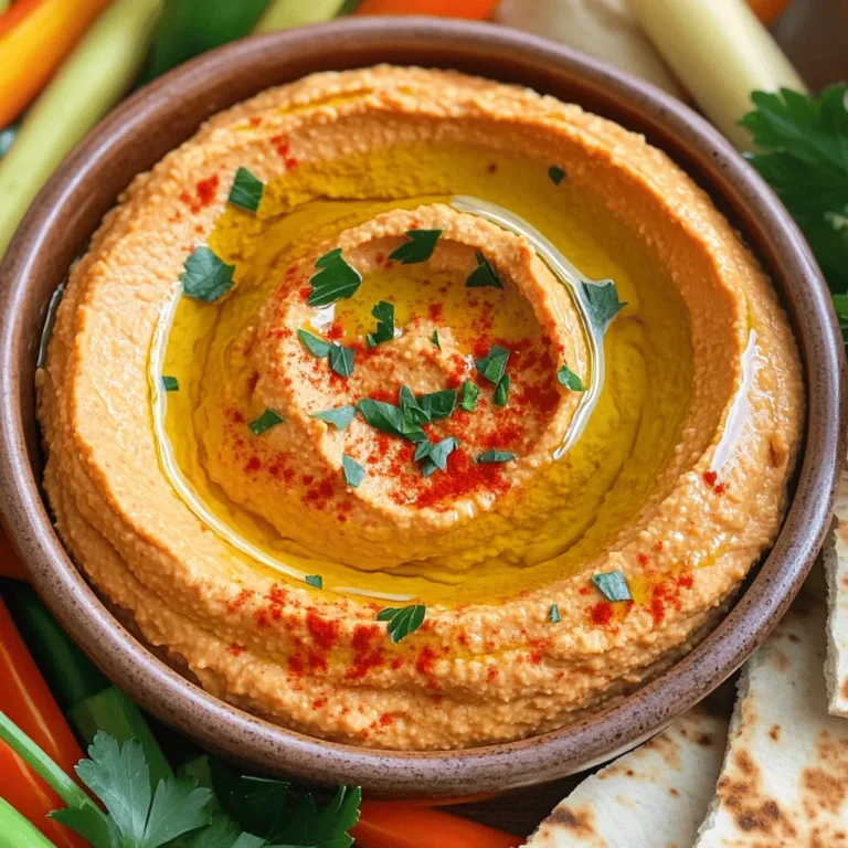 - 1 cup canned chickpeas: These are the base of our hummus. They add protein and a creamy texture. - 1 large roasted red bell pepper: This gives the hummus its lovely color and sweet flavor. You can use jarred or homemade peppers. - 1/4 cup tahini: This sesame paste adds richness and a nutty taste. Make sure to stir it well before use. - 2 tablespoons high-quality olive oil: This enriches the flavor and adds smoothness. You can drizzle more on top for serving. - 2 tablespoons fresh lemon juice: This brightens the hummus and adds a nice zing. About half a lemon is perfect. - 1 garlic clove: Minced garlic adds a strong, savory note to the mix. Adjust the amount if you prefer less garlic. - 1/2 teaspoon ground cumin: This spice gives a warm, earthy flavor. It’s a must for authentic hummus. - Salt and freshly ground black pepper: These enhance all the flavors. Adjust to your taste. - Water: Use this to reach your desired consistency. Add it slowly to avoid making the hummus too runny. - Smoked paprika and fresh parsley: These are for garnish. They add color and extra flavor when serving. Chickpeas are high in protein and fiber. They help keep you full and satisfied. Roasted red peppers are low in calories but packed with vitamins A and C. Tahini provides healthy fats. Olive oil is rich in antioxidants. Garlic has many health benefits, too, like boosting your immune system. This hummus is not only tasty but also good for you. - Tahini alternatives: If you can’t find tahini, try using sunflower seed butter or almond butter. - Chickpeas: You can use white beans if you want a different flavor. - Olive oil: Avocado oil works well too. It has a similar taste. - Lemon juice: Lime juice can replace lemon juice for a zesty twist. Feel free to mix and match based on what you have at home! Start by gathering all your ingredients. You will need: - 1 cup canned chickpeas, rinsed and drained - 1 large roasted red bell pepper, jarred or homemade - 1/4 cup tahini, well-stirred - 2 tablespoons olive oil - 2 tablespoons fresh lemon juice - 1 garlic clove, minced - 1/2 teaspoon ground cumin - Salt and black pepper, to taste - Water as needed - Smoked paprika and parsley for garnish Rinse the chickpeas under cold water. Make sure no skins remain. If you use a jarred pepper, drain it well. For homemade, roast a bell pepper until soft. Let it cool, then peel off the skin. Place the chickpeas, roasted red pepper, tahini, olive oil, lemon juice, minced garlic, and cumin into a food processor. Blend on high for about one minute. Stop occasionally to scrape down the sides. This helps make it creamy. If the mix is too thick, add water one tablespoon at a time. Blend until you reach the smoothness you like. After blending, taste the hummus. Add salt and black pepper as you prefer. Give it one last quick blend. Transfer the hummus to a bowl. Drizzle with olive oil for extra flavor. To finish, sprinkle smoked paprika and chopped parsley on top for a bright and tasty look. Serve with warm pita bread or fresh veggies. Enjoy this simple and tasty delight! You can make roasted red pepper hummus in advance. This saves time for parties or busy days. To prepare, blend all the ingredients as the recipe states. Store it in an airtight container. It keeps well in the fridge for up to five days. Just remember to drizzle some olive oil on top before serving. This keeps it fresh and tasty. To get that perfect creamy texture, use a high-speed food processor. Blend the chickpeas and roasted red pepper well. If it seems too thick, add water slowly. Start with one tablespoon at a time. Blend again until smooth. Scraping down the sides of the bowl helps too. This ensures everything mixes evenly. Want to boost the flavor? Try adding spices like smoked paprika or cayenne pepper for some heat. Fresh herbs like cilantro or basil can also change the taste. For a nutty twist, consider adding a tablespoon of roasted pine nuts. These small changes make a big difference in your hummus. {{image_4}} You can add heat to your hummus by using spices or hot peppers. To make spicy roasted red pepper hummus, I like to add a pinch of cayenne pepper or a splash of hot sauce. You can also blend in some diced jalapeños for a fresh kick. Adjust the heat to fit your taste. Remember, you can always add more, but you can't take it away! For extra flavor, consider adding herbs, nuts, or seeds. Fresh herbs like cilantro or basil can brighten the dish. You may also blend in some toasted pine nuts or walnuts for a nutty taste. A sprinkle of feta cheese offers a tangy touch. Experiment with your favorite flavors to make your hummus unique. You can serve roasted red pepper hummus in many ways. It makes a great dip for pita chips or veggie sticks. You can spread it on sandwiches or wraps for added flavor. For a fancy touch, serve it in a shallow dish with a drizzle of olive oil on top. Garnish with smoked paprika and parsley to make it stand out. Enjoy the colorful presentation! To keep your roasted red pepper hummus fresh, store it in an airtight container. Place it in the fridge right after making it. Homemade hummus can last about 4 to 7 days this way. Always check for any off smells or changes before eating. If you see any mold, it’s best to toss it. You can freeze hummus for later use. First, put it in a freezer-safe container. Leave some space at the top, as it will expand. You can freeze hummus for up to 3 months. When ready to eat, just take it out and let it thaw in the fridge overnight. When you want to enjoy your frozen hummus, don’t rush it. Thaw it slowly in the fridge. After thawing, if it seems a little thick, add a splash of water. Stir it well to restore its creamy texture. Use a fork or a spatula for mixing. This will help bring back the smoothness you love. Homemade hummus stays fresh for about 4 to 7 days in the refrigerator. Store it in an airtight container. For longer storage, you can freeze it. Hummus can last for up to 3 months in the freezer. Just thaw it in the fridge before using. Yes, you can use dried chickpeas. Start by soaking them overnight in water. This softens them. After soaking, drain and rinse the chickpeas. Cook them in boiling water for about 1 to 1.5 hours until tender. Let them cool before using in your hummus. You can serve hummus with many tasty options. Here are some popular choices: - Warm pita bread - Fresh veggie sticks like carrots, cucumbers, and bell peppers - Crackers or pita chips - Use it as a spread on sandwiches or wraps - Try it with grilled meats or fish for a flavorful dip We covered the key ingredients and their health benefits. You learned how to make hummus step-by-step, from preparation to final touches. Tips on making ahead and achieving creaminess will help you succeed. We also explored tasty variations to try. Lastly, proper storage techniques ensure your hummus lasts longer. Enjoy the process and have fun experimenting. Your hummus will be a hit at any gathering!
