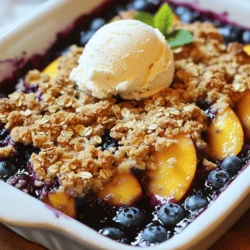 - 2 cups fresh blueberries, rinsed and drained - 2 cups fresh peaches, peeled and sliced into thin wedges - 1 tablespoon fresh lemon juice Fresh fruits are key to a great crisp. I love using ripe blueberries and juicy peaches. The lemon juice brightens the flavors. You can mix in other fruits too, like cherries or nectarines. - 1 cup rolled oats - 1/2 cup all-purpose flour - 1/2 cup packed brown sugar - 1/2 teaspoon ground cinnamon - 1/4 teaspoon sea salt - 1/2 cup unsalted butter, melted and slightly cooled - 1/4 cup chopped nuts (use pecans or almonds for added crunch) These dry ingredients create a wonderful topping. Rolled oats give it texture. Brown sugar adds sweetness and a nice color when baked. The nuts bring in a great crunch. Cinnamon makes everything taste warm and cozy. - 1 tablespoon honey or pure maple syrup You can add honey or maple syrup to sweeten the fruit. Adjust the amount based on your taste. This makes the crisp even more delightful! If you like it less sweet, feel free to skip this step. First, set your oven to 350°F (175°C). This will prepare the oven for baking. Preheating helps the crisp cook evenly. Make sure to do this step first. In a large bowl, mix 2 cups of fresh blueberries and 2 cups of sliced peaches. You want them to be rinsed and peeled. Add 1 tablespoon of fresh lemon juice. This will brighten the flavor. If you like it sweeter, drizzle in 1 tablespoon of honey or maple syrup. Gently toss the fruit until it is all coated. Now, transfer this mixture into a greased 9x9-inch baking dish. Spread the fruit evenly across the bottom. In another bowl, combine 1 cup of rolled oats, 1/2 cup of all-purpose flour, 1/2 cup of packed brown sugar, 1/2 teaspoon of ground cinnamon, and 1/4 teaspoon of sea salt. Mix these dry ingredients well. Then, pour in 1/2 cup of melted butter. Stir it all together until it looks crumbly. This topping will give you a great crunch. Now, sprinkle the oat mixture evenly over the fruit layer. Make sure to cover all the fruit so it forms a nice crust while baking. To get your crisp nice and crunchy, use cold butter. Cold butter helps form clumps. Mix it with dry ingredients for the best texture. Bake until the topping is golden brown. This usually takes about 30 to 35 minutes. Keep an eye on it to avoid burning. Serve your blueberry peach crisp warm. It pairs well with vanilla ice cream. The cold ice cream melts a bit, creating a creamy blend. You can also use whipped cream for a lighter option. For a fresh touch, add mint leaves on top. They add color and flavor to each bite. To boost flavor, try adding a splash of vanilla extract. This makes the topping even more aromatic. You can also mix in a pinch of nutmeg for warmth. Adding lemon zest brightens the fruit's taste. Feel free to experiment with spices until you find your perfect mix. {{image_4}} To make this recipe gluten-free, swap out the all-purpose flour. Use a gluten-free flour blend instead. You can also choose certified gluten-free oats. This way, you can enjoy a tasty crisp without worry. For a vegan twist, replace the butter with coconut oil or vegan butter. Use maple syrup in place of honey for sweetness. These swaps keep the dish plant-based and just as delicious. You can mix it up by using different fruits. Consider using raspberries, blackberries, or even apples. Each fruit brings its own flavor and twist, making this recipe versatile. Just remember to adjust sweetness based on the fruit you choose. After you enjoy your blueberry peach crisp, store any leftovers in an airtight container. This keeps the crisp fresh. Place it in the fridge for up to three days. The fruit stays tasty and the topping remains crunchy. To reheat, preheat your oven to 350°F (175°C). Place the crisp in a baking dish. Cover it with foil to prevent over-browning. Heat for about 15 minutes. This warms it through and brings back its crispy topping. You can also use a microwave for quick reheating. Heat in short intervals, checking often to avoid sogginess. You can freeze blueberry peach crisp for up to three months. First, let it cool completely. Then, wrap it tightly in plastic wrap. Place it in a freezer-safe bag or container. When you’re ready to enjoy it, thaw it in the fridge overnight. Reheat as mentioned above for the best results. Yes, you can use frozen fruits for this recipe. Frozen blueberries and peaches work well. Just make sure to thaw and drain them first. This helps prevent extra liquid in your crisp. Blueberry Peach Crisp lasts about 3 to 5 days in the fridge. Store it in an airtight container. You can enjoy it warm or cold, but it tastes best fresh from the oven. You can mix up the toppings to suit your taste. Consider adding: - Shredded coconut - Chopped nuts like walnuts or hazelnuts - Crushed graham crackers - A sprinkle of granola for extra crunch Feel free to get creative! Yes, you can prepare it ahead. Just assemble the fruit and topping, then store them separately in the fridge. Bake them when you are ready to serve. This keeps it fresh and warm. Blueberry Peach Crisp is a healthier dessert option. It uses fresh fruit and oats, which provide fiber. You can also adjust the sugar to make it less sweet if desired. Absolutely! This crisp is versatile. You can try: - Apples - Pears - Cherries Mix and match to find your favorite combination. For a tasty treat, serve your Blueberry Peach Crisp with: - Vanilla ice cream - Whipped cream - Greek yogurt These toppings add creaminess and a nice contrast to the crisp. This blog post covered all you need for a delicious Blueberry Peach Crisp. We explored fresh fruits, dry ingredients, and sweeteners. I provided clear steps for baking, tips for crispiness, and ways to serve. You learned about gluten-free and vegan options and how to store leftovers. Try this crisp, enjoy the flavors, and share with friends. Simple recipes like this bring joy and comfort. Your kitchen can create tasty treats every day!