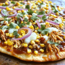 - Flatbreads or Naan - Cooked Chicken - BBQ Sauce - Shredded Mozzarella Cheese - Red Onion - Corn Kernels - Fresh Cilantro - Seasoning and Olive Oil BBQ Chicken Flatbread Pizza starts with simple ingredients. Flatbreads or naan serve as the base. These give a perfect crunch and hold the toppings well. Use cooked chicken, shredded for easy mixing. BBQ sauce adds that sweet and tangy kick we love. Shredded mozzarella cheese melts beautifully, creating a gooey layer. Red onion brings a bit of sharpness to each bite. Corn kernels add sweetness and a pop of color. Fresh cilantro brightens the dish with its vibrant flavor. Don't forget salt and pepper to enhance everything. A drizzle of olive oil ensures a crispy crust. - Top Picks for Flavor - Store-Bought vs. Homemade Options For BBQ sauce, I recommend a few great brands. Look for ones with natural ingredients for the best taste. Sweet Baby Ray’s is a classic choice. It delivers a nice balance of sweetness and smoke. If you prefer a spicy kick, use Stubb’s Spicy BBQ Sauce. For those who love homemade, mixing ketchup, brown sugar, and vinegar is easy. - Caloric Content - Macronutrient Breakdown Each serving holds about 350 calories. The breakdown includes around 20 grams of protein. You’ll also find 15 grams of fat and 30 grams of carbs. This makes it a filling meal option that packs flavor without too many calories. Enjoy knowing you can have a tasty pizza that's also satisfying! - Preheating the Oven Start by preheating your oven to 425°F (220°C). This step is key for a crispy crust. - Preparing the Chicken BBQ Mixture In a bowl, mix one cup of shredded chicken with half a cup of your favorite BBQ sauce. Make sure all the chicken pieces get coated well for full flavor. - Assembling the Flatbreads Lay two large flatbreads or naan on a baking sheet lined with parchment paper. Drizzle a little olive oil on top to help them crisp up. Spread the BBQ chicken mixture evenly over the flatbreads, leaving a half-inch edge for the crust. Next, sprinkle one cup of shredded mozzarella cheese on top. Add thin slices of half a red onion and half a cup of corn kernels for sweetness. - Tips for Perfectly Baked Flatbreads Keep an eye on your flatbreads as they bake. Look for the cheese to bubble and the edges to turn golden brown. This means they are ready! - Timing and Temperature Tips Bake the flatbreads for about 10 to 12 minutes. If your oven has hot spots, you may want to rotate the baking sheet halfway through. - How to Slice for Best Presentation Once baked, let the pizzas cool for one minute. This makes slicing easier. Use a sharp knife or pizza cutter to slice into equal pieces. - Serving Suggestions Serve your flatbread pizzas on a wooden cutting board for a rustic look. Offer some extra BBQ sauce on the side for dipping. Top with fresh chopped cilantro for a burst of flavor and color. Enjoy! - Overloading Ingredients: It’s easy to get carried away. Too many toppings can make your flatbread soggy. Stick to a balance. Use just the right amount of chicken, cheese, and veggies. Aim for a tasty mix, not a mountain. - Not Preheating the Oven: Preheating is a must. If your oven isn’t hot, your pizza won’t cook right. Take the time to heat it to 425°F. A hot oven gives you a crispy base and melted cheese. - Additional Seasoning Options: You can add more flavor with spices. Try garlic powder, onion powder, or smoked paprika. These give your pizza a nice kick without much effort. Just sprinkle a little on top of the chicken. - How to Make Your Own BBQ Sauce: Making BBQ sauce at home is simple. Mix ketchup, brown sugar, apple cider vinegar, and Worcestershire sauce. Add garlic and onion powder for depth. Taste as you go. Adjust the sweetness or tang to your liking. - Best Pairings: Sides and Drinks: Serve with a fresh salad or coleslaw for a crunchy side. For drinks, try iced tea or a light beer. These pair well with the BBQ flavors. - Presentation Tips for an Appealing Plate: Serve your flatbread on a wooden cutting board. It gives a rustic feel. Add a small bowl of extra BBQ sauce on the side for dipping. A sprinkle of fresh cilantro on top makes it look great, too. {{image_4}} You can switch up the chicken for pulled pork. The rich taste of pork pairs well with BBQ sauce. You can also use tofu for a vegetarian option. Tofu absorbs flavors well. It gives you that BBQ taste without meat. For pulled pork, just cook it low and slow. Shred it, and cover it in BBQ sauce. For tofu, press it to remove extra water. Marinate it in BBQ sauce before cooking. Feel free to add more veggies. Bell peppers, mushrooms, and spinach all work great. They add color and crunch to your pizza. You can also try different cheese. Cheddar or pepper jack can add a nice kick. Mixing cheeses can create a unique flavor. Top with jalapeños for an extra spicy bite. Choosing the right BBQ sauce is key. Sweet sauces bring out a nice caramel flavor. Spicy sauces can add heat and excitement. You can even mix sweet and spicy for a balanced taste. If you want to make your own sauce, it’s simple. Combine ketchup, apple cider vinegar, brown sugar, and spices. Cook it on low heat for 10-15 minutes. This gives you a fresh, homemade flavor. Adjust the sweetness or heat to fit your taste. - Refrigeration Tips: Allow the BBQ chicken flatbread pizza to cool completely. Place leftovers in an airtight container. You can keep them in the fridge for up to three days. Covering the pizza helps keep it fresh and tasty. - Freezing Instructions: If you have more leftovers, you can freeze them. Wrap each slice tightly in plastic wrap. Then place the wrapped slices in a freezer bag. They will stay good for up to two months. - Best Methods to Reheat for Crispiness: The oven is the best way to reheat your flatbread pizza. Preheat the oven to 375°F (190°C). Place the pizza on a baking sheet for about 10 minutes. This will help keep the crust crispy. - Microwave vs. Oven: While you can use a microwave, it may make the crust soft. If you want a quick method, use a microwave for 30 seconds to 1 minute. However, for the best taste and texture, the oven is the way to go. Yes, you can prepare BBQ Chicken Flatbread Pizza ahead. Here are some tips for prepping in advance: - Cook and shred the chicken, then mix it with BBQ sauce. - Store the chicken mixture in the fridge for up to two days. - Assemble the flatbreads with toppings, but do not bake them. - Cover and keep them in the fridge for up to one day. - When ready, bake right from the fridge. This keeps it fresh and tasty. You can tell the pizza is ready by looking for some visual cues for doneness: - The cheese should melt and bubble nicely. - The edges should turn a golden brown. - The flatbread should feel crispy to the touch. - If the cheese starts to brown too fast, you can lower the oven temperature. Absolutely! Adaptations for dietary restrictions are easy: - Whole wheat flatbreads add fiber and flavor. - Gluten-free options like almond flour flatbreads work well too. - Just make sure to check the baking time. Gluten-free may bake faster or slower. - Enjoy your pizza without worry! This post covered how to make BBQ Chicken Flatbread Pizza. We discussed important ingredients, like flatbreads, cooked chicken, and your favorite BBQ sauce. I provided step-by-step instructions for quick prep and baking. We also touched on tips to boost flavor and avoid common mistakes. In the end, this dish is simple, tasty, and adaptable. Feel free to customize it with different proteins or sauces. Enjoy making your pizza, and watch as it becomes a family favorite!