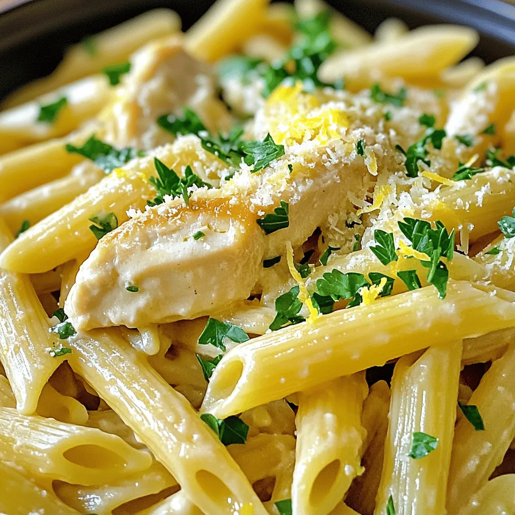 - Pasta choices: You can use penne, spaghetti, or fusilli. Each brings a different texture. - Chicken preparation: Use two boneless, skinless chicken breasts. Thinly slice them for quick cooking. - Garlic and butter proportions: You will need four cloves of minced garlic and four tablespoons of unsalted butter. This mix creates a rich flavor. - Seasonings: Use one teaspoon of dried Italian herbs for a blend of oregano, basil, and thyme. Add a pinch of red pepper flakes for heat, if you like. - Parmesan cheese details: Freshly grated Parmesan cheese enhances the dish's richness. Use about 1/4 cup for the best taste. - Fresh parsley and lemon zest: Roughly chopped fresh parsley adds color. Lemon zest brightens the dish and lifts the flavors. With these ingredients, you can make a dish that is quick, easy, and delicious. Each element plays a role in creating a meal you will love! To start, fill a large pot with water and add salt. Bring the water to a rolling boil. This step is important for flavoring your pasta. Add 250g of your chosen pasta, such as penne, spaghetti, or fusilli. Cook it according to the package instructions until it is al dente. Once cooked, drain the pasta but save about 1/2 cup of the starchy pasta water. This water will help your sauce later. Next, take a large skillet and heat 2 tablespoons of unsalted butter over medium heat. Allow the butter to melt and bubble. While the butter heats, slice 2 boneless, skinless chicken breasts thinly. Once the butter is ready, add the chicken slices to the skillet. Season the chicken with salt, pepper, and a teaspoon of dried Italian herbs. Sauté the chicken for about 5-7 minutes until it turns golden brown and is fully cooked. Once it’s done, remove the chicken and place it on a plate, leaving the tasty drippings in the skillet. In the same skillet, add 2 more tablespoons of butter. When the butter melts, add 4 cloves of finely minced garlic. Cook the garlic for about 1 minute until it is fragrant and golden. Be careful not to let it burn, as burnt garlic can taste bitter. This step adds a rich flavor to your dish. Now it’s time to bring everything together! Add the drained pasta to the skillet with the garlic butter. Gently toss the pasta to coat it evenly with the garlic and butter. If the mixture seems dry, add a bit of the reserved pasta water. This will help create a creamy texture that clings to the pasta. After mixing in the pasta, return the cooked chicken to the skillet. If you want some heat, sprinkle in 1/4 teaspoon of red pepper flakes. Also, add the zest of 1 lemon for a fresh flavor boost. Remove the skillet from the heat and sprinkle 1/4 cup of freshly grated Parmesan cheese over the dish. Toss everything together to combine well, allowing the cheese to melt slightly. Finally, taste your dish and adjust seasoning with more salt, pepper, or herbs if needed. To serve, plate the Garlic Butter Chicken Pasta and garnish it with fresh, roughly chopped parsley. You can also add more Parmesan cheese on top if you like. This dish pairs well with a simple side salad or garlic bread for a complete meal. Enjoy! To save time, prep your ingredients first. Slice the chicken and mince the garlic before cooking. This way, you can keep the flow going. One-pan cooking makes cleanup easy. You cook the chicken and sauce all in one pan. This cuts down on dishes and keeps flavors rich. Adjust spice levels to your taste. If you want more heat, add more red pepper flakes. For garlic lovers, don’t hold back. You can add extra minced garlic to boost flavor. The dried Italian herbs give a lovely aroma. Feel free to mix in fresh herbs if you have them. To get the right sauciness, use reserved pasta water. Start with a little and add more if needed. This helps the sauce cling to the pasta. For a nice texture contrast, top your dish with crispy vegetables or toasted nuts. These add crunch and make each bite exciting. {{image_4}} You can switch out chicken for shrimp or tofu. Shrimp cooks fast and adds a sweet taste. Tofu gives a nice texture and absorbs flavors well. For a vegan option, you can use plant-based butter and cheese instead of dairy. These swaps keep the dish tasty and fun. Consider using whole grain or gluten-free pasta. Whole grain adds fiber and a nutty flavor. Gluten-free options work well for those with dietary needs. You can also get creative with pasta shapes. Try farfalle for a fun twist or even use zoodles for a vegetable-based option. Adding vegetables can make the dish more vibrant. Spinach or bell peppers add color and nutrition. You can toss them in with the pasta for a pop of flavor. A splash of lemon juice brightens the dish and adds zing. Fresh herbs like parsley or basil can give it an extra kick, too. To keep your Minute Garlic Butter Chicken Pasta fresh, store it in an airtight container. This helps reduce moisture loss and keeps flavors intact. You can refrigerate the pasta for up to three days. If you want to keep it longer, freezing is a great option. When reheating, use a skillet for the best results. Heat on low and add a splash of water or broth. This keeps the pasta moist and helps it heat evenly. Stir gently to avoid breaking the pasta, and check often to prevent burning. For freezing, separate the pasta and sauce. This helps maintain the best texture when thawed. Use freezer bags or containers, removing as much air as possible. To thaw, place the pasta in the fridge overnight. Reheat gently on the stove, adding a little water if needed. This dish is quick. It takes about 5 minutes to prep and 15 minutes to cook. You can enjoy a tasty meal in just 20 minutes. Yes, you can! Feel free to swap out the pasta. Penne, spaghetti, or fusilli all work well. You can even try whole grain or gluten-free pasta. Absolutely! You can make this dish ahead of time. Just store it in the fridge for up to three days. Reheat it when you're ready to eat. If you like heat, add more red pepper flakes. You can also use fresh diced chili. A dash of hot sauce works well too! This dish pairs nicely with a simple salad or garlic bread. Steamed vegetables also make a great side. Consider a light white wine for a fancy touch! In this post, we covered how to make Minute Garlic Butter Chicken Pasta. We went over the key ingredients, like pasta and chicken, and flavor enhancers such as garlic and Italian herbs. I shared step-by-step instructions for cooking and combining the pasta and chicken. Don’t forget the tips for variations and storage. These tips help you adapt the recipe to your taste. This dish is tasty, quick, and perfect for busy days. Enjoy creating your own version!