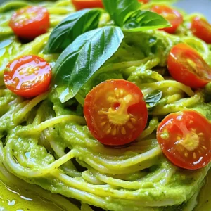 - 2 ripe avocados - 12 oz pasta (spaghetti or fettuccine) - 1/2 cup fresh basil leaves - 2 tablespoons freshly squeezed lemon juice - 1/4 cup grated Parmesan cheese or nutritional yeast - Salt and freshly ground black pepper - 1 cup cherry tomatoes for garnish When making creamy avocado pasta, you need fresh and ripe avocados. They add a smooth texture and rich flavor. You can use either spaghetti or fettuccine for this dish; both work well. Fresh basil gives the pasta a nice herbal aroma and taste. The lemon juice adds brightness and balances the creaminess. For extra flavor, you can add grated Parmesan cheese. If you prefer a vegan option, use nutritional yeast instead. Season the pasta with salt and black pepper to taste. Cherry tomatoes make a colorful garnish that enhances the dish's visual appeal. They also add a fresh burst of flavor. Gather these ingredients, and you are ready for a quick and tasty meal. Start by filling a large pot with water. Add a generous amount of salt. Bring this salted water to a rolling boil. Once boiling, add your pasta. Cook according to the package instructions until it is al dente, which means it should still have a slight bite. Remember to save about 1 cup of the cooking water before draining the pasta. Set the drained pasta aside in a large bowl. In a food processor, add the ripe avocados, peeled garlic cloves, and fresh basil leaves. Pour in the freshly squeezed lemon juice and extra virgin olive oil. Add the grated Parmesan cheese for that rich flavor. Blend everything on high speed until smooth and creamy. If the sauce is too thick, slowly mix in some of the reserved pasta water. Keep adding until you reach your desired creamy consistency. Now, take the large bowl with the cooked pasta. Pour the creamy avocado sauce over the pasta. Gently toss everything together. Make sure every strand of pasta is coated with that delicious sauce. If it looks a bit dry, add more reserved pasta water until it has a silky texture. Taste the pasta and adjust the seasoning. You can add more salt, freshly ground black pepper, or extra lemon juice to brighten the dish. To make creamy avocado pasta, use reserved pasta water wisely. This starchy water helps to thin the sauce without losing flavor. Start by reserving about 1 cup of the pasta water before draining. When mixing the sauce, add a bit at a time until you reach your desired creaminess. Blending is key for a smooth sauce. Use a food processor to mix avocados, garlic, basil, lemon juice, and olive oil. Blend on high speed until everything is creamy. If the sauce clumps, blend longer. This step ensures a silky texture that clings well to your pasta. Seasoning is vital to elevate your dish. After mixing, taste your pasta. Add salt, pepper, or more lemon juice to brighten the flavors. You can also add a pinch of red pepper flakes for some heat. For serving, pair your pasta with fresh ingredients. Cherry tomatoes add sweetness, while basil brings freshness. A sprinkle of Parmesan cheese adds a savory touch. Garnishing makes your dish pop. Use halved cherry tomatoes and extra basil leaves to decorate your pasta. This adds color and freshness to the plate. A drizzle of extra virgin olive oil enhances flavor. Just a little goes a long way. This final touch makes your creamy avocado pasta look and taste gourmet. Enjoy your beautiful dish! {{image_4}} If you want a vegan spin on creamy avocado pasta, substitute the Parmesan cheese with nutritional yeast. This swap keeps the dish rich and cheesy without using dairy. Nutritional yeast adds a great umami flavor. You can also add extra garnishes like toasted pine nuts or pumpkin seeds for crunch. Fresh arugula or spinach can add a peppery kick, too. For a gluten-free version, choose pasta made from brown rice or chickpeas. These options provide a nice texture and flavor. When cooking gluten-free pasta, follow the package directions closely. They may have different cooking times. Remember to check for doneness, as gluten-free pasta can become mushy if overcooked. To make your dish exciting, add spices or herbs that you love. A pinch of red pepper flakes can bring heat. Fresh herbs like oregano or thyme can also enhance the taste. You can also mix in proteins, like grilled chicken or shrimp. This adds a hearty element and makes the meal more filling. To keep your creamy avocado pasta fresh, follow these tips: - Use airtight containers. Glass or plastic containers work well. - Let the pasta cool down first. This helps prevent condensation. - Store in the fridge right away. Aim to eat leftovers within 2 days. When it’s time to enjoy leftovers, here’s how to reheat: - Use the stovetop for best results. Heat gently in a pan. - Add a splash of water or olive oil. This helps with the sauce. - Stir often to keep the texture smooth. Avoid high heat to prevent separation. Your creamy avocado pasta can stay fresh for: - Up to 2 days in the fridge. - Look for signs of spoilage like a sour smell or change in color. - If it looks off or smells strange, it’s best to toss it. Yes, you can prepare parts of this dish in advance. Cook the pasta and store it in a container. Keep it in the fridge for up to three days. You can also make the creamy avocado sauce a day ahead. Just blend the sauce and store it in an airtight container. To keep it fresh, press plastic wrap directly onto the sauce surface to limit air exposure. This recipe is great for meal prep! You can portion the pasta into individual containers. Store the creamy sauce separately to keep it fresh. When you’re ready to eat, simply combine them. This method keeps the pasta from getting soggy and helps maintain the sauce's creamy texture. Freezing this dish is not ideal. The creamy sauce may change in texture when thawed. If you choose to freeze it, store the pasta and sauce separately. Use an airtight container to avoid freezer burn. When you thaw it, the sauce may look a bit different. You can blend it again to restore some creaminess. This dish pairs well with various sides. A simple green salad adds freshness. You can also serve garlic bread for a nice crunch. For drinks, try a light white wine or sparkling water. Both complement the creamy flavors beautifully. Don't forget to garnish with extra cherry tomatoes and basil for color! In this post, you learned how to make creamy avocado pasta. We covered the main ingredients like ripe avocados and pasta. You discovered step-by-step cooking and sauce preparation. Tips for the perfect texture and flavor make every bite enjoyable. I also shared storage info and meal prep advice. Enjoy making this dish with variations that suit your taste. With simple steps, you’ll impress anyone at your table.