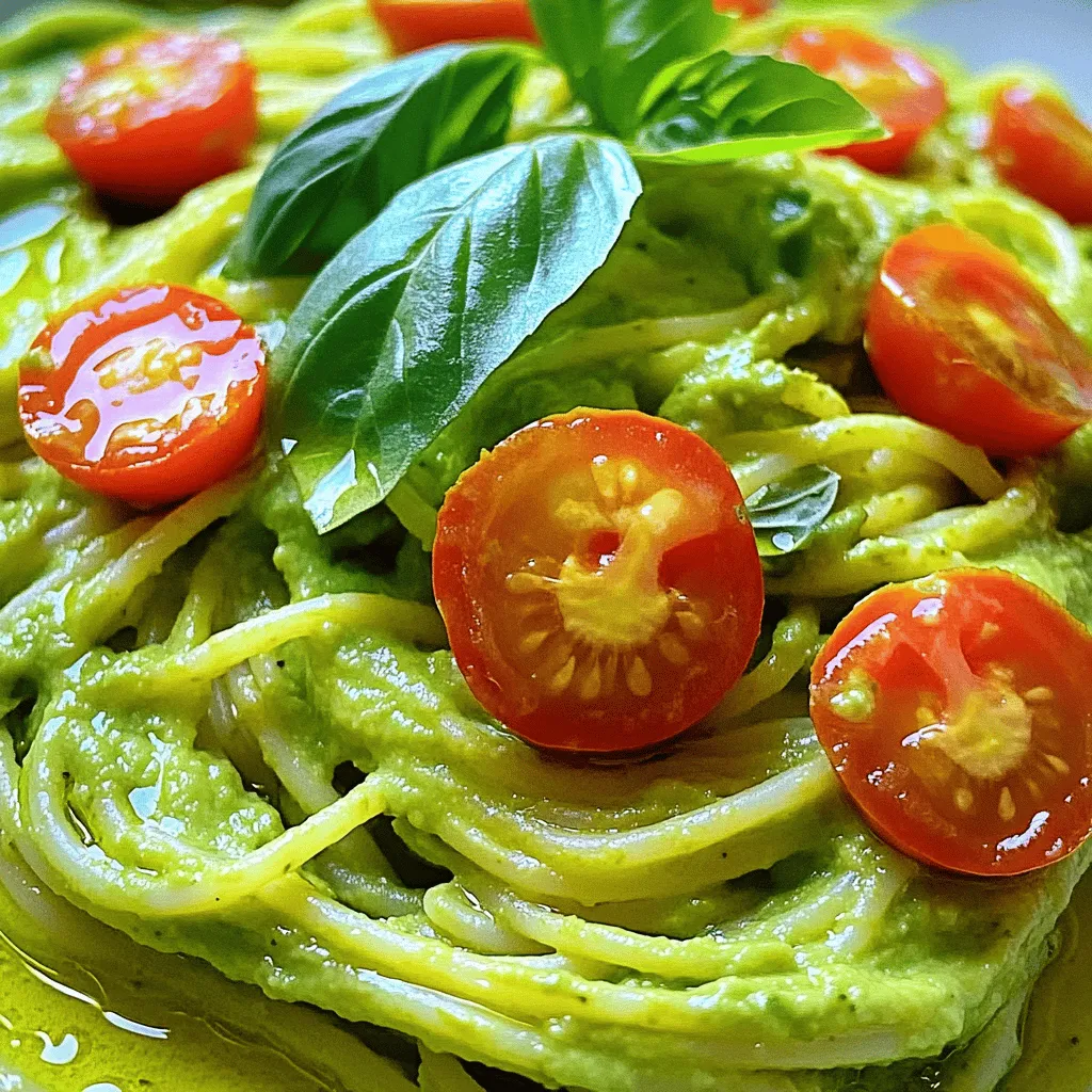 - 2 ripe avocados - 12 oz pasta (spaghetti or fettuccine) - 1/2 cup fresh basil leaves - 2 tablespoons freshly squeezed lemon juice - 1/4 cup grated Parmesan cheese or nutritional yeast - Salt and freshly ground black pepper - 1 cup cherry tomatoes for garnish When making creamy avocado pasta, you need fresh and ripe avocados. They add a smooth texture and rich flavor. You can use either spaghetti or fettuccine for this dish; both work well. Fresh basil gives the pasta a nice herbal aroma and taste. The lemon juice adds brightness and balances the creaminess. For extra flavor, you can add grated Parmesan cheese. If you prefer a vegan option, use nutritional yeast instead. Season the pasta with salt and black pepper to taste. Cherry tomatoes make a colorful garnish that enhances the dish's visual appeal. They also add a fresh burst of flavor. Gather these ingredients, and you are ready for a quick and tasty meal. Start by filling a large pot with water. Add a generous amount of salt. Bring this salted water to a rolling boil. Once boiling, add your pasta. Cook according to the package instructions until it is al dente, which means it should still have a slight bite. Remember to save about 1 cup of the cooking water before draining the pasta. Set the drained pasta aside in a large bowl. In a food processor, add the ripe avocados, peeled garlic cloves, and fresh basil leaves. Pour in the freshly squeezed lemon juice and extra virgin olive oil. Add the grated Parmesan cheese for that rich flavor. Blend everything on high speed until smooth and creamy. If the sauce is too thick, slowly mix in some of the reserved pasta water. Keep adding until you reach your desired creamy consistency. Now, take the large bowl with the cooked pasta. Pour the creamy avocado sauce over the pasta. Gently toss everything together. Make sure every strand of pasta is coated with that delicious sauce. If it looks a bit dry, add more reserved pasta water until it has a silky texture. Taste the pasta and adjust the seasoning. You can add more salt, freshly ground black pepper, or extra lemon juice to brighten the dish. To make creamy avocado pasta, use reserved pasta water wisely. This starchy water helps to thin the sauce without losing flavor. Start by reserving about 1 cup of the pasta water before draining. When mixing the sauce, add a bit at a time until you reach your desired creaminess. Blending is key for a smooth sauce. Use a food processor to mix avocados, garlic, basil, lemon juice, and olive oil. Blend on high speed until everything is creamy. If the sauce clumps, blend longer. This step ensures a silky texture that clings well to your pasta. Seasoning is vital to elevate your dish. After mixing, taste your pasta. Add salt, pepper, or more lemon juice to brighten the flavors. You can also add a pinch of red pepper flakes for some heat. For serving, pair your pasta with fresh ingredients. Cherry tomatoes add sweetness, while basil brings freshness. A sprinkle of Parmesan cheese adds a savory touch. Garnishing makes your dish pop. Use halved cherry tomatoes and extra basil leaves to decorate your pasta. This adds color and freshness to the plate. A drizzle of extra virgin olive oil enhances flavor. Just a little goes a long way. This final touch makes your creamy avocado pasta look and taste gourmet. Enjoy your beautiful dish! {{image_4}} If you want a vegan spin on creamy avocado pasta, substitute the Parmesan cheese with nutritional yeast. This swap keeps the dish rich and cheesy without using dairy. Nutritional yeast adds a great umami flavor. You can also add extra garnishes like toasted pine nuts or pumpkin seeds for crunch. Fresh arugula or spinach can add a peppery kick, too. For a gluten-free version, choose pasta made from brown rice or chickpeas. These options provide a nice texture and flavor. When cooking gluten-free pasta, follow the package directions closely. They may have different cooking times. Remember to check for doneness, as gluten-free pasta can become mushy if overcooked. To make your dish exciting, add spices or herbs that you love. A pinch of red pepper flakes can bring heat. Fresh herbs like oregano or thyme can also enhance the taste. You can also mix in proteins, like grilled chicken or shrimp. This adds a hearty element and makes the meal more filling. To keep your creamy avocado pasta fresh, follow these tips: - Use airtight containers. Glass or plastic containers work well. - Let the pasta cool down first. This helps prevent condensation. - Store in the fridge right away. Aim to eat leftovers within 2 days. When it’s time to enjoy leftovers, here’s how to reheat: - Use the stovetop for best results. Heat gently in a pan. - Add a splash of water or olive oil. This helps with the sauce. - Stir often to keep the texture smooth. Avoid high heat to prevent separation. Your creamy avocado pasta can stay fresh for: - Up to 2 days in the fridge. - Look for signs of spoilage like a sour smell or change in color. - If it looks off or smells strange, it’s best to toss it. Yes, you can prepare parts of this dish in advance. Cook the pasta and store it in a container. Keep it in the fridge for up to three days. You can also make the creamy avocado sauce a day ahead. Just blend the sauce and store it in an airtight container. To keep it fresh, press plastic wrap directly onto the sauce surface to limit air exposure. This recipe is great for meal prep! You can portion the pasta into individual containers. Store the creamy sauce separately to keep it fresh. When you’re ready to eat, simply combine them. This method keeps the pasta from getting soggy and helps maintain the sauce's creamy texture. Freezing this dish is not ideal. The creamy sauce may change in texture when thawed. If you choose to freeze it, store the pasta and sauce separately. Use an airtight container to avoid freezer burn. When you thaw it, the sauce may look a bit different. You can blend it again to restore some creaminess. This dish pairs well with various sides. A simple green salad adds freshness. You can also serve garlic bread for a nice crunch. For drinks, try a light white wine or sparkling water. Both complement the creamy flavors beautifully. Don't forget to garnish with extra cherry tomatoes and basil for color! In this post, you learned how to make creamy avocado pasta. We covered the main ingredients like ripe avocados and pasta. You discovered step-by-step cooking and sauce preparation. Tips for the perfect texture and flavor make every bite enjoyable. I also shared storage info and meal prep advice. Enjoy making this dish with variations that suit your taste. With simple steps, you’ll impress anyone at your table.