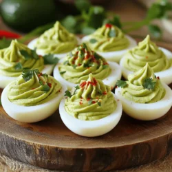 To make avocado deviled eggs, you will need a few fresh ingredients. Here’s a list: - 6 large eggs - 1 ripe avocado - 2 tablespoons Greek yogurt (or sour cream) - 1 tablespoon Dijon mustard - 1 tablespoon fresh lime juice - 1/2 teaspoon garlic powder - Salt and pepper, to taste - 1 tablespoon fresh cilantro, finely chopped (optional) - Red pepper flakes, for garnish (optional) Each of these ingredients adds a special touch. The ripe avocado gives a creamy texture. The Greek yogurt or sour cream adds tanginess. Dijon mustard brings a little zip, while lime juice adds freshness. Garlic powder enhances the flavor, and cilantro can add a lovely pop of color. Adjust salt and pepper to suit your taste. Using fresh ingredients makes all the difference. Choose ripe avocados for the best flavor. Fresh lime juice brightens the dish. Enjoy the process as you gather your ingredients! - First, place the eggs in a saucepan. - Cover them with cold water, making sure the water is at least an inch above the eggs. - Heat the saucepan over medium-high heat and bring the water to a rolling boil. - Once it boils, cover the pot and take it off the heat. Let the eggs sit, covered, for 12-14 minutes. - Next, transfer the eggs to an ice bath. - Fill a bowl with ice and cold water, then add the eggs. - Let them sit in the ice bath for at least 5 minutes to cool. - After cooling, gently tap each egg to crack the shell. Peel them under running water for easier removal. - Slice each egg in half lengthwise and scoop out the yolks into a bowl. - In the bowl with the yolks, add the ripe avocado, Greek yogurt (or sour cream), Dijon mustard, fresh lime juice, and garlic powder. - Sprinkle in salt and pepper to taste. - Use a fork to mash everything together until it's creamy and smooth. - Taste the mixture and adjust the seasoning if needed. - Fill each egg white half with the avocado-yolk mixture using a spoon or a piping bag. - For a nice touch, sprinkle red pepper flakes on top and add cilantro if you like. - Serve right away for a fresh taste, or chill in the fridge for about 30 minutes for more flavor. To make perfect hard-boiled eggs, time is key. I recommend boiling the eggs for 12-14 minutes. This timing gives you a firm yolk without a green ring. After boiling, use an ice bath. Fill a bowl with ice and cold water. Transfer the eggs directly into the ice bath. This cools them quickly. It also stops the cooking, making them easier to peel. For a creamy filling, mash the yolks with a ripe avocado. The avocado adds richness and a smooth texture. If you want to impress your guests, use a piping bag. This creates a neat and fancy look. Just fill the bag with your avocado mixture and pipe it into the egg whites. To boost flavor, try adding spices and herbs. Garlic powder adds a nice kick. Fresh cilantro brightens the taste. You can also sprinkle red pepper flakes for a spicy touch. Don’t be afraid to experiment with different ingredients. Adding jalapeños gives a nice heat. You can also try feta cheese or olives for a Mediterranean twist. {{image_4}} When it comes to avocado deviled eggs, you can have fun with many variations. Here are three tasty ideas to switch things up. To add some heat, try mixing in jalapeños or hot sauce. Chop fresh jalapeños and fold them into the avocado-yolk mix. You can adjust the amount based on your heat level. For a zesty kick, drizzle your favorite hot sauce on top before serving. This spice lifts the creamy filling and makes it exciting. For a Mediterranean twist, consider adding feta cheese and olives. Crumble some feta cheese into the avocado-yolk mix for a tangy flavor. Chop black or green olives finely and mix them in too. This blend brings a briny taste that pairs well with the creaminess of the avocado. You can even finish with a sprinkle of oregano for a fresh touch. If you want a vegan option, swap out Greek yogurt for a plant-based yogurt. You can also add nut-based ingredients like cashew cream or tahini. These ingredients keep the filling creamy and rich. Blend them well with the avocado and spices for a delightful vegan treat that everyone can enjoy. To keep your avocado deviled eggs fresh, store them in the fridge. Place them in an airtight container. This helps prevent them from drying out or absorbing other flavors. They stay good for up to three days. After that, they may lose their taste and texture. You can make these deviled eggs ahead of time. Prepare the filling and store it separately from the egg whites. This keeps the mixture fresh and prevents soggy eggs. When you’re ready to serve, just fill the egg whites. You can also keep the filled eggs chilled before serving for a quick snack or appetizer. To make peeling easier, use these tips: - Start with older eggs: Fresh eggs are harder to peel. Use eggs that are a week or two old. - Ice bath: After boiling, place the eggs in an ice bath for at least 5 minutes. This cools them down and helps separate the shell from the egg. - Rolling method: Gently tap and roll the egg on a hard surface to crack the shell before peeling. These steps really help. You will notice the difference! Yes, you can use other options if you don't have Greek yogurt. Here are some good substitutes: - Sour cream: A great option, it adds a creamy texture. - Mashed avocado: If you want a richer taste, add more avocado. - Cottage cheese: Blend it for a smooth mix. Feel free to experiment with what you have on hand. You can make your deviled eggs healthier with these suggestions: - Use plain yogurt: It has less fat than Greek yogurt. - Skip the salt: Try using herbs for flavor instead. - Add veggies: Finely chop bell peppers or spinach for added nutrients. These small changes can boost the health of your dish! You now have all the tools to make delicious avocado deviled eggs. Start by perfecting your hard-boiled eggs and follow the steps to create a tasty filling. Don’t forget to explore the variations and tips for a personal touch. Remember, experimentation leads to exciting flavors. Enjoy your tasty creation, whether for a snack or a party platter. Simple and fun, these deviled eggs are a hit! Happy cooking!