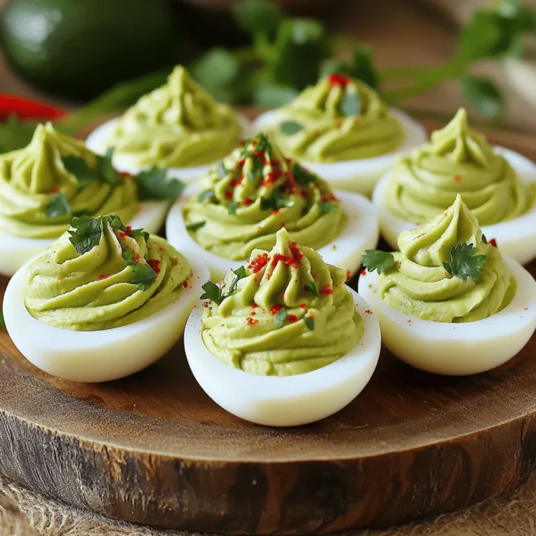 To make avocado deviled eggs, you will need a few fresh ingredients. Here’s a list: - 6 large eggs - 1 ripe avocado - 2 tablespoons Greek yogurt (or sour cream) - 1 tablespoon Dijon mustard - 1 tablespoon fresh lime juice - 1/2 teaspoon garlic powder - Salt and pepper, to taste - 1 tablespoon fresh cilantro, finely chopped (optional) - Red pepper flakes, for garnish (optional) Each of these ingredients adds a special touch. The ripe avocado gives a creamy texture. The Greek yogurt or sour cream adds tanginess. Dijon mustard brings a little zip, while lime juice adds freshness. Garlic powder enhances the flavor, and cilantro can add a lovely pop of color. Adjust salt and pepper to suit your taste. Using fresh ingredients makes all the difference. Choose ripe avocados for the best flavor. Fresh lime juice brightens the dish. Enjoy the process as you gather your ingredients! - First, place the eggs in a saucepan. - Cover them with cold water, making sure the water is at least an inch above the eggs. - Heat the saucepan over medium-high heat and bring the water to a rolling boil. - Once it boils, cover the pot and take it off the heat. Let the eggs sit, covered, for 12-14 minutes. - Next, transfer the eggs to an ice bath. - Fill a bowl with ice and cold water, then add the eggs. - Let them sit in the ice bath for at least 5 minutes to cool. - After cooling, gently tap each egg to crack the shell. Peel them under running water for easier removal. - Slice each egg in half lengthwise and scoop out the yolks into a bowl. - In the bowl with the yolks, add the ripe avocado, Greek yogurt (or sour cream), Dijon mustard, fresh lime juice, and garlic powder. - Sprinkle in salt and pepper to taste. - Use a fork to mash everything together until it's creamy and smooth. - Taste the mixture and adjust the seasoning if needed. - Fill each egg white half with the avocado-yolk mixture using a spoon or a piping bag. - For a nice touch, sprinkle red pepper flakes on top and add cilantro if you like. - Serve right away for a fresh taste, or chill in the fridge for about 30 minutes for more flavor. To make perfect hard-boiled eggs, time is key. I recommend boiling the eggs for 12-14 minutes. This timing gives you a firm yolk without a green ring. After boiling, use an ice bath. Fill a bowl with ice and cold water. Transfer the eggs directly into the ice bath. This cools them quickly. It also stops the cooking, making them easier to peel. For a creamy filling, mash the yolks with a ripe avocado. The avocado adds richness and a smooth texture. If you want to impress your guests, use a piping bag. This creates a neat and fancy look. Just fill the bag with your avocado mixture and pipe it into the egg whites. To boost flavor, try adding spices and herbs. Garlic powder adds a nice kick. Fresh cilantro brightens the taste. You can also sprinkle red pepper flakes for a spicy touch. Don’t be afraid to experiment with different ingredients. Adding jalapeños gives a nice heat. You can also try feta cheese or olives for a Mediterranean twist. {{image_4}} When it comes to avocado deviled eggs, you can have fun with many variations. Here are three tasty ideas to switch things up. To add some heat, try mixing in jalapeños or hot sauce. Chop fresh jalapeños and fold them into the avocado-yolk mix. You can adjust the amount based on your heat level. For a zesty kick, drizzle your favorite hot sauce on top before serving. This spice lifts the creamy filling and makes it exciting. For a Mediterranean twist, consider adding feta cheese and olives. Crumble some feta cheese into the avocado-yolk mix for a tangy flavor. Chop black or green olives finely and mix them in too. This blend brings a briny taste that pairs well with the creaminess of the avocado. You can even finish with a sprinkle of oregano for a fresh touch. If you want a vegan option, swap out Greek yogurt for a plant-based yogurt. You can also add nut-based ingredients like cashew cream or tahini. These ingredients keep the filling creamy and rich. Blend them well with the avocado and spices for a delightful vegan treat that everyone can enjoy. To keep your avocado deviled eggs fresh, store them in the fridge. Place them in an airtight container. This helps prevent them from drying out or absorbing other flavors. They stay good for up to three days. After that, they may lose their taste and texture. You can make these deviled eggs ahead of time. Prepare the filling and store it separately from the egg whites. This keeps the mixture fresh and prevents soggy eggs. When you’re ready to serve, just fill the egg whites. You can also keep the filled eggs chilled before serving for a quick snack or appetizer. To make peeling easier, use these tips: - Start with older eggs: Fresh eggs are harder to peel. Use eggs that are a week or two old. - Ice bath: After boiling, place the eggs in an ice bath for at least 5 minutes. This cools them down and helps separate the shell from the egg. - Rolling method: Gently tap and roll the egg on a hard surface to crack the shell before peeling. These steps really help. You will notice the difference! Yes, you can use other options if you don't have Greek yogurt. Here are some good substitutes: - Sour cream: A great option, it adds a creamy texture. - Mashed avocado: If you want a richer taste, add more avocado. - Cottage cheese: Blend it for a smooth mix. Feel free to experiment with what you have on hand. You can make your deviled eggs healthier with these suggestions: - Use plain yogurt: It has less fat than Greek yogurt. - Skip the salt: Try using herbs for flavor instead. - Add veggies: Finely chop bell peppers or spinach for added nutrients. These small changes can boost the health of your dish! You now have all the tools to make delicious avocado deviled eggs. Start by perfecting your hard-boiled eggs and follow the steps to create a tasty filling. Don’t forget to explore the variations and tips for a personal touch. Remember, experimentation leads to exciting flavors. Enjoy your tasty creation, whether for a snack or a party platter. Simple and fun, these deviled eggs are a hit! Happy cooking!