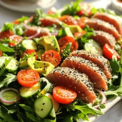 - Fresh ahi tuna steaks - White and black sesame seeds - Olive oil - Mixed salad greens - Cherry tomatoes - Cucumber - Red onion - Avocado - Dressing ingredients: - Soy sauce - Rice vinegar - Sesame oil - Honey - Ginger To make this Sesame Crusted Ahi Tuna Salad, you need a few key ingredients. First, get two fresh ahi tuna steaks. Each should weigh about six ounces. Next, you’ll need a blend of white and black sesame seeds. A quarter cup of each will do. You also need some olive oil for cooking. For the salad, grab four cups of mixed salad greens. I love using arugula, spinach, and romaine for a nice mix. Add one cup of halved cherry tomatoes, half a cucumber sliced thin, and a quarter of a red onion finely sliced. Don’t forget one ripe avocado, sliced for creaminess. For the dressing, you will combine soy sauce, rice vinegar, sesame oil, honey, and freshly grated ginger. Each ingredient adds a special flavor to the dish. The soy sauce brings saltiness, while rice vinegar adds a tangy touch. Honey offers sweetness, and ginger gives a warm spice. All these ingredients come together to make your salad fresh and flavorful. Start by drying the tuna steaks. Use paper towels to soak up any moisture. This helps the seasoning stick. Next, season both sides with salt and freshly ground pepper. This adds great flavor to your fish. Now it’s time to coat the tuna. In a shallow dish, mix the white and black sesame seeds together. Press each seasoned steak firmly into the seeds. Make sure both sides are fully coated. This crust will give your tuna a nice crunch and a nutty taste. Heat olive oil in a non-stick skillet over medium-high heat. Wait until the oil shimmers. This tells you it’s hot enough. Now, carefully place the sesame-coated tuna steaks in the skillet. Sear them for about 1-2 minutes on each side. If you like your tuna rare, this timing works well. After searing, remove the tuna from the skillet. Place it on a cutting board and let it rest for a few minutes. This helps keep the juices inside the fish. In a large mixing bowl, combine the mixed salad greens, halved cherry tomatoes, cucumber slices, finely sliced red onion, and avocado. Gently toss the ingredients together. This ensures that all the flavors mix well. Next, prepare the dressing. In a small bowl, whisk together soy sauce, rice vinegar, sesame oil, honey, and freshly grated ginger. Mix until smooth. This dressing adds a burst of flavor to your salad. Now, it’s time to assemble. Once the tuna has rested, slice it into thin strips. Arrange the salad mixture on individual plates or a large platter. Neatly place the slices of seared tuna on top of the salad. Finally, drizzle the prepared dressing over the salad just before serving. This adds a fresh and tasty finish. Enjoy your delicious sesame crusted ahi tuna salad! To achieve the perfect crust on your ahi tuna, start with dry steaks. Pat them with paper towels to remove moisture. Season well with salt and pepper before coating with sesame seeds. Heat olive oil in a non-stick skillet until it shimmers. This indicates it’s hot enough. Place the tuna in the skillet and sear for 1-2 minutes on each side for rare. Adjust the time if you prefer it more cooked. For medium, aim for 3-4 minutes, flipping once. For a beautiful salad, arrange the greens on a large plate. Neatly layer the cherry tomatoes, cucumber, and red onion. Add the avocado slices on top for color. Place the seared tuna in a fan shape across the salad. Sprinkle extra sesame seeds for a finishing touch. Add a lime wedge for a burst of color and aroma. This simple step enhances the dish's appeal. You can play with the dressing to match your taste. Instead of soy sauce, try tamari for a gluten-free option. Swap rice vinegar for apple cider vinegar for a different flavor. For a spicy kick, add a dash of sriracha or chili flakes. Adjust the sweetness by adding more honey or using agave syrup. Each change can create a unique flavor profile for your salad. {{image_4}} You can change the protein in this dish. Salmon works great if you want a different taste. You can also use tofu for a plant-based option. Tofu soaks up flavors well and adds a nice texture. For the crust, try using panko instead of sesame seeds. Panko gives a crunchy texture and a light flavor. You can mix panko with a few sesame seeds for fun. Adding more vegetables to your salad can make it even better. Try bell peppers, shredded carrots, or radishes for color and crunch. Fresh herbs like cilantro or basil can also brighten the dish. For a bit of crunch, consider nuts or seeds. Sliced almonds or toasted sunflower seeds add a nice bite. They also give healthy fats and protein to your meal. You can switch up the dressing for global flavors. Try a spicy Asian dressing with chili paste for some heat. A Mediterranean dressing with lemon and olives can work well too. You can also change the spices for different cuisines. Add cumin for a Middle Eastern twist or chili powder for some Mexican flair. Spice can elevate the dish and make it unique every time you enjoy it. To keep your salad fresh, use airtight containers. Glass or plastic containers work great. Store the tuna and salad separately to avoid sogginess. The salad lasts about 2 days in the fridge. The tuna stays fresh for 1 to 2 days but tastes best when eaten right away. If you have leftover tuna, reheat it carefully. The best method is to use a skillet. Heat it over low heat for a few minutes. This way, you keep it tender. Avoid microwave reheating, as it can overcook the tuna and make it tough. Keep your dressing in a separate container. This helps the greens stay crisp. When you are ready to eat, drizzle the dressing on top. Store your mixed greens away from moisture. This way, they will last longer and taste fresh. Ahi tuna, also known as yellowfin tuna, is a popular fish. It has a rich flavor and firm texture. Unlike other tuna types, like skipjack, ahi is larger and has a deeper color. Ahi tuna is often served raw, making it great for sushi or salads. Nutritionally, ahi tuna is a powerhouse. It is high in protein and low in fat. Ahi tuna also provides omega-3 fatty acids, which are good for heart health. Plus, it contains vitamins B6 and B12, which help energy levels and brain function. Yes, you can make parts of the salad ahead of time. Prepare the dressing and store it in the fridge. This keeps the flavors fresh. You can also chop the veggies a day before. Just keep them in an airtight container. To maintain freshness, wait to add the avocado until serving. Avocado browns quickly, so slice it just before you serve. Also, store the salad greens separately to keep them crisp. This salad pairs well with many side dishes. Consider serving it with steamed rice or quinoa for a filling meal. You can also add a side of grilled vegetables for a colorful plate. For beverages, light white wines or sparkling water with lime work great. If you prefer, a refreshing iced tea can also complement the meal. These options enhance the flavors of the tuna and salad. This blog post showed how to make a tasty sesame crusted ahi tuna salad. We covered the key ingredients, the steps for preparing and searing the tuna, and assembling the salad. I shared tips to enhance flavor and presentation. With variations for proteins and dressings, you can tailor this dish to your taste. Remember to store leftovers correctly to keep them fresh. Enjoy this delightful meal that combines health and flavor!