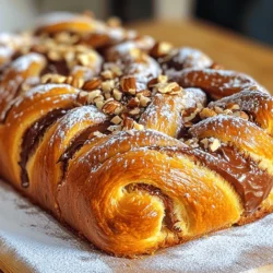 To make a great Chocolate Hazelnut Babka, you need some key ingredients. Each one plays an important role in the flavor and texture. - 4 cups all-purpose flour: This is the base of your dough. It gives structure and chewiness. - 2 tablespoons granulated sugar: This adds sweetness and helps with browning. - 1 teaspoon salt: Salt enhances flavor and balances the sweetness. - 2 teaspoons instant dry yeast: This helps the dough rise, making it light and fluffy. - 1 cup whole milk, warmed to 110°F (43°C): Warm milk activates the yeast and adds richness. - 2 large eggs, plus 1 egg for the wash: Eggs bind the dough and add moisture. - 1/4 cup unsalted butter, melted and slightly cooled: Butter adds flavor and tenderness. - 1 cup chocolate hazelnut spread: This is the star filling that makes the babka so delightful. - 1/2 cup hazelnuts, finely chopped: Nuts add crunch and nutty flavor. - 1 tablespoon water (for egg wash): This helps create a shiny crust. - Optional: powdered sugar for dusting: A sweet touch for presentation. You can swap some ingredients if needed. For example, use almond milk instead of whole milk or try a different nut spread if you like. Accurate measurements are key to baking success. Here are some tips to measure correctly: - Use dry measuring cups for flour and sugar. Fill the cup and level it off with a knife. - Use liquid measuring cups for milk and melted butter. Check the measurement at eye level. - For small amounts, use teaspoons and tablespoons. Make sure to scrape the spoon to get the right amount. If you need conversions: - 1 cup = 16 tablespoons - 1 tablespoon = 3 teaspoons When picking ingredients, quality matters. Here are some tips: - Chocolate hazelnut spread: Nutella is a popular choice, but look for artisanal brands for richer flavors. - Flour: King Arthur Flour is a trusted brand. It has a consistent quality. - Butter: Use a good-quality unsalted butter for the best taste. Choosing fresh ingredients makes your babka taste so much better. Always read labels and select options with natural ingredients. To start, you need to mix wet and dry ingredients. In a large bowl, whisk together 4 cups of all-purpose flour, 2 tablespoons of granulated sugar, 1 teaspoon of salt, and 2 teaspoons of instant dry yeast. This mix creates the base of your dough. Next, in another bowl, combine 1 cup of warmed milk (110°F or 43°C), 2 large eggs, and 1/4 cup of melted butter. Pour this wet mix into the dry ingredients. Stir with a wooden spoon until you create a sticky dough. The dough’s consistency is key. It should be soft and a bit tacky but not overly wet. If it is too dry, add a splash of milk. Now, it’s time to knead the dough. Transfer it onto a lightly floured surface. Use the heel of your hands to push the dough away from you, then fold it back. Repeat this for about 8-10 minutes. The dough should become smooth and elastic. Once you knead it well, place the dough in a greased bowl. Cover it with a damp cloth and let it rise in a warm spot. It should double in size in 1-2 hours. The warmth helps the yeast grow, making the dough fluffy. After the first rise, gently press down on the dough to deflate it. Roll it out on a floured surface into a large rectangle, about 16x24 inches. Now comes the fun part: adding the filling. Spread 1 cup of chocolate hazelnut spread evenly on the dough, leaving a 1-inch border. Sprinkle 1/2 cup of finely chopped hazelnuts over the spread. Next, carefully roll the dough from one long edge to the other, creating a log shape. Pinch the seams to seal them well. Slice the log in half lengthwise to reveal those beautiful swirls. Twist the two halves together, making a spiral. Place the twisted dough in a greased loaf pan. Cover the loaf pan again with a cloth. Let it rise for another 30-45 minutes until it puffs up. This second rise gives the babka its light texture. While it rises, preheat your oven to 350°F (175°C). Before baking, prepare an egg wash. In a small bowl, whisk together the remaining egg and 1 tablespoon of water. Brush this mixture over the top of the risen babka for a golden crust. Bake the babka for 30-35 minutes. It should be golden brown, and a toothpick should come out clean when inserted in the center. Now you have a delicious chocolate hazelnut babka to enjoy! To get the right texture, watch the dough closely. The dough should feel smooth and elastic after kneading. It usually takes about 8-10 minutes of kneading. If the dough sticks to your hands, add a little flour. If it’s too dry, dampen it with a tiny bit of water. Look for these signs to know your dough is ready: - Puffiness: The dough should double in size during the first rise. - Touch test: When you poke it, the dough should spring back. Common mistakes can ruin your babka. Make sure your yeast is fresh. If it’s old, the dough won’t rise well. Also, avoid over-kneading. This can make the dough tough instead of light and fluffy. Serving your babka can be fun! Here are some creative ideas: - Slice it neatly and arrange on a rustic wooden board. - Drizzle extra chocolate hazelnut spread over the top. - Garnish with whole hazelnuts or a sprinkle of powdered sugar. For a visual treat, try stacking the slices at an angle. This showcases the beautiful swirls inside. You can also serve it warm with a side of whipped cream for extra flair. Babka pairs great with drinks. Here are some ideas: - Coffee: The rich flavors of coffee enhance the chocolate. - Tea: A warm cup of tea balances the sweetness. Enjoy babka at special times. It’s perfect for breakfast, brunch, or dessert. Share it at family gatherings or celebrations. Your friends and family will love it! {{image_4}} You can change the filling in your babka for fun. Try using different spreads like fruit jam or cream cheese. Each option gives a unique taste. If you want, mix it up! Use a blend of chocolate hazelnut spread and almond butter for a nutty twist. Also, consider adding dried fruits like cherries or apricots for sweetness. Adding spices to your babka dough can make it special. A hint of cinnamon or a drop of vanilla can change everything. Citrus zest also brings a fresh taste. For example, lemon zest adds brightness. Just a little can make a big difference in flavor. A simple glaze can take your babka to the next level. Mix powdered sugar with milk for a sweet finish. Brush it on right after baking. For a crunch, try adding toppings like chopped nuts or toasted coconut. These add texture and visual appeal. You can even sprinkle powdered sugar on top for that elegant look. To keep your babka fresh, store it at room temperature. Wrap it tightly in plastic wrap. This helps maintain moisture and flavor. Avoid putting it in the fridge, as it can dry out. If you want to enjoy it later, follow these steps to keep it tasty. Freezing your babka is a smart way to save it. First, let the babka cool completely. Then, wrap it in plastic wrap and place it in a freezer bag. Be sure to remove as much air as you can. This will help prevent freezer burn. It stays fresh for about two to three months. When you want to eat it, move it to the fridge overnight to thaw slowly. For best quality, use it within a month after thawing. To reheat your babka, the oven works best. Preheat it to 350°F (175°C). Place the babka in the oven for about 10-15 minutes. This warms it up without drying it out. You can also wrap it in foil to keep it soft. Avoid using the microwave, as it can make the babka chewy. Enjoy your warm, fresh-tasting babka! Yes, you can make your babka ahead of time. Prepare the dough and let it rise. After the first rise, you can wrap the dough tightly in plastic wrap and store it in the fridge for up to 24 hours. Just remember to let it come to room temperature before rolling it out. You can also shape it and let it rise in the fridge. Bake it the next day for that fresh-baked taste. If you don’t have whole milk, you can use several substitutes. Almond milk, oat milk, or soy milk work well. These options will change the flavor slightly but still yield a tasty babka. If you have it, you can also mix water with heavy cream to make a similar milk texture. To check if your babka is done, look for a golden brown top. You can also use a toothpick to test it. Insert it into the center. If it comes out clean, your babka is ready. Another sign is that the babka should sound hollow when you tap the bottom. Absolutely! You can mix in chopped fruits like bananas or berries to enhance the flavor. You can also add spices like cinnamon or even orange zest for a fresh twist. Just keep in mind that adding too much moisture could affect the texture of the babka. You now have a complete guide to making the perfect chocolate hazelnut babka. We covered important ingredients, precise measuring techniques, and tips for success throughout the baking process. I shared ways to get creative with fillings, flavors, and presentation. Remember, practice makes perfect, so don’t be afraid to experiment. Your babka can bring joy to any occasion when stored and served with care. Enjoy your baking adventure and savor every delicious bite!