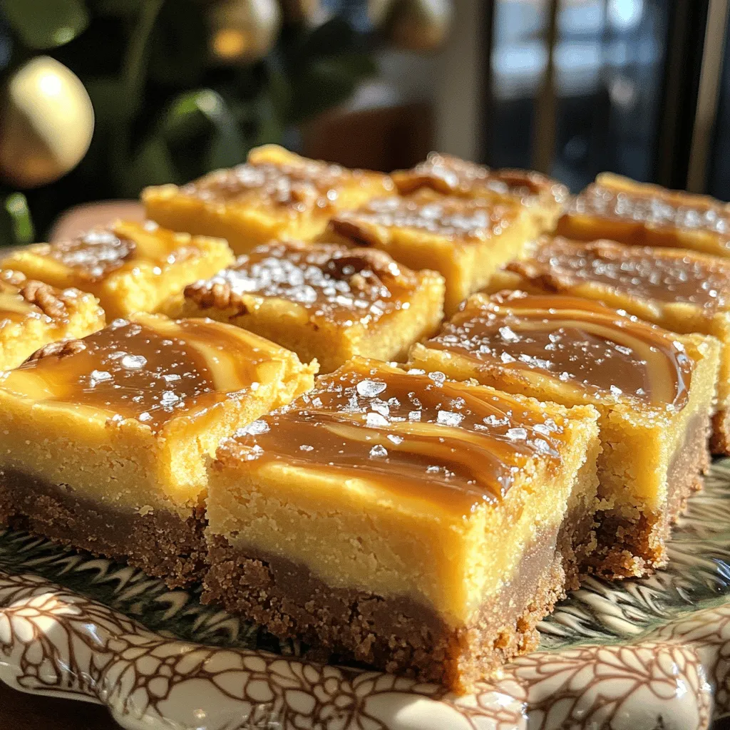 To make delicious brown butter caramel pecan blondies, you will need: - 1 cup unsalted butter - 1 cup packed brown sugar - 1/2 cup granulated sugar - 2 large eggs, at room temperature - 2 teaspoons pure vanilla extract - 2 cups all-purpose flour - 1/2 teaspoon baking powder - 1/4 teaspoon fine sea salt - 1 cup pecans, coarsely chopped - 1/2 cup caramel sauce (store-bought or homemade) If you don't have some ingredients, here are some easy swaps: - Use salted butter instead of unsalted. Just skip the added salt. - Brown sugar can be replaced with coconut sugar for a different flavor. - For eggs, use 1/4 cup applesauce per egg for a vegan option. - All-purpose flour can be swapped with a gluten-free blend. Choosing the right ingredients can make a big difference. Here are some tips: - Butter: Go for high-quality unsalted butter for the best flavor. - Pecans: Look for fresh pecans. They should smell nutty, not rancid. - Vanilla: Use pure vanilla extract, not imitation, for richer taste. - Caramel Sauce: If making your own, use good quality sugar for best results. First, preheat your oven to 350°F (175°C). This step is crucial for even baking. Next, grab a 9x13 inch baking pan. Lightly grease it with butter or oil. You can also line it with parchment paper. This makes it easy to lift out the blondies later. Now, let’s make the brown butter. Place 1 cup of unsalted butter in a medium saucepan. Heat it over medium heat. Watch it carefully as it melts. Stir it often for about 5–7 minutes. The butter will turn golden brown and smell nutty. This is the key to rich flavor. Once it’s brown, remove the pan from heat. Let the butter cool for a few minutes. In a large bowl, mix 1 cup packed brown sugar with 1/2 cup granulated sugar. Pour in your slightly cooled brown butter. Stir until it’s smooth. Next, add 2 large eggs, one at a time. Mix well after each egg. Add 2 teaspoons of pure vanilla extract and stir again. In another bowl, sift together 2 cups of all-purpose flour, 1/2 teaspoon baking powder, and 1/4 teaspoon fine sea salt. Slowly fold this dry mix into the wet ingredients. Be gentle, as overmixing can make the blondies tough. Finally, fold in 1 cup of coarsely chopped pecans evenly into the batter. Now your batter is ready for the baking pan! Overmixing can lead to tough blondies. To prevent this, combine the dry and wet ingredients until just mixed. You want some lumps in the batter. Gently fold in the pecans without stirring too much. This keeps your blondies soft and chewy. Swirling caramel can be tricky. After pouring the caramel over the batter, use a knife to create swirls. Don’t mix it in completely. This way, you keep distinct layers of caramel and blondie. The contrast will look and taste amazing. Watch out for these common mistakes when making brown butter caramel pecan blondies: - Burning the butter: Keep an eye on the stove. The butter can go from brown to burnt quickly. - Not cooling the butter: Let the brown butter cool slightly before adding it to the sugar. This helps the eggs stay fresh. - Using too much flour: Measure flour correctly. Too much flour makes the blondies dry and crumbly. Use a spoon to scoop flour into your measuring cup, then level it off. These tips will help ensure your blondies turn out perfectly every time! {{image_4}} You can boost your blondies with chocolate chips or other nuts. Adding a cup of semi-sweet chocolate chips makes these treats even richer. Walnuts or almonds also work well. Just fold them in with the pecans for extra crunch and flavor. For a gluten-free version, swap all-purpose flour with a gluten-free blend. Many blends work well in baking and can give you a similar texture. Make sure to check for a brand that includes xanthan gum for better results. You can enhance the flavor of your blondies easily. A sprinkle of sea salt on top brings out the sweetness. You can also add spices like cinnamon or nutmeg to the batter. These spices add warmth and depth, making your blondies unique. To keep your blondies fresh, store them in an airtight container. This method locks in moisture and flavor. If you have leftovers, place a layer of parchment paper between the blondies. This prevents them from sticking together. You can also wrap them in plastic wrap for extra protection. Keep them stored at room temperature for up to three days. If you want to keep them longer, consider freezing. To enjoy your blondies warm, preheat your oven to 350°F (175°C). Place the blondies on a baking sheet. Heat them for about 5 to 10 minutes. This method revives their soft texture and brings out the caramel flavor. If you prefer, you can microwave them. Heat each blondie for about 10 to 15 seconds. Be careful not to overheat, as they can become tough. Freezing blondies is a great way to save them for later. First, let them cool completely. Then, slice them into squares. Wrap each piece tightly in plastic wrap. Place the wrapped pieces in a freezer-safe bag or container. Label the bag with the date. You can freeze them for up to three months. When you’re ready to enjoy them, thaw them at room temperature before reheating. Yes, you can use margarine. However, it will change the flavor. Butter gives a rich, nutty taste. Margarine lacks this depth. If you decide to use margarine, choose a high-quality brand. This will help keep the blondies moist and tasty. You can use several options. Common substitutes include: - 1/4 cup unsweetened applesauce (per egg) - 1/4 cup mashed banana (per egg) - 1 tablespoon ground flaxseed mixed with 3 tablespoons water (let sit for 5 minutes) These options work well. They help bind the batter together, just like eggs. These blondies last about 3 to 5 days at room temperature. Keep them in an airtight container. This will help keep them fresh. If you want them to last longer, store them in the fridge. They can last up to a week there. This blog post covered key points for making the best blondies. We discussed the right ingredients, helpful tips, and common mistakes to avoid. We also explored fun variations and smart storage methods. Remember, using quality ingredients makes a big difference. Don’t rush the mixing or baking process. By following these steps, you can create amazing blondies that everyone will love. Enjoy your baking!