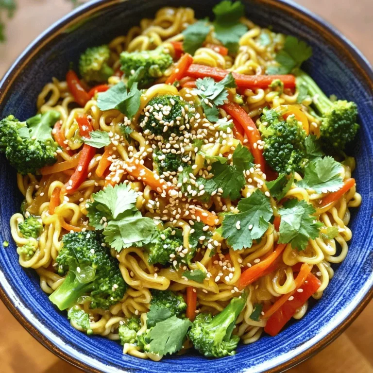- Fresh ramen noodles - Sesame oil - Fresh ginger and garlic - Broccoli florets - Red bell pepper - Carrot - Soy sauce - Rice vinegar - Honey or maple syrup When making Sesame Ginger Ramen Noodles, fresh ramen noodles are key. They cook quickly and give a great texture. I love using sesame oil for its nutty flavor. Fresh ginger and garlic add warmth and depth to the dish. For vegetables, I prefer broccoli florets, red bell pepper, and carrot. These veggies add color and crunch. Broccoli gives a nice bite, while red bell pepper adds sweetness. Carrots bring a lovely crunch, making the dish more fun to eat. The sauce is simple, yet full of flavor. I mix soy sauce, rice vinegar, and honey or maple syrup. This blend gives a sweet and tangy taste. If you're vegan, maple syrup is a great choice. It works well with the other flavors. Each ingredient plays an important role. Together, they create a quick and flavorful dish that you'll love. To begin, fill a large pot with water. Add a pinch of salt. Bring the water to a rolling boil. Once it boils, add the fresh ramen noodles. Cook them for about 3-4 minutes until they are al dente. Drain the noodles in a colander and set them aside. Make sure all the water runs off. While the noodles cook, take a large skillet or wok. Place it over medium heat. Add 2 tablespoons of sesame oil and let it warm. Once hot, add 1 tablespoon of finely grated ginger and 2 minced garlic cloves. Stir the mixture for about 1-2 minutes until it is fragrant and golden. Next, add 1 cup of broccoli florets, 1 sliced red bell pepper, and 1 julienned carrot to the skillet. Stir-fry the vegetables for about 5-7 minutes. Toss them regularly until they become tender-crisp and vibrant in color. This will keep them crunchy and fun to eat. In a small bowl, whisk together 2 tablespoons of soy sauce, 1 tablespoon of rice vinegar, and 1 tablespoon of honey or maple syrup. Pour this sauce over the sautéed vegetables in the skillet. Ensure every piece gets moistened. Carefully add the drained ramen noodles to the skillet. Use tongs or a fork to toss everything together. Make sure the noodles are coated with the sauce and mixed well with the vegetables. Cook for an additional 2-3 minutes on medium heat. Stir occasionally to warm everything through. Remove from heat and serve in warmed bowls. Garnish with chopped green onions, sesame seeds, and fresh cilantro. To get the best ramen, cook the noodles for 3-4 minutes. This time gives you al dente noodles, which have a nice bite. After cooking, rinse the noodles under cold water. This step stops the cooking process and prevents them from sticking together. You can switch up the sauce for more taste. Try using teriyaki sauce or hoisin sauce for a new twist. Add toppings like crushed peanuts or sesame seeds for crunch. If you want more protein, include chicken, tofu, or shrimp. Simply cook the protein first, then mix it with the noodles and veggies. Serve your ramen with lime wedges for a zesty kick. You can also add chili flakes for some heat. For a pretty presentation, use fresh cilantro and green onions as garnishes. Arrange everything nicely in a bowl for a dish that looks as good as it tastes. {{image_4}} You can easily make this dish vegan. Just swap honey with maple syrup. This keeps the sweetness without using any animal products. You can also add more plant-based ingredients. Think about using mushrooms, spinach, or bell peppers. These add great flavors and nutrients. You can mix and match any veggies you have on hand. If you want to add protein, chicken, tofu, or shrimp work well. For chicken, slice it thin and cook it with the vegetables. Tofu can be pressed and cubed. Sauté it until golden. Shrimp cooks quickly, so add it near the end. Marinating your proteins in soy sauce or ginger helps boost flavor. This gives your dish an extra kick. Feel free to get creative with vegetables. Use seasonal veggies like snap peas, zucchini, or bok choy. You can also substitute based on what you have. If you prefer, skip the broccoli and add green beans or cabbage. This makes the dish flexible and fun. Enjoy tailoring it to your tastes or what’s fresh at the market! To store leftover sesame ginger ramen noodles, place them in an airtight container. Make sure to let them cool to room temperature first. This helps avoid steam build-up, which can make them soggy. You can keep them in the fridge for up to three days. If you want to keep them longer, consider freezing them. Frozen noodles can last up to three months. Just remember that freezing may change their texture slightly. When reheating ramen noodles, use a skillet or a pot. Heat a bit of sesame oil over low heat. Add the noodles and a splash of water or broth. Stir gently to heat evenly. This method helps keep the noodles from becoming mushy. You can also use a microwave. Place the noodles in a bowl with a little water and cover with a damp paper towel. Heat in short bursts, stirring in between, until hot. The key is to warm them slowly to preserve flavor and texture. Yes, you can use instant noodles. They cook faster and are easy to find. However, fresh ramen noodles taste better and have a nice chew. Instant noodles can be a bit mushy if overcooked. If you are short on time, instant noodles work well. Just be careful not to overboil them. To add heat, try these ideas: - Add red pepper flakes while cooking. - Toss in chopped fresh chili peppers. - Use a spicy soy sauce or sriracha. - Mix in a dash of hot sesame oil. These options let you control the spice level. Adjust to your taste! Yes, you can meal prep Sesame Ginger Ramen Noodles. Cook the noodles and vegetables ahead of time. Store them in airtight containers in the fridge. Keep the sauce separate to prevent sogginess. When ready to eat, reheat everything in a pan. This dish tastes great even the next day! This blog post covered how to make delicious Sesame Ginger Ramen Noodles. You learned about key ingredients like fresh ramen, ginger, and vibrant veggies. I explained step-by-step cooking, tips for perfect texture, and flavor ideas. Remember, feel free to customize the dish to your taste with proteins or seasonal vegetables. Storing and reheating are simple, so leftovers stay tasty. Enjoy this easy recipe, and make it your own!