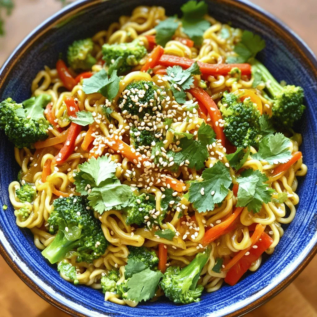 - Fresh ramen noodles - Sesame oil - Fresh ginger and garlic - Broccoli florets - Red bell pepper - Carrot - Soy sauce - Rice vinegar - Honey or maple syrup When making Sesame Ginger Ramen Noodles, fresh ramen noodles are key. They cook quickly and give a great texture. I love using sesame oil for its nutty flavor. Fresh ginger and garlic add warmth and depth to the dish. For vegetables, I prefer broccoli florets, red bell pepper, and carrot. These veggies add color and crunch. Broccoli gives a nice bite, while red bell pepper adds sweetness. Carrots bring a lovely crunch, making the dish more fun to eat. The sauce is simple, yet full of flavor. I mix soy sauce, rice vinegar, and honey or maple syrup. This blend gives a sweet and tangy taste. If you're vegan, maple syrup is a great choice. It works well with the other flavors. Each ingredient plays an important role. Together, they create a quick and flavorful dish that you'll love. To begin, fill a large pot with water. Add a pinch of salt. Bring the water to a rolling boil. Once it boils, add the fresh ramen noodles. Cook them for about 3-4 minutes until they are al dente. Drain the noodles in a colander and set them aside. Make sure all the water runs off. While the noodles cook, take a large skillet or wok. Place it over medium heat. Add 2 tablespoons of sesame oil and let it warm. Once hot, add 1 tablespoon of finely grated ginger and 2 minced garlic cloves. Stir the mixture for about 1-2 minutes until it is fragrant and golden. Next, add 1 cup of broccoli florets, 1 sliced red bell pepper, and 1 julienned carrot to the skillet. Stir-fry the vegetables for about 5-7 minutes. Toss them regularly until they become tender-crisp and vibrant in color. This will keep them crunchy and fun to eat. In a small bowl, whisk together 2 tablespoons of soy sauce, 1 tablespoon of rice vinegar, and 1 tablespoon of honey or maple syrup. Pour this sauce over the sautéed vegetables in the skillet. Ensure every piece gets moistened. Carefully add the drained ramen noodles to the skillet. Use tongs or a fork to toss everything together. Make sure the noodles are coated with the sauce and mixed well with the vegetables. Cook for an additional 2-3 minutes on medium heat. Stir occasionally to warm everything through. Remove from heat and serve in warmed bowls. Garnish with chopped green onions, sesame seeds, and fresh cilantro. To get the best ramen, cook the noodles for 3-4 minutes. This time gives you al dente noodles, which have a nice bite. After cooking, rinse the noodles under cold water. This step stops the cooking process and prevents them from sticking together. You can switch up the sauce for more taste. Try using teriyaki sauce or hoisin sauce for a new twist. Add toppings like crushed peanuts or sesame seeds for crunch. If you want more protein, include chicken, tofu, or shrimp. Simply cook the protein first, then mix it with the noodles and veggies. Serve your ramen with lime wedges for a zesty kick. You can also add chili flakes for some heat. For a pretty presentation, use fresh cilantro and green onions as garnishes. Arrange everything nicely in a bowl for a dish that looks as good as it tastes. {{image_4}} You can easily make this dish vegan. Just swap honey with maple syrup. This keeps the sweetness without using any animal products. You can also add more plant-based ingredients. Think about using mushrooms, spinach, or bell peppers. These add great flavors and nutrients. You can mix and match any veggies you have on hand. If you want to add protein, chicken, tofu, or shrimp work well. For chicken, slice it thin and cook it with the vegetables. Tofu can be pressed and cubed. Sauté it until golden. Shrimp cooks quickly, so add it near the end. Marinating your proteins in soy sauce or ginger helps boost flavor. This gives your dish an extra kick. Feel free to get creative with vegetables. Use seasonal veggies like snap peas, zucchini, or bok choy. You can also substitute based on what you have. If you prefer, skip the broccoli and add green beans or cabbage. This makes the dish flexible and fun. Enjoy tailoring it to your tastes or what’s fresh at the market! To store leftover sesame ginger ramen noodles, place them in an airtight container. Make sure to let them cool to room temperature first. This helps avoid steam build-up, which can make them soggy. You can keep them in the fridge for up to three days. If you want to keep them longer, consider freezing them. Frozen noodles can last up to three months. Just remember that freezing may change their texture slightly. When reheating ramen noodles, use a skillet or a pot. Heat a bit of sesame oil over low heat. Add the noodles and a splash of water or broth. Stir gently to heat evenly. This method helps keep the noodles from becoming mushy. You can also use a microwave. Place the noodles in a bowl with a little water and cover with a damp paper towel. Heat in short bursts, stirring in between, until hot. The key is to warm them slowly to preserve flavor and texture. Yes, you can use instant noodles. They cook faster and are easy to find. However, fresh ramen noodles taste better and have a nice chew. Instant noodles can be a bit mushy if overcooked. If you are short on time, instant noodles work well. Just be careful not to overboil them. To add heat, try these ideas: - Add red pepper flakes while cooking. - Toss in chopped fresh chili peppers. - Use a spicy soy sauce or sriracha. - Mix in a dash of hot sesame oil. These options let you control the spice level. Adjust to your taste! Yes, you can meal prep Sesame Ginger Ramen Noodles. Cook the noodles and vegetables ahead of time. Store them in airtight containers in the fridge. Keep the sauce separate to prevent sogginess. When ready to eat, reheat everything in a pan. This dish tastes great even the next day! This blog post covered how to make delicious Sesame Ginger Ramen Noodles. You learned about key ingredients like fresh ramen, ginger, and vibrant veggies. I explained step-by-step cooking, tips for perfect texture, and flavor ideas. Remember, feel free to customize the dish to your taste with proteins or seasonal vegetables. Storing and reheating are simple, so leftovers stay tasty. Enjoy this easy recipe, and make it your own!