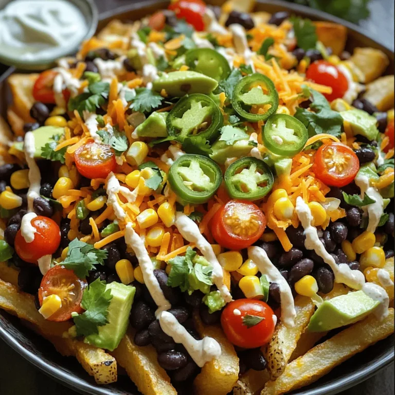 To make these tasty vegan loaded nacho fries, you need: - 4 large russet potatoes, cut into fries - 1 tablespoon olive oil - 1 teaspoon garlic powder - 1 teaspoon smoked paprika - Salt and pepper to taste - 1 cup canned black beans, drained and rinsed - 1 cup corn (fresh, frozen, or canned) - 1 cup cherry tomatoes, halved - 1 avocado, diced - 1/2 cup dairy-free cheese shreds (optional) - 1/4 cup fresh cilantro, chopped - 1/4 cup vegan sour cream (optional) - 2 tablespoons sliced jalapeños (optional, for a spicy kick) Each ingredient plays a key role. The russet potatoes give the fries their structure. Olive oil helps them crisp up in the oven. Garlic powder and smoked paprika add depth to the flavor. Black beans and corn provide protein and texture. Cherry tomatoes and avocado add freshness, while dairy-free cheese gives that cheesy feel. You can customize your nacho fries with various toppings. Feel free to add: - Extra diced avocado for creaminess - More fresh cilantro for a pop of color - Vegan sour cream for extra richness - Sliced jalapeños for heat - A squeeze of lime juice for brightness These toppings enhance the dish and let you express your taste. For extra flavor, consider these seasonings: - Cumin for warmth - Chili powder for heat - Onion powder for sweetness Experiment with these seasonings to find your perfect flavor balance. Each adds a unique twist to your vegan loaded nacho fries. Start by preheating your oven to 425°F (220°C). This hot oven helps to make the fries crispy and golden. Take 4 large russet potatoes and cut them into fry shapes. Place them in a large bowl. Drizzle 1 tablespoon of olive oil over the fries. Add 1 teaspoon of garlic powder, 1 teaspoon of smoked paprika, and salt and pepper to taste. Toss everything together. Make sure each fry is coated with the mix. This seasoning gives great flavor. Spread the seasoned fries on a baking sheet lined with parchment paper. Ensure they are in a single layer for even cooking. Bake in the oven for 25-30 minutes. Flip the fries halfway through for a nice golden color. While the fries bake, mix your toppings. In a bowl, combine 1 cup of drained black beans, 1 cup of corn, and 1 cup of halved cherry tomatoes. If you like spice, add 2 tablespoons of sliced jalapeños. Stir gently and set the mixture aside. This adds color and crunch. When the fries are done, take them out of the oven. If you want extra creaminess, sprinkle 1/2 cup of dairy-free cheese shreds on top of the hot fries. Return the baking sheet to the oven for 5 minutes. The cheese will melt, making it ooey-gooey. Get a large serving platter. Pile the crispy fries high. Spoon the black bean and corn mix over the fries. Make sure each fry gets some toppings. Next, add fresh diced avocado and a sprinkle of chopped cilantro. If you want, add dollops of vegan sour cream on top. This makes the dish look vibrant and delicious! To make your fries crispy, follow a few simple steps. First, cut your russet potatoes into even strips. This will help them cook evenly. Next, soak the cut fries in cold water for about 30 minutes. This removes excess starch, giving you that perfect crisp. After soaking, dry them well with a towel. Toss the fries with olive oil and seasonings to coat. Spread them in a single layer on a baking sheet. Bake at 425°F (220°C) for 25-30 minutes. Flip them halfway through for even browning. If you don’t have some ingredients, don't worry! You can swap out the black beans for pinto beans or lentils. Use frozen corn instead of fresh if you’re in a hurry. Cherry tomatoes can be replaced with diced bell peppers for a different taste. For the cheese, try cashew cheese or nutritional yeast for a cheesy flavor without dairy. You can even use sweet potatoes for a sweeter twist on your fries. When you are ready to serve, pile your loaded nacho fries high on a large platter. This makes for a great centerpiece. Add extra toppings like diced jalapeños or a squeeze of lime for a zesty kick. Offer vegan sour cream on the side for dipping. You can also add a fresh salad or guacamole for a balanced meal. This dish is perfect for movie nights or casual gatherings with friends. {{image_4}} You can easily add more heat to your nacho fries. Start by adding more jalapeños. You can also use spicy black beans or a zesty hot sauce. For an extra kick, mix in some diced green chilies or sprinkle crushed red pepper flakes on top. The heat pairs well with the creamy avocado and cool vegan sour cream. If you love cheese, go for extra dairy-free cheese shreds. You can try different types, like pepper jack or cheddar. Just sprinkle the cheese on top of the hot fries. Then, pop it back in the oven for a few minutes until it melts. This gives your nachos a gooey, cheesy goodness that everyone loves. You can change your nacho fries with the seasons. In summer, use fresh corn and ripe tomatoes. In fall, add roasted pumpkin or butternut squash for a sweet twist. Winter brings hearty toppings like sautéed kale or roasted Brussels sprouts. Each season offers new flavors that keep your nacho fries exciting and tasty. To keep your vegan loaded nacho fries fresh, store them in an airtight container. Let the fries cool completely before sealing them. This step prevents condensation that can make them soggy. You can store them in the fridge for up to three days. When you're ready to enjoy your leftovers, preheat your oven to 350°F (175°C). Spread the fries on a baking sheet. Reheat them for about 10 to 15 minutes. This method helps regain their crispiness. If you have toppings, like beans or cheese, consider adding them in the last few minutes to warm through without overcooking. If you want to store your nacho fries for a longer time, freezing is a great option. First, let the fries cool completely. Spread them in a single layer on a baking sheet and freeze for about one hour. Once frozen, transfer the fries to a freezer-safe bag or container. They can last up to one month in the freezer. When ready to eat, reheat directly from frozen, adding a few extra minutes to the cooking time. Yes, you can prepare the fries ahead of time. Cut the potatoes and toss them with oil and spices. Store them in the fridge for up to 24 hours. When you're ready, bake them straight from the fridge for a quick meal. You can use mashed avocado or a cashew cream instead of dairy-free cheese. Nutritional yeast also adds a cheesy flavor without the dairy. Try these options to keep your nacho fries tasty and creamy. Yes, these nacho fries are gluten-free. Potatoes are naturally gluten-free, and the other ingredients are also gluten-free. Always check the labels on canned goods to ensure there are no hidden gluten sources. To give your fries a spicy kick, add sliced jalapeños on top. You can also mix some cayenne pepper into the seasoning blend. For extra heat, toss in some hot sauce before serving. Enjoy the spicy flavor! Vegan loaded nacho fries are simple to make and delicious to eat. We covered the main ingredients, toppings, and seasonings you can use. I shared step-by-step instructions for preparing and baking your fries, plus tasty tips for serving and variations. Store your leftovers properly and enjoy them later. Remember, making these nacho fries allows for creative freedom in the kitchen. Experiment with flavors, and have fun! Enjoy your delicious creation.