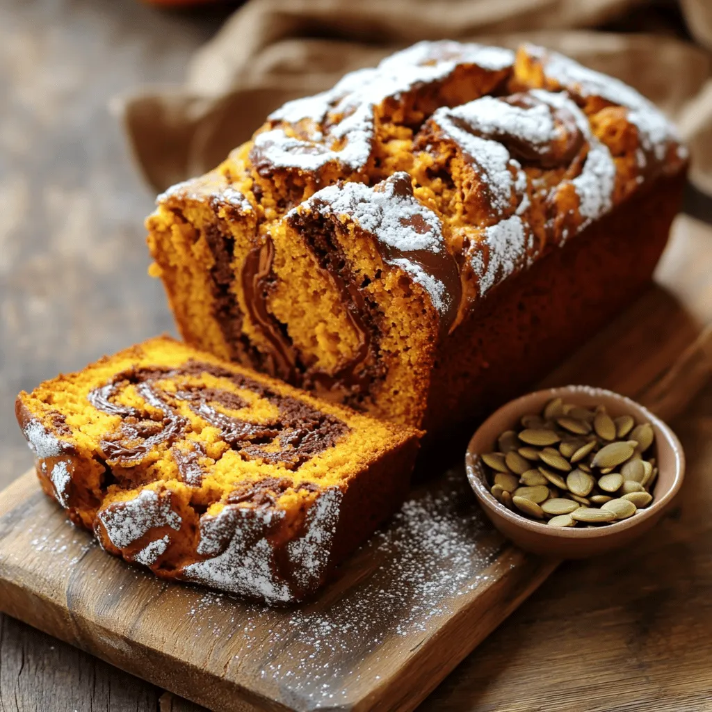 - 1 cup canned pumpkin puree - 1/2 cup vegetable oil - 2 large eggs - 1 cup packed brown sugar - 1/2 cup granulated sugar - 1 teaspoon vanilla extract - 1 ½ cups all-purpose flour - 1 teaspoon baking soda - 1/2 teaspoon baking powder - 1 teaspoon ground cinnamon - 1/2 teaspoon ground nutmeg - 1/4 teaspoon ground ginger - 1/4 teaspoon salt - 1/2 cup Nutella In this recipe, you will need some tasty ingredients. First, get a cup of canned pumpkin puree. This adds flavor and moisture. Next, grab half a cup of vegetable oil for richness. You will need two large eggs to bind everything together. For sweetness, you will use a cup of packed brown sugar and half a cup of granulated sugar. Don't forget one teaspoon of vanilla extract for a lovely aroma. You will need one and a half cups of all-purpose flour for the base. For leavening, include a teaspoon of baking soda and half a teaspoon of baking powder. The spices make it special: one teaspoon of ground cinnamon, half a teaspoon of ground nutmeg, a quarter teaspoon of ground ginger, and a quarter teaspoon of salt. Finally, you will need half a cup of Nutella. This is what makes the swirl and adds that rich chocolate flavor. Each ingredient plays an important role in making this bread an irresistible fall treat. With these ingredients, you can create a warm, comforting loaf that fills your kitchen with delightful scents. - Set your oven temperature to 350°F (175°C) - Prepare the loaf pan with cooking spray or butter - Combine pumpkin puree, vegetable oil, eggs, brown sugar, granulated sugar, and vanilla extract - Whisk until smooth - In a separate bowl, mix all-purpose flour, baking soda, baking powder, spices, and salt - Whisk to distribute evenly - Gradually add dry ingredients to wet mixture, stirring gently - Ensure not to over-mix - Pour half of the batter into the loaf pan - Add and swirl Nutella - Bake for 55-65 minutes - Check doneness with a toothpick - Make sure all your ingredients are at room temperature. This helps the batter mix well. - Use a toothpick to check if the bread is done. Insert it into the center. It should come out clean or with a few moist crumbs. - Slice the bread and arrange it on a rustic wooden board for a nice look. - Drizzle some extra Nutella over the slices. Dust them with powdered sugar for added sweetness. - If your bread is dense, you may have over-mixed the batter. Mix just enough to combine the wet and dry ingredients. - If the bread is too sweet, try reducing the sugar in the next batch. You can also add a pinch of salt to balance the flavors. {{image_4}} You can make this bread gluten-free! Just swap all-purpose flour with a gluten-free blend. Many brands offer great mixes that work well in baking. Look for blends that include xanthan gum for better texture. This change keeps the bread moist and tasty while being safe for gluten-free diets. Want to customize your Nutella swirl pumpkin bread? You can add nuts like walnuts or pecans for crunch. Chocolate chips make it sweeter and more decadent. You can also mix in spices like cloves or allspice for a warm flavor. Each mix-in adds a fun twist to your bread. Fall is a great time to try new spices. You can add pumpkin pie spice for extra fall flavor. A sprinkle of maple sugar on top gives a sweet touch. For a fun twist, try using caramel sauce instead of Nutella. It creates a different taste but is still delicious! To keep your Nutella swirl pumpkin bread fresh, store it in an airtight container. Place it at room temperature. This helps keep the bread soft and moist. If you live in a humid area, the bread may last a bit less time. If you want to freeze your pumpkin bread, slice it first. Wrap each slice tightly in plastic wrap. Then, place the wrapped slices in a freezer bag. This way, you can enjoy a piece anytime you want. When ready to eat, just thaw the slice at room temperature. To reheat your bread, use a microwave or oven. For the microwave, heat one slice for about 10-15 seconds. In the oven, place it at 350°F for about 5-10 minutes. This keeps the bread moist and tasty. Avoid high heat to prevent drying it out. Yes, you can use fresh pumpkin. Fresh pumpkin has a bright flavor and adds nutrition. To prepare fresh pumpkin, cut it in half, remove seeds, and roast it until soft. Then, scoop out the flesh and mash it until smooth. This will give your bread a lovely texture and taste. Aim for about one cup of fresh pumpkin, similar to the canned version. Just make sure it is well-drained to avoid excess moisture in your bread. To boost the chocolate flavor, add more Nutella. You can swirl in extra dollops before baking. Another option is to mix in chocolate chips. Use semi-sweet or dark chocolate chips for a richer taste. You can also sprinkle cocoa powder into the dry mix for an extra chocolate kick. Just be careful not to overdo it, as too much chocolate can change the bread’s texture. If your bread sinks, it might be due to underbaking. Always check doneness with a toothpick. Insert it into the center; it should come out clean or with a few moist crumbs. Another reason for sinking could be overmixing. When combining wet and dry ingredients, mix gently. Overmixing can add air, which may cause the bread to rise and then fall. Lastly, ensure your oven is at the right temperature. An oven thermometer can help with accuracy. This blog post covered how to make delicious pumpkin bread with Nutella. You learned the ingredients needed and the simple steps to follow. I shared tips for baking and storage options to keep your bread fresh. You can even explore fun variations, like gluten-free options or mix-ins. Remember, the key to great pumpkin bread is in the mixing and the right oven temperature. Enjoy baking, and don’t be afraid to get creative with your flavors!