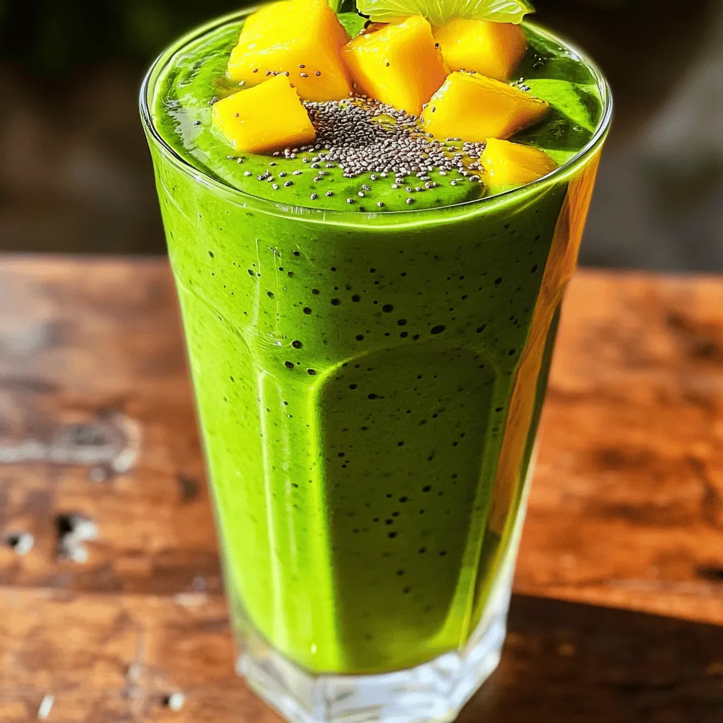 For the Tropical Green Smoothie, you need the following fresh and vibrant ingredients: - 1 cup fresh spinach leaves - 1 ripe banana - 1/2 cup diced pineapple (can be fresh or frozen) - 1/2 cup mango chunks (can be fresh or frozen) - 1/2 avocado, peeled and pitted - 1 cup coconut water - 1 tablespoon chia seeds - 1 tablespoon honey or agave syrup (optional for added sweetness) - Juice of 1/2 lime Each ingredient adds vital nutrients and flavor. Spinach gives you lots of vitamins. Bananas add natural sweetness and creaminess. Pineapple and mango brighten the smoothie with tropical flavor. The avocado makes it rich and smooth. Coconut water hydrates and is refreshing. Chia seeds offer fiber and omega-3s. Honey or agave syrup can sweeten the mix if needed. Lime juice adds a zesty touch and balances the flavors. This mix makes a delicious drink that tastes like a vacation! - Washing and measuring spinach: Start by rinsing 1 cup of fresh spinach under cool water. Shake off the excess water and measure it out. This leafy green adds vitamins and a vibrant color. - Ripening and slicing the banana: Grab a ripe banana. Peel it and break it into small pieces. This fruit adds natural sweetness and creaminess to your smoothie. - Cutting the pineapple and mango: If using fresh pineapple, slice it into small cubes. Measure out 1/2 cup. For the mango, peel it and cut it into chunks. You will need 1/2 cup for this recipe. Both fruits bring tropical flavor and nutrients. - Creating the base with spinach: In your blender, start with the fresh spinach. This helps create a smooth base for your drink. - Adding fruits and avocado: Next, toss in the banana pieces, pineapple, and mango chunks. Don’t forget to scoop in 1/2 of an avocado. This adds creaminess and healthy fats. - Incorporating coconut water and chia seeds: Pour in 1 cup of coconut water for hydration. Sprinkle on 1 tablespoon of chia seeds for extra fiber and omega-3s. - Blending to desired consistency: Blend on high speed. Mix until the smoothie is smooth and creamy. If it’s too thick, add a splash more coconut water and blend again. - Adjusting sweetness and flavor: Taste your smoothie. If you want it sweeter, add honey or agave syrup. Blend again to mix it in. - Serving suggestions: Pour the smoothie into tall glasses. Garnish with a slice of lime or a sprinkle of chia seeds. Enjoy with a fun straw to make it extra special! To make your Tropical Green Smoothie taste great, use ripe fruits. Ripe fruits like bananas, pineapples, and mangoes add natural sweetness. They also give a rich flavor. If you want extra sweetness, you can choose between honey and agave. Honey has a strong flavor, while agave is milder. Finding the right consistency is key. If your smoothie is too thick, add more coconut water. Blend again until smooth. If it is too thin, add more spinach or avocado for thickness. This helps balance the flavors and makes it creamy. Make your smoothie look fun and inviting. Garnish it with a slice of lime or a sprinkle of chia seeds on top. These touches add color and texture. Serve your smoothie in tall glasses with colorful straws. This makes it feel like a treat. Enjoy your creation and share it with friends! {{image_4}} - Spinach: This leafy green is packed with nutrients. Spinach is rich in vitamins A, C, and K. It also contains iron, which helps your blood carry oxygen. Eating spinach can boost your immune system and improve your skin health. - Avocado: Avocado provides healthy fats. These fats can help lower bad cholesterol levels. They are also high in fiber, which aids in digestion. Eating avocado can keep you full longer and support heart health. - Chia seeds: Chia seeds are tiny but mighty. They are high in omega-3 fatty acids, which help reduce inflammation. These seeds also add fiber to your smoothie, helping you feel satisfied. Plus, they can absorb water and expand, which is great for hydration. - Estimated calories per serving: This Tropical Green Smoothie has about 200-250 calories per serving, depending on any added sweeteners. - Macronutrient composition: Each serving contains roughly: - 5g of protein - 30g of carbohydrates - 10g of healthy fats This balanced mix of nutrients makes your smoothie a great option for a healthy snack or breakfast. You can switch up the fruits in your Tropical Green Smoothie. Try using passion fruit or kiwi for a new twist. If you want a sweeter taste, add more banana or mango. You can also substitute fresh fruits with frozen ones. Frozen fruits keep your smoothie cold and thick. If you don't have avocado, use a spoonful of nut butter. It gives a creamy texture too. Coconut water is great, but you can use almond milk or oat milk. These options keep it light and tasty. You can also add protein sources like protein powder or dairy-free yogurt. These will make your smoothie more filling. If you want some extra fiber, try adding flax seeds or hemp seeds. Using seasonal fruits makes your smoothie taste fresh. In summer, add ripe peaches or berries. In winter, try using oranges or pomegranate seeds. This way, your smoothies will always be exciting. You can also adjust your recipe based on what you find at the farmer's market. This keeps your meals fresh and helps support local farmers. Yes, you can use frozen fruits in this smoothie. They help keep your drink cold and refreshing. Frozen fruits also make the smoothie thicker. Just be sure the fruits are ripe before freezing for the best taste. You should drink this smoothie right after making it. If you need to store it, keep it in the fridge for up to 24 hours. Make sure to use an airtight container. The longer it sits, the more it may separate. Shake or stir before drinking. Yes, this smoothie is vegan. All the ingredients are plant-based. The honey can be replaced with agave syrup for a fully vegan option. Enjoy this smoothie without worrying about animal products. Chia seeds are tiny powerhouses of nutrition. They are high in fiber, which helps digestion. They also contain omega-3 fatty acids, good for heart health. Plus, chia seeds absorb water, which helps you feel full longer. Adding them boosts the nutrition of your smoothie. This blog post shared how to make a tasty smoothie using fresh and healthy ingredients. We covered the list of ingredients, like spinach, fruits, and coconut water. I provided step-by-step instructions for preparing and blending, along with tips and tricks for flavor and presentation. We also discussed the health benefits of ingredients like avocado and chia seeds. Smoothies are simple to make and can be changed to suit your taste. Enjoy experimenting with different fruits and flavors!