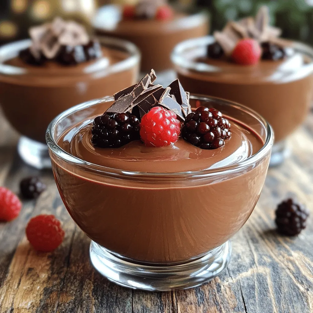 I use 1 cup of full-fat Greek yogurt for this mousse. This yogurt gives the mousse its creamy texture. It also adds protein, making this dessert a bit healthier. The richness of the yogurt balances well with the chocolate. The recipe calls for 1 cup of dark chocolate chips. I prefer chocolate with 70% cacao or more. This gives the mousse a deep, rich flavor. The dark chocolate melts nicely and blends into the yogurt, creating that luscious texture. You will need 2 tablespoons of honey or maple syrup. You can adjust this based on how sweet you want your mousse. I also add 1 teaspoon of pure vanilla extract for extra flavor. A pinch of fine sea salt enhances the taste of the chocolate. For garnishing, you can use shaved chocolate, fresh berries, or chopped nuts. These add a nice touch to the dessert's final look and taste. To start, take your dark chocolate chips. Place them in a microwave-safe bowl. Heat them in 30-second bursts. Stir after each time. Keep heating until the chocolate is smooth and shiny. You can also use a double boiler. Just set it over low heat and stir until melted. Next, grab a medium bowl. Add in the full-fat Greek yogurt. Mix in honey or maple syrup for sweetness. Then, add the pure vanilla extract and a pinch of sea salt. Whisk everything until it is smooth and creamy. Make sure there are no lumps in the mix. Now it’s time to add the melted chocolate. Let it cool a bit first. If it's hot, it can curdle the yogurt. Carefully pour the melted chocolate into the yogurt mixture. Use a silicone spatula to fold the ingredients together. Be gentle to keep the mousse light and fluffy. Keep folding until fully blended. After mixing, taste the mousse. If you want it sweeter, add more honey or maple syrup and stir. Spoon the mousse into individual serving cups. Cover each cup with plastic wrap. Place them in the fridge for at least an hour. For the best flavor, make it a day ahead. To get the best texture, use full-fat Greek yogurt. It gives a creamy and smooth base. When mixing, whisk until there are no lumps. This step is key for a light mousse. After folding in the melted chocolate, be gentle. This keeps the mousse airy and fluffy. Taste your mousse before chilling it. If you want it sweeter, add more honey or maple syrup. Mix it well after adding. Adjusting the sweetness is easy. Everyone has different tastes, so make it just right for you. For melting chocolate, you can choose two methods. The microwave is quick. Use 30-second bursts, stirring each time. The double boiler is slower but gives great control. Place a bowl over simmering water and stir continuously. Either way, let the chocolate cool a bit before mixing. This helps prevent curdling the yogurt. {{image_4}} You can easily change the flavor of your mousse. Here are some ideas: - Coffee: Add a teaspoon of instant coffee to enhance the chocolate taste. - Citrus: Mix in some orange or lemon zest for a bright twist. - Spices: A pinch of cinnamon or nutmeg can add warmth and depth. - Nut Butters: Swirl in almond or peanut butter for added creaminess. These small changes can create a whole new experience. Feel free to experiment and find your favorite! If you want to change the sweetener, you have options. You can use: - Agave syrup: A great vegan choice that is sweeter than honey. - Stevia: A low-calorie option if you want to cut sugar. - Coconut sugar: This gives a lovely caramel flavor. - Date syrup: A natural choice with rich flavor and nutrients. Adjust the amount based on the sweetener's sweetness level. This way, you can make the mousse just right for your taste! You can make this mousse vegan and dairy-free too. Here’s how: - Yogurt: Use coconut yogurt or almond yogurt instead of Greek yogurt. - Chocolate: Choose dairy-free dark chocolate chips. - Sweeteners: Stick to maple syrup or agave for sweetness. These swaps keep the mousse creamy and delicious without dairy. You can enjoy a rich dessert that fits your dietary needs! Store your Greek yogurt chocolate mousse in the fridge. Use airtight containers. This keeps it fresh and tasty. Make sure to cover each serving well with plastic wrap. The mousse needs at least one hour to set fully. If you make it a day ahead, that’s even better! You can freeze the mousse if you want to keep it longer. Put the mousse in freezer-safe containers. Leave some space at the top for expansion. When you want to enjoy it, thaw it in the fridge overnight. Avoid refreezing, as it may change the texture. The mousse lasts about 3 to 5 days in the fridge. Check for any changes in smell or texture before eating. If it looks or smells off, it’s best to toss it. For frozen mousse, it stays good for about one month. Always label your containers with dates for easy tracking. Yes, you can use other types of yogurt. Greek yogurt makes this mousse rich and creamy. If you want a lighter texture, try regular yogurt. Just know that the taste and thickness may change. Absolutely! This mousse is kid-friendly. Greek yogurt adds protein, while dark chocolate brings a rich taste. You can adjust the sweetness with honey or maple syrup to suit their taste. The mousse needs at least 1 hour to set. Placing it in the refrigerator helps it thicken and become fluffy. For best taste, make it a day ahead. This lets the flavors blend nicely. Cocoa powder can work, but it will change the texture. You would need to mix it with a little oil or melted butter for creaminess. Start with about 1/3 cup of cocoa powder to replace 1 cup of chocolate chips. Adjust sweetness as needed. You now have a simple guide to make a delicious chocolate mousse. We explored key ingredients like yogurt and chocolate. The step-by-step instructions made it easy to follow. Remember to check out the tips for texture and sweetness. You can also try creative variations and proper storage methods. Mousse can be fun and flexible based on your needs. Enjoy your tasty treat and feel proud of your creation. Happy cooking!