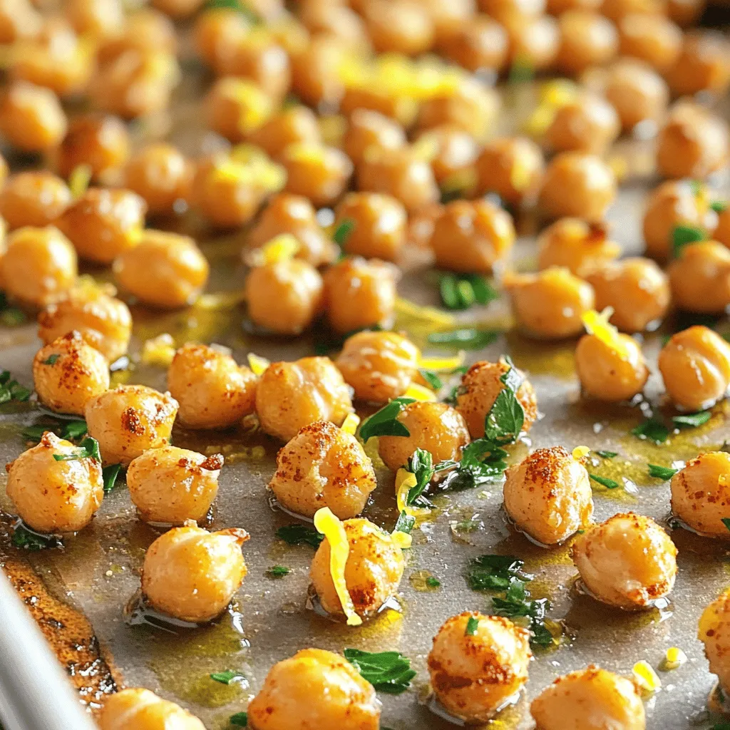 - 1 can (15 oz) chickpeas, drained and thoroughly rinsed - 2 tablespoons extra virgin olive oil - 1 teaspoon garlic powder - ½ teaspoon smoked paprika - ½ teaspoon ground cumin - Zest of 1 fresh lemon - 2 tablespoons freshly squeezed lemon juice - Salt and freshly ground black pepper to taste - Fresh parsley, finely chopped (for garnish) When you make lemon garlic roasted chickpeas, the main star is the chickpeas. They provide protein and fiber. The olive oil keeps them crisp and adds flavor. Garlic powder brings a punch, while smoked paprika offers a warm, rich taste. Cumin adds earthiness, while lemon zest and juice brighten up the dish. A sprinkle of salt and pepper rounds it all out. Finally, fresh parsley adds color and freshness. - Baking sheet and parchment paper - Mixing bowl and kitchen towel For this recipe, you will need a few tools. A baking sheet lined with parchment paper helps with easy cleanup and prevents sticking. A mixing bowl is perfect for tossing the chickpeas with oil and spices. A kitchen towel helps dry the chickpeas, making them crispier. - Caloric content per serving - Health benefits of chickpeas One serving of lemon garlic roasted chickpeas has about 120 calories. Chickpeas are not just tasty; they are full of nutrients. They have protein, fiber, and many vitamins. Eating chickpeas can help keep you full and satisfied. They are also good for your heart and digestive health. Plus, they are low in fat, making them a smart snack choice. 1. First, preheat your oven to 400°F (200°C). This helps the chickpeas crisp up nicely. 2. Line a baking sheet with parchment paper. This makes for easy cleanup and prevents sticking. 3. Next, spread the rinsed chickpeas on a clean kitchen towel. 4. Gently pat them dry with another towel. This step is key! Removing moisture makes them crispy. 1. In a large mixing bowl, combine the dried chickpeas with 2 tablespoons of olive oil. 2. Add 1 teaspoon of garlic powder, ½ teaspoon of smoked paprika, and ½ teaspoon of ground cumin. 3. Zest one fresh lemon and squeeze in 2 tablespoons of lemon juice. 4. Season with salt and pepper to taste. 5. Toss everything together well. You want every chickpea to be coated in flavor. 1. Pour the seasoned chickpeas onto the lined baking sheet. Spread them out in a single layer. This spacing helps them roast evenly. 2. Place the baking sheet in the oven. Roast for 25-30 minutes until they are golden brown. 3. Remember to shake the pan halfway through. This ensures all sides get nice and crispy. 4. Once done, take them out and let them cool for about 5 minutes. Taste and adjust seasoning if needed. 5. Just before serving, sprinkle finely chopped parsley on top for color and flavor. To get that perfect crunch, start by drying the chickpeas well. After rinsing, spread them on a clean kitchen towel. Pat them dry gently until no moisture remains. This step is key. Too much water means less crispiness. Next, use the right oven temperature. Preheat your oven to 400°F (200°C). This high heat helps the chickpeas roast quickly. The result? A golden brown and crunchy snack that you won't want to stop eating. Want to boost the taste? You can add more spices or herbs to the mix. Consider adding cayenne pepper for heat or rosemary for a fresh twist. You can also try other citrus flavors, like lime or orange. Each brings a new taste and keeps things exciting. When serving, think about how to wow your guests. Use a vibrant dish or bowl to showcase the chickpeas. For gatherings, pair them with tzatziki or hummus. This adds fun and flavor to your snack table. To make it even prettier, sprinkle chopped fresh parsley on top. This adds color and a fresh aroma to your dish. Enjoy your lovely, crispy lemon garlic roasted chickpeas! {{image_4}} You can spice up your chickpeas easily. Try adding cayenne pepper for a kick. This small change gives your snack a bold, zesty flavor. If you prefer herbs, mix in rosemary or thyme. These herbs add a fresh taste that complements the lemon perfectly. If you want to save time, use an air fryer. It cooks the chickpeas faster and gives them a nice crunch. You can also roast them on the stovetop. This method offers a different texture, making them crispy on the outside and soft inside. These chickpeas are vegan and gluten-free, making them great for many diets. If you want to lower the salt, simply cut back on the added salt. You can still enjoy a tasty snack while sticking to your dietary needs. To keep your lemon garlic roasted chickpeas fresh, store them in an airtight container. This helps keep out air and moisture. If you have leftovers, let them cool completely before sealing. For best results, place a paper towel at the bottom of the container. This will help absorb any moisture that might make them soggy. Keep the container in a cool, dry place, like a pantry. When you want to enjoy your roasted chickpeas again, the oven works best. Preheat your oven to 350°F (175°C). Spread the chickpeas on a baking sheet and heat for about 10 minutes. This will help them regain crunchiness. Avoid using the microwave. It can make them soft and chewy. If you do use it, heat them in short bursts and check often. Refrigerated roasted chickpeas last about 3-4 days. If you notice any off smells or a change in texture, it’s best to toss them. Watch for signs of spoilage like a slimy feel or mold, which means they are no longer safe to eat. Roast chickpeas at 400°F (200°C) for 25-30 minutes. This time gives them a nice crunch. Remember to shake the pan halfway through to ensure even roasting. If you like them extra crispy, you can leave them in for a few more minutes. Just watch them closely to avoid burning. Yes, you can use dried chickpeas. Start by soaking them overnight. After soaking, cook them until tender. This takes about 1-2 hours. Once cooked, follow the same steps in the recipe. Make sure to dry them well before roasting to get that perfect crunch. These chickpeas make a great snack on their own. You can also add them to salads for extra crunch. They pair nicely with dips like tzatziki or hummus. Try serving them with grilled meats or roasted vegetables for a tasty meal. In this guide, we explored how to make delicious Lemon Garlic Roasted Chickpeas. We covered the ingredients, equipment, and step-by-step instructions. You learned tips to achieve extra crispiness and variations to enhance flavor. Remember the best storage practices to keep them fresh and tasty. Enjoy these chickpeas as a snack or meal addition. They're healthy and packed with flavor. With this recipe, you can impress friends and family at any gathering. Happy cooking!