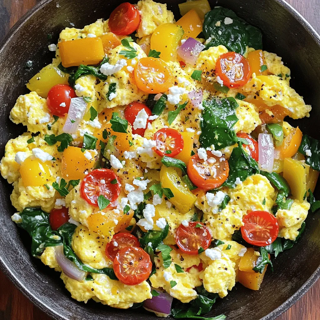- 4 large eggs - 1/4 cup milk (or dairy-free alternative) - 1 cup fresh spinach, finely chopped - 1/2 bell pepper, diced - 1/4 cup red onion, finely diced - 1/2 cup cherry tomatoes, halved - 1 tablespoon extra virgin olive oil - Salt, to taste - Freshly ground black pepper, to taste - 1/4 cup feta cheese, crumbled - Fresh herbs like parsley or chives for garnish - Use egg whites for a lower-fat option. - Almond or oat milk works well as a dairy-free choice. - Swap feta for avocado for a creamy texture without dairy. - Add mushrooms or zucchini for more veggie goodness. Start by cracking 4 large eggs into a medium bowl. Add 1/4 cup of milk or your favorite dairy-free milk. Use a whisk to blend them until smooth and fluffy. This step is key for a light texture. Don’t forget to add salt and freshly ground black pepper to taste. This boosts the flavor right from the start. In a non-stick skillet, heat 1 tablespoon of extra virgin olive oil over medium heat. Once the oil shimmers, add 1/4 cup of finely diced red onion and 1/2 diced bell pepper. Sauté for about 3 minutes, stirring often. You want the veggies to soften and smell fragrant. After that, stir in 1 cup of finely chopped fresh spinach and 1/2 cup of halved cherry tomatoes. Cook for another 2-3 minutes. The spinach should wilt, and tomatoes should soften. Now, it’s time to add the eggs. Carefully pour the egg mixture into the skillet. Use a spatula to fold the eggs gently into the veggie mix. Let the eggs cook undisturbed for about 5-7 minutes. Stir occasionally to prevent sticking. You want the eggs fully set and fluffy. If you like, sprinkle 1/4 cup of crumbled feta cheese on top before removing from heat. This adds a tasty touch. Finish by garnishing with fresh herbs. It makes the dish look vibrant and inviting. To make fluffy scrambled eggs, start with fresh eggs. Crack them into a bowl and add milk. Whisk until smooth. This step adds air and makes them light. Season with salt and pepper for taste. Use a non-stick skillet for easy cooking. Heat it over medium until it shimmers. Pour in the egg mixture gently. Cook slowly, stirring occasionally, until fully set. This method keeps your eggs fluffy and soft. For the best vegetable texture, chop them small. This helps them cook evenly and blend well with the eggs. Start with onions and bell peppers; sauté them for about three minutes. They should be soft but not mushy. Next, add spinach and cherry tomatoes. Cook just until the spinach wilts. This gives a nice contrast to the fluffy eggs. Remember, overcooking will make the veggies watery. Seasonings bring your scramble to life. Use fresh herbs like parsley or chives. These add brightness and aroma. Don’t forget the salt and freshly ground black pepper. You can also try adding spices like paprika or chili flakes. For a creamy twist, sprinkle crumbled feta on top. It melts slightly and adds a salty kick. Taste as you go to find your perfect balance. {{image_4}} To make your veggie loaded egg scramble more filling, add protein. You can mix in cooked sausage, bacon, or ham. For a healthier option, try turkey sausage. If you prefer plant-based, tofu or tempeh works well too. Just sauté these proteins with your veggies. This makes the meal richer and keeps you satisfied longer. If you want a vegetarian scramble, keep the eggs or use egg substitute like Just Egg. For a vegan twist, swap the eggs with a chickpea flour mix. Combine chickpea flour with water and spices, then cook it like eggs. This gives you a fluffy, tasty scramble without animal products. Don't forget to load it up with your favorite veggies! Seasonal veggies can change your scramble's flavor. In spring, add asparagus or peas for freshness. In summer, zucchini and corn bring sweetness. Fall is great for mushrooms and kale. Winter often calls for root veggies like sweet potatoes or carrots. Use what's fresh to create a new twist on this dish every season. To keep your veggie loaded egg scramble fresh, store it in an airtight container. Make sure it cools down first before sealing. This helps keep moisture at bay. You can safely store it in the fridge for up to three days. Label the container with the date so you can keep track. When you're ready to enjoy your leftovers, use the stove or microwave. If using the stove, heat a non-stick skillet over low heat. Add a splash of olive oil or a bit of water to help steam the eggs. Stir gently until heated through. If using a microwave, place the scramble in a microwave-safe dish. Cover it loosely and heat for about 1-2 minutes. Stir halfway through to heat evenly. If you want to make this dish ahead of time, freezing is a great option. Allow the scramble to cool completely before freezing. Portion it into freezer-safe bags or containers. Remove as much air as possible to prevent freezer burn. It can last for up to three months in the freezer. When you're ready to eat, thaw it in the fridge overnight before reheating. To make the scramble spicier, you can add diced jalapeños or red pepper flakes. Both options bring heat and flavor. Start with a small amount, then taste and add more if needed. You can also use hot sauce or spicy salsa for extra kick. Pair these with the veggies for a tasty meal. Yes, you can use egg whites instead of whole eggs. Egg whites are lower in calories and fat. They provide protein without the richness of yolks. Use about 8 egg whites for this recipe. The scramble will still be delicious, but it may lack some creaminess. Consider adding a splash of milk or a touch of cheese for added flavor. Many vegetables work well in this scramble. You can try zucchini, mushrooms, or kale. These veggies add different textures and tastes. Broccoli and asparagus are also great choices. Feel free to mix and match based on your preferences. Using seasonal veggies can make your scramble even tastier! This blog post shared key ingredients, step-by-step cooking, and helpful tips for your dish. You learned how to make fluffy scrambled eggs, customize flavors, and adjust for dietary needs. Remember to store leftovers properly and explore different variations. Cooking allows for fun and creativity. Use what you learned today to make delicious meals. Enjoy your cooking adventures!